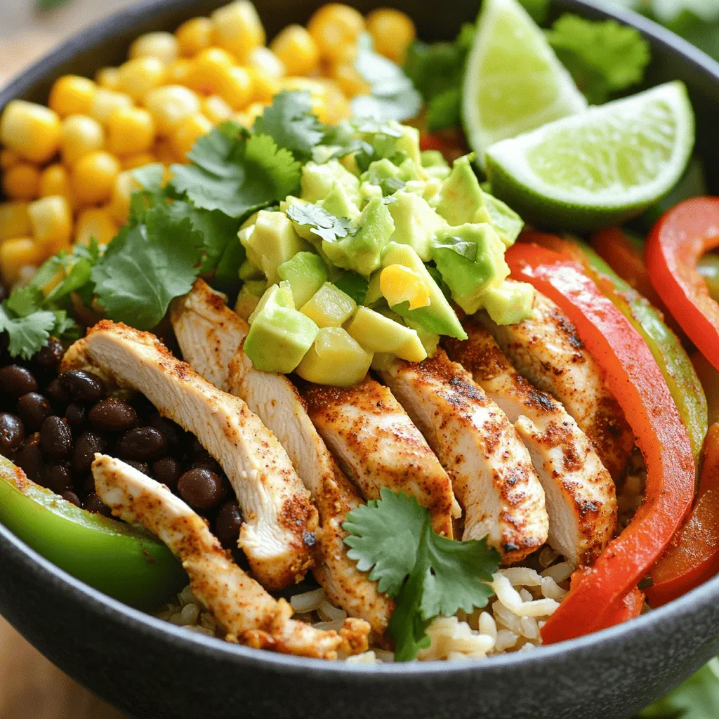 - 1 pound boneless, skinless chicken breasts, sliced - 1 red bell pepper, sliced - 1 green bell pepper, sliced - 1 medium onion, sliced - 2 teaspoons chili powder - 1 teaspoon cumin - 1 teaspoon paprika - 1 teaspoon garlic powder - Salt and pepper to taste - 2 cups cooked brown rice or quinoa - 1 cup black beans, rinsed and drained - 1 avocado, diced - 1 cup corn (fresh or frozen) - Fresh cilantro, chopped (for garnish) - Lime wedges (for serving) This recipe has many fresh ingredients. You will love how the spices mix with the chicken and veggies. The bright colors add a fun touch to your meal. Using lime at the end brings a zesty taste that wakes up all the flavors. You can find the full recipe above, so you know exactly what to do. - Combine chicken, peppers, onion, and spices in a large bowl. - Ensure everything is well-coated with olive oil and spices. I like to start by slicing the chicken and veggies. It makes cooking easier. I use a sharp knife to cut chicken into thin strips. Then, I slice the red and green bell peppers and onion. Next, I grab a large bowl. In this bowl, I combine the chicken, peppers, onion, and spices. This includes chili powder, cumin, and paprika. I drizzle olive oil over the mix. I make sure to coat everything well. This step helps the flavors blend nicely. - Heat skillet and add seasoned chicken and veggies. - Cook for about 5-7 minutes until chicken is cooked through. Once my mixture is ready, I heat a large skillet over medium-high heat. It’s important to get the skillet hot. I add the chicken and veggie mix to the skillet. I stir it often while it cooks. In about 5-7 minutes, the chicken should be fully cooked. The veggies will become tender and colorful. The aroma fills the kitchen, making it feel lively. - Prepare brown rice or quinoa. - Layer rice/quinoa, chicken mixture, beans, avocado, and corn in bowls. While the chicken cooks, I prepare my base. I cook brown rice or quinoa according to package instructions. Once the rice or quinoa is ready, I grab my bowls. I start with a scoop of rice or quinoa at the bottom. Then, I top it with a generous amount of the chicken mixture. I add black beans, diced avocado, and corn on top. The colors look fantastic together. I finish with fresh cilantro and serve lime wedges on the side. This adds a zesty touch to each bite. For the full recipe, check out the link! - Use a high-quality skillet for even cooking. This helps the chicken and veggies brown nicely. - Avoid overcrowding the pan for better browning. Cook in batches if needed. - Try alternative proteins like shrimp or tofu. These options add variety to your meals. - Replace brown rice with cauliflower rice for a low-carb option. It keeps the dish light and fresh. - Layer ingredients for a colorful display. This makes each bowl look inviting and fun. - Use lime wedges for added zest when serving. A squeeze of lime brightens the flavors. These tips ensure your Easy Chicken Fajita Bowls shine. For the full recipe, check out the details above. {{image_2}} You can easily make a vegetarian version of this dish. Just replace the chicken with grilled mushrooms or add more beans. This keeps it hearty and full of flavor. Grilled mushrooms add a nice umami taste. Extra beans give you protein and fiber. You can choose black beans or pinto beans for this twist. If you love heat, go for the spicy version. Add fresh jalapeños for a kick. You can also use a spicy chili powder instead of regular chili powder. This change brings out bold flavors. Just be careful with the spice level. Balance is key, so add small amounts and taste as you go. For those watching carbs, a low-carb version is simple. Use zucchini noodles instead of rice or quinoa. They mimic the texture of pasta and soak up flavors well. This swap keeps the meal light and fresh. You can spiralize zucchini easily with a simple tool. It’s a fun way to add veggies to your meal. For more details on making these variations, check the Full Recipe. Store your Easy Chicken Fajita Bowls in airtight containers. They last for up to 3-4 days in the fridge. Make sure they cool down before sealing. This helps keep them fresh and tasty. If you want to save some for later, freeze the cooked fajita mixture. Use a freezer-safe container and make sure to label it. This way, you can enjoy a quick meal anytime. Just remember to use it within 2-3 months for the best flavor. To reheat, you have two easy options. You can warm it on the stove over low heat, stirring often. Alternatively, use a microwave. Heat it in short bursts until it’s hot. Enjoy the same great taste as when you first made it! Yes, you can meal prep by storing components separately. This way, your chicken, veggies, and grains stay fresh. You can mix them together when you’re ready to eat. This makes busy nights much easier. Consider adding sour cream, cheese, or salsa for extra flavor. You can also include guacamole, jalapeños, or hot sauce if you want more spice. These toppings enhance the taste and give your bowls a personal touch. Increase the amount of chili powder or add fresh hot peppers. You can use jalapeños or serrano peppers for a kick. Just be careful not to overdo it, unless you love heat! Absolutely! It stores well and is easy to reheat. You can keep the chicken and veggies in one container, and the rice or quinoa in another. This way, you have a tasty meal ready to go when you need it. For the full recipe, check out the Easy Chicken Fajita Bowls section. In this article, we explored easy chicken fajita bowls, highlighting key ingredients like chicken and peppers. I shared simple steps to cook and assemble delicious meals. Remember, you can swap ingredients based on your taste or dietary needs. Whether you choose to meal prep or serve fresh, these bowls offer great flavor. With a few tips, you can impress anyone at the table. Enjoy creating your own fajita bowls and make them your way!