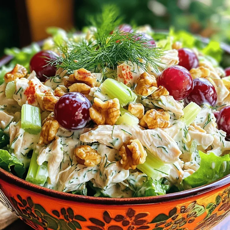To make Greek Yogurt Chicken Salad, you will need the following: - 2 cups cooked chicken breast, shredded - 1 cup Greek yogurt - 1/4 cup mayonnaise - 1 tablespoon Dijon mustard - 1/2 cup celery, finely chopped - 1/2 cup red grapes, halved - 1/4 cup walnuts, chopped - 1/4 cup red onion, finely diced - 1 tablespoon fresh dill, chopped (or 1 teaspoon dried dill) - Juice of 1 lemon - Salt and pepper to taste If you do not have some ingredients, here are some great substitutes: - Instead of chicken, you can use canned tuna or chickpeas for a twist. - Swap out Greek yogurt for sour cream if you want a creamier texture. - Use plain yogurt if you want a lighter option, but it won't be as thick. - Instead of walnuts, try pecans or almonds for a different crunch. - You can leave out mayonnaise for a healthier option, or use a vegan version. Each serving of Greek Yogurt Chicken Salad has about: - Calories: 280 - Protein: 24g - Carbohydrates: 10g - Dietary Fiber: 2g - Sugars: 3g - Fat: 16g This dish is a great source of protein and healthy fats, making it a balanced meal. To make Greek yogurt chicken salad, start by gathering your ingredients. You will need 2 cups of cooked chicken breast, shredded. In a large bowl, mix the Greek yogurt, mayonnaise, and Dijon mustard. Stir this until it is smooth and well combined. Next, add the shredded chicken to the bowl. Make sure to coat the chicken well in the yogurt mix. Now, fold in the chopped celery, halved grapes, chopped walnuts, diced red onion, and dill. These ingredients add great flavor and texture. Squeeze in the juice of one lemon. Finally, season with salt and pepper to your taste. Mix gently, so you do not break the grapes. Cover the bowl with plastic wrap. Place it in the fridge for at least 30 minutes. This lets the flavors blend nicely. When mixing, be careful not to over-stir. Gently fold ingredients to keep the grapes whole. This keeps the salad looking nice and fresh. If you prefer a creamier salad, add a bit more Greek yogurt or mayonnaise. Taste as you go. Adjust the salt and pepper for your liking. You can also add a bit of lemon juice for extra zing. For this salad, use cooked chicken breast. You can grill, bake, or poach it. Each method adds a different flavor. Grilling gives a smoky taste. Baking keeps it tender and juicy. Poaching is easy and keeps the chicken moist. Make sure the chicken is fully cooked. Use a meat thermometer to check the temperature. It should reach 165°F (75°C). After cooking, let it cool before shredding. This makes it easier to handle and incorporates into the salad. For the best results, shred the chicken by hand. This keeps the pieces chunky and adds to the salad's texture. For the complete recipe, check the Full Recipe. To make the best Greek yogurt chicken salad, start with cooked chicken. I prefer using shredded chicken for a soft texture. You can use rotisserie chicken for ease. Choose a high-quality Greek yogurt for creaminess. Mix it well with mayonnaise for a rich taste. To get the right consistency, avoid over-mixing. After adding your ingredients, gently fold them together. This keeps the grapes whole and adds a nice crunch. If the salad feels too thick, add a splash of lemon juice. This not only thins it but brightens the flavor too. You can enhance your chicken salad with various flavors. Fresh herbs like dill or parsley add freshness. Try adding a dash of hot sauce for heat. You can also mix in spices like garlic powder or smoked paprika. For sweetness, consider adding chopped apples or dried cranberries. For the complete recipe, check out the [Full Recipe]. {{image_2}} You can make Greek yogurt chicken salad low-carb with simple swaps. Use only Greek yogurt and skip the mayonnaise. Choose grilled chicken or rotisserie chicken for added flavor. Instead of grapes, use diced cucumbers for crunch. This keeps the salad light and fresh while cutting down on carbs. To make a tasty vegetarian version, replace chicken with chickpeas or tofu. Both options add protein and texture. You can also add shredded carrots for a sweet touch. Use plain Greek yogurt along with mustard for a creamy base. This gives the salad a rich flavor without meat. Want to add more texture? Try adding chopped bell peppers or diced apples. They bring a nice crunch and sweetness to the dish. You can also mix in sunflower seeds or pumpkin seeds for a nutty flavor. Fresh herbs like parsley or cilantro can brighten up the salad. Experiment with flavors to find your perfect mix! For a complete guide to making this dish, check the [Full Recipe]. To store your Greek Yogurt Chicken Salad, use an airtight container. Spoon the salad into the container and seal it tightly. This helps keep the flavors fresh and prevents spills. Always make sure to refrigerate it right after serving. Greek Yogurt Chicken Salad lasts about 3 to 5 days in the fridge. Check for any signs of spoilage, like changes in color or smell. If it looks or smells off, it's best to throw it away. I do not recommend freezing Greek Yogurt Chicken Salad. The yogurt and mayonnaise may separate when thawed, changing its texture. If you want to prepare ahead, make the chicken salad without the yogurt. You can freeze the chicken mix. Add yogurt and other fresh ingredients when you're ready to serve. Greek yogurt is a thick, creamy yogurt made from strained milk. It has a rich taste and packs a protein punch. I love using Greek yogurt in salads because it adds creaminess without too much fat. It replaces heavier dressings, making dishes lighter and healthier. Plus, it helps keep the salad fresh and tasty! Yes, you can make Greek Yogurt Chicken Salad ahead of time. In fact, doing this can boost the flavors. If you let it sit in the fridge for a few hours or overnight, the taste improves. Just cover it well to keep it fresh. Enjoy it the next day for a quick meal! I like to serve this salad on a bed of mixed greens. It looks pretty and adds more flavor. You can also use lettuce wraps for a fun twist. For a pop of color, garnish with extra dill or a sprinkle of paprika. This makes the dish even more appealing! Greek Yogurt Chicken Salad is simple to make and healthy to eat. We covered the needed ingredients, options for substitutes, and key nutritional info. I shared step-by-step instructions, mixing tips, and cooking methods for chicken. You learned best practices for achieving a creamy texture and flavorful twists. We also explored variations, storage tips, and answered common questions. Try this salad for a tasty meal. It's easy to adjust for your taste and needs. Enjoy making it often!