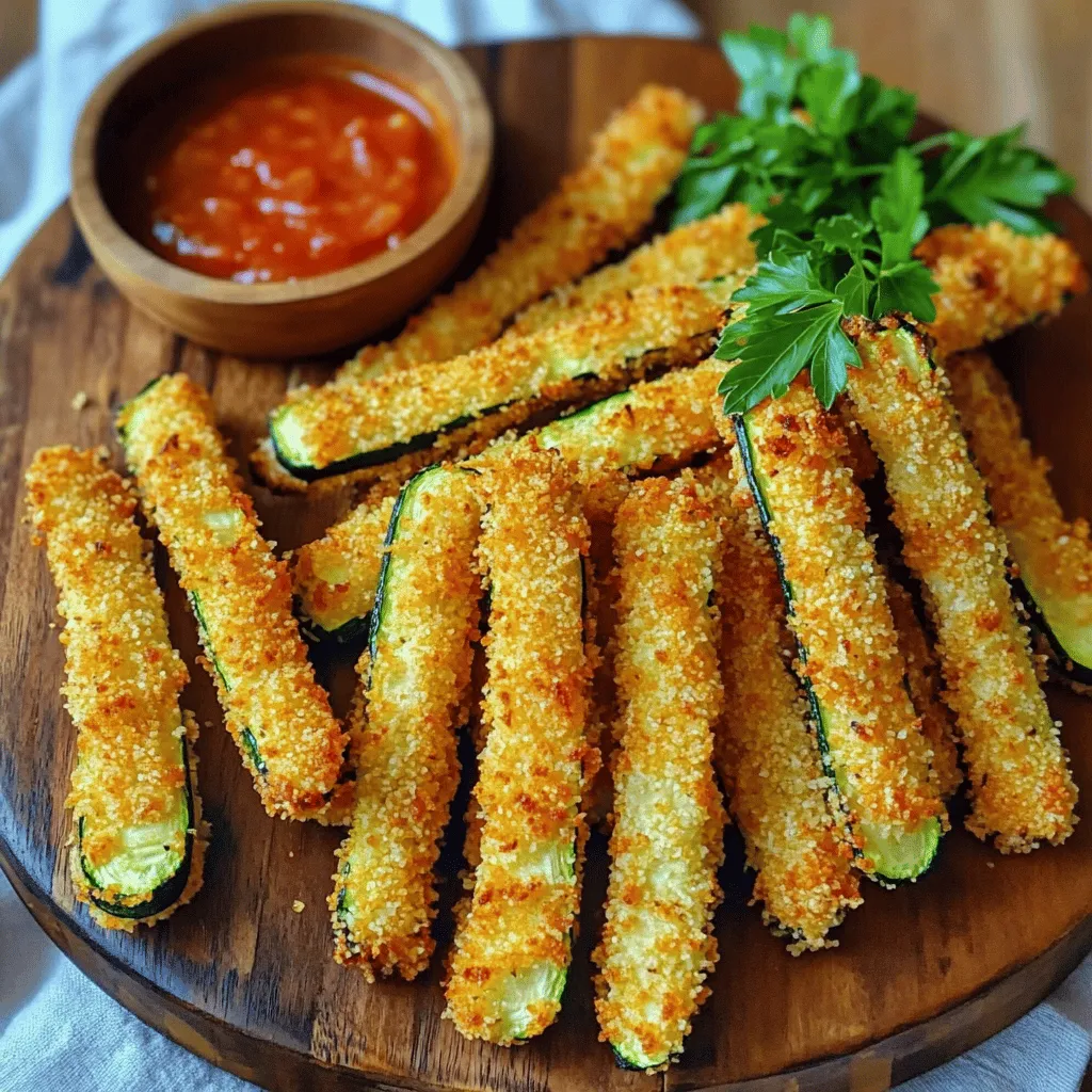 - 2 medium zucchinis - 1 cup breadcrumbs (panko recommended) - 1/2 cup grated Parmesan cheese - 1 teaspoon garlic powder - 1 teaspoon onion powder - 1 teaspoon dried Italian herbs (oregano, basil) - Salt and pepper to taste - 2 large eggs, beaten - Cooking spray Crispy air fryer zucchini fries start with fresh zucchinis. Choose firm, medium-sized ones for the best results. Panko breadcrumbs make these fries extra crunchy. Mixing in grated Parmesan adds a savory flavor. For seasoning, garlic and onion powders bring depth. Dried herbs like oregano and basil give a nice aroma. Adjust salt and pepper to your taste. You need two beaten eggs to help the breadcrumbs stick to the zucchini. A quick spray of cooking spray will stop the fries from sticking in the air fryer. For the full recipe, check out the complete details provided above. - Preheat the air fryer to 400°F (200°C). - Cut zucchinis into fry shapes. To start, set your air fryer to 400°F. This high heat gives us that crispy texture we all want. Next, grab your zucchinis and cut them into fry shapes. Aim for pieces that are about the same size. This helps them cook evenly. - Prepare the breadcrumb and seasoning mixture. - Coat zucchinis with beaten eggs and then breadcrumbs. Now, let’s make the coating. In a shallow bowl, mix breadcrumbs, Parmesan cheese, garlic powder, onion powder, and dried herbs. This blend adds great flavor. Set up a dredging station with a bowl of beaten eggs next to your breadcrumb mix. Dip each zucchini fry into the eggs first. Make sure it’s fully coated. Then, transfer it to the breadcrumb mix. Press down gently to ensure the crumbs stick well. - Arrange coated fries in the air fryer basket. - Air fry for 10-12 minutes, shaking halfway. Spray the air fryer basket lightly with cooking spray to prevent sticking. Place the coated fries in a single layer in the basket. Make sure they aren't crowded, as this helps them get crispy. Air fry the zucchini fries for 10-12 minutes. Remember to shake the basket halfway through cooking. This ensures they crisp up all around. When they turn golden brown, they are ready to enjoy. - Use panko breadcrumbs for extra crunch - Do not overcrowd the air fryer basket To get that perfect crispiness, I always reach for panko breadcrumbs. They give a light and crunchy texture that plain breadcrumbs can't match. When breading your zucchini fries, make sure they are not crammed together in the air fryer. If you pack them in too tightly, they won’t cook evenly or get that nice golden color. It's best to fry in smaller batches to keep them crispy. - Ensure even coating with the egg mixture - Press breadcrumbs firmly onto the zucchini For the best results, dip each zucchini fry in the egg mixture fully. This step helps the breadcrumbs stick well. After dipping, coat the fry with the breadcrumb mixture. Press down firmly to make sure the crumbs stick. This simple trick can make a huge difference in how crunchy your fries turn out. - Serve with marinara sauce or garlic aioli - Garnish with fresh parsley Once your crispy zucchini fries are done, pair them with a tasty dip. Marinara sauce and garlic aioli work great. They add flavor and make the fries even more fun to eat. Don’t forget to sprinkle some fresh parsley on top. It adds a nice touch and makes the dish look even better. These simple ideas will elevate your snacking experience! For the complete recipe, check out the Full Recipe. {{image_2}} You can easily change the flavor of your zucchini fries. Add cayenne pepper for a spicy kick. This small addition makes a big difference. Want a cheesy twist? Use different cheese options like cheddar or mozzarella. Both will give your fries a rich taste. If you want to try something new, substitute zucchini with eggplant or sweet potatoes. These veggies also fry up nice and crispy. You can even mix different vegetables for a colorful platter. Carrots and bell peppers will add great color and flavor. You don't have to stick to air frying. Baking in the oven is another great option. Just make sure to spread them out on a baking sheet. If you want a different texture, try pan-frying instead. This method gives a unique crunch to each fry. Keep leftover air fryer zucchini fries in an airtight container. They stay fresh for 2-3 days. If you let them sit too long, they will lose their crispiness. Reheat your zucchini fries in the air fryer. This restores their crispiness and makes them taste fresh. Do not use the microwave. It makes them soggy and less enjoyable. You can freeze uncooked coated zucchini fries for quick meals later. Place them in a freezer-safe bag. They will last up to 2 months in the freezer. When you're ready to cook, just pop them in the air fryer. This way, you have a tasty snack ready anytime! You can find the full recipe here to make these delicious snacks. To keep your zucchini fries crispy, make sure they are well-coated. This means the egg and breadcrumbs should stick well. It’s also key to avoid overcrowding in the air fryer. If fries are too close, steam can form and make them soft. Yes, you can prepare these zucchini fries ahead of time. Simply store the uncooked fries in the fridge or freezer. If you freeze them, just remember to separate them with parchment paper. This way, they won’t stick together. Zucchini fries taste great with several dips. I love marinara sauce for a classic touch. Ranch dressing adds a creamy flavor, while garlic aioli offers a nice kick. You can pick one or try them all! This blog post guides you to make tasty air fryer zucchini fries. You learned about the key ingredients, from zucchinis to panko breadcrumbs and seasoning. The step-by-step instructions make cooking easy. Tips for a crispy finish were also shared. Don’t forget to try variations like different veggies or spices. With proper storage, you can enjoy these fries later too. Now, it’s time to dive into making your own delicious zucchini fries!