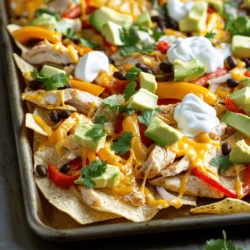 - 1 lb boneless chicken breast, sliced thinly - 1 red bell pepper, sliced - 1 yellow bell pepper, sliced - 1 medium onion, sliced - 2 tablespoons olive oil - 1 tablespoon fajita seasoning - 1 bag of tortilla chips (about 12 oz) - 2 cups shredded cheddar cheese - 1 cup black beans, rinsed and drained - 1 jalapeño, sliced (optional) - 1 avocado, diced - ½ cup sour cream - Fresh cilantro, for garnish When I make sheet-pan fajita nachos, I start with fresh, high-quality ingredients. The chicken needs to be sliced thinly for quick cooking. I love using both red and yellow bell peppers. Their sweet taste makes the dish pop. I drizzle olive oil over the chicken and veggies. It helps everything cook evenly. The fajita seasoning adds a burst of flavor. I mix it all in a bowl, ensuring every piece gets coated. For the base, I choose tortilla chips that are sturdy. This helps them hold the weight of the toppings without getting soggy. Shredded cheddar cheese is a must. It melts beautifully and ties all the flavors together. For toppings, I love rinsed black beans for extra protein. Sliced jalapeños offer a spicy kick, but they are optional. Diced avocado brings creaminess, while sour cream adds a tangy touch. Fresh cilantro makes everything look vibrant. For the full recipe, check the details above. - Preheat the oven to 400°F (200°C). - Prepare the chicken and veggies by mixing them with olive oil and fajita seasoning. This step is key for flavor. Make sure everything is well coated. - Roast the chicken and vegetable mixture on a sheet pan for 15-20 minutes. This allows the flavors to blend and develop. Keep an eye on it to avoid overcooking. - Layer the tortilla chips across the pan, covering the bottom. Then, top with the cooked chicken and veggies. Follow that with a generous sprinkle of cheese. - Bake until the cheese is melted, which takes about 5-7 minutes. Watch for that bubbly goodness! - Garnish with sliced jalapeños, diced avocado, sour cream, and fresh cilantro for a burst of color and flavor. Enjoy these Sheet-Pan Fajita Nachos straight from the pan for a fun meal experience! For the full recipe, check out the recipe details above. - To keep your chicken juicy, slice it thinly. Thin slices cook faster and stay moist. Use a meat thermometer to check if it reaches 165°F (75°C). - Layer your ingredients evenly. This ensures each chip gets toppings. A good layer of chicken, veggies, and cheese makes for a tasty bite. - Serve your sheet-pan fajita nachos on the sheet pan. It looks fun and casual. - Pair with sides like guacamole or salsa for extra flavor. Sour cream also works well. These additions complement the nachos and let everyone customize their dish. {{image_2}} You can switch out the chicken for steak or shrimp. Both options bring a new taste. For a twist, use thinly sliced steak. It adds a rich, beefy flavor. If you love seafood, shrimp cooks quickly and tastes great. Just adjust the cooking time for shrimp to avoid overcooking. If you want a vegan version, swap the cheese and sour cream. Use plant-based cheese made from nuts or soy. For sour cream, try cashew cream or coconut yogurt. These alternatives keep the dish creamy without dairy. To change the flavor, use different seasoning blends. Adding taco seasoning or smoked paprika can give a unique taste. Experiment with spices like cumin or coriander for extra depth. If you love veggies, add more to the mix. Zucchini, corn, or mushrooms can boost nutrition and flavor. For spice lovers, toss in more jalapeños or a dash of hot sauce. This adds heat and excitement to your nachos. For the full recipe, check the earlier sections. When you have leftover sheet-pan fajita nachos, store them in an airtight container. This keeps them fresh and tasty. You can place them in the fridge for up to three days. To reheat, use an oven set to 350°F (175°C). Cover the nachos with foil to keep them moist. Heat them for about 10 minutes. This way, the cheese stays melted, and the chips don’t get too soft. You can freeze nachos, but it is best to freeze the ingredients separately. This helps keep the texture right. Freeze cooked chicken and veggies in one bag. Store the tortilla chips in another bag. Remember, avoid freezing the assembled nachos. It will make the chips soggy. When you want to enjoy them, thaw the ingredients in the fridge overnight before baking again. What can I substitute for fajita seasoning? You can make your own fajita seasoning. Mix chili powder, cumin, garlic powder, and paprika. Use equal parts of each spice. This gives you great flavor without store-bought seasoning. How long does it take to cook chicken fully? Chicken should cook for about 15-20 minutes at 400°F (200°C). Use a meat thermometer to check. The chicken is done when it reaches 165°F (75°C). Can this recipe be made gluten-free? Yes! Use gluten-free tortilla chips. Most brands offer tasty options. Just check the label to be sure they are gluten-free. What are some good toppings for nachos? You can add many toppings! Try sliced olives, diced tomatoes, or pickled jalapeños. You can also use different cheeses like pepper jack or queso fresco. How many servings does this recipe yield? This recipe makes about 4-6 servings. It’s great for a small family or a fun game night with friends. Can this recipe be scaled for larger gatherings? Absolutely! Just double the ingredients. Use a larger sheet pan or two pans. Adjust cooking time if needed to ensure even cooking. This blog post covered making delicious sheet-pan fajita nachos. We explored the key ingredients like chicken, peppers, and cheese. I shared step-by-step instructions for perfecting the dish. Tips helped you keep the chicken juicy and serve it well. We also talked about fun variations and storage methods. In summary, these nachos are easy to make and fun to eat. Enjoy making this dish for your next gathering!