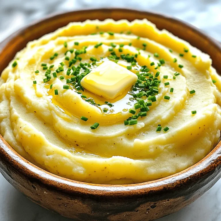 - 2 pounds Yukon Gold potatoes - 4 cloves garlic - 1 cup whole milk or heavy cream - 1/2 cup unsalted butter - 1/4 cup sour cream - Salt and pepper - Fresh chives - Additional butter When making creamy garlic mashed potatoes, I always choose Yukon Gold potatoes. They have a natural buttery flavor that makes the dish rich and smooth. You will need about 2 pounds. Next, garlic adds a punch of flavor. Four cloves, minced, will give your mash that lovely garlic taste. For the creaminess, I like to use 1 cup of whole milk or heavy cream. The heavy cream gives a richer texture, so use that if you want it extra creamy. Butter is key for the velvety feel, so I add 1/2 cup of unsalted butter. It should be softened to mix easily. Sour cream brings a nice tang, so include 1/4 cup in your mix. Lastly, you'll want to season with salt and pepper to taste. If you want to make your dish pop, you can add optional garnishes. Fresh chives not only add color but also a mild onion flavor. A little extra butter on top makes it look and taste even better. These ingredients come together to create a simple yet luxurious side dish. For the full recipe, check out the detailed instructions later in this article. Start with cold salted water. Place the cubed Yukon Gold potatoes in a large pot and cover them with water. This helps them cook evenly. Bring the pot to a boil over medium-high heat. Cook the potatoes for about 15 to 20 minutes. You can check doneness by poking them with a fork. They should feel soft and tender when done. While the potatoes cook, prepare the garlic mixture. In a small saucepan, combine the minced garlic and milk or cream. Heat this over medium heat. You want it warm, not boiling. This step blends the garlic flavor into the milk. Stir this gently for about 3 to 5 minutes, until the garlic smells good and is fragrant. Once the potatoes are ready, drain them well. Return them to the pot to keep them warm. Add the softened butter, warm garlic milk mixture, and sour cream to the potatoes. For mashing, you can use a potato masher or an electric mixer. I prefer a masher for a rustic feel. Mash until you reach your desired creaminess. Taste and adjust salt and pepper as needed. This creamy garlic mashed potato recipe brings comfort and flavor to any meal. Feel free to check out the Full Recipe for more details! To get that smooth and creamy texture, always choose Yukon Gold potatoes. They are naturally buttery and mash beautifully. When you cook them, they soak up flavors well. After mashing, you can adjust the creaminess with milk or cream. If you want it richer, use heavy cream. Roasted garlic adds a deep, sweet flavor. To do this, roast garlic cloves in olive oil until soft. Add this to your mashed potatoes for a twist. For seasoning, remember to taste as you go. Adjust salt and pepper based on your preference. You might want to add a pinch of garlic powder for extra kick. Make your dish look appealing with simple garnishes. Fresh chives add a pop of color and flavor. When plating, serve in a large bowl or on individual plates. Create a small well in the center of the mash. Place a pat of butter there or sprinkle more chives for a nice touch. This makes your creamy garlic mashed potatoes look and taste gourmet. Want the full recipe? Check out the [Full Recipe]. {{image_2}} Adding cheese to your mashed potatoes brings a new level of flavor. You can choose from many types of cheese. Some good options are cheddar, Parmesan, or cream cheese. Each one adds a unique taste. For a richer flavor, try a combination of cheeses. Mix in about a cup of shredded cheese while mashing the potatoes. This will help the cheese melt and mix well. If you want a vegan version, you can easily swap out the dairy. Use almond milk or oat milk instead of whole milk. For butter, try coconut oil or vegan butter. To keep the creamy texture, add plant-based sour cream. It gives a nice tang and richness. You will still enjoy creamy garlic mashed potatoes without any animal products. Herbs and spices can brighten up your mashed potatoes. Fresh herbs like rosemary or thyme add a lovely aroma and taste. Just chop a few sprigs and mix them in before serving. You can also experiment with spices like paprika or garlic powder. These can add warmth and depth to the flavor. Don't be afraid to get creative with your seasonings! Store your leftover creamy garlic mashed potatoes in an airtight container. Make sure the container is sealed well to keep out air and moisture. They can stay fresh in the fridge for about 3 to 5 days. If you want to enjoy them later, it’s best to cool them first before putting them away. To reheat your mashed potatoes, use a microwave or a stovetop. If using the microwave, place them in a bowl and cover with a damp paper towel. This helps keep them moist. If using the stovetop, put them in a pot over low heat. Add a splash of milk or cream as you heat them. This will help bring back their creaminess. Yes, you can freeze creamy mashed potatoes! To freeze them, scoop the mashed potatoes into a freezer-safe container. Leave some space at the top for expansion. They can last up to 2 months in the freezer. When you’re ready to eat them, thaw them in the fridge overnight. Reheat them the next day, adding a bit of milk or cream for the best texture. For the full recipe, check out the Creamy Garlic Mashed Potatoes section. Yukon Gold potatoes are my top choice. They are creamy and smooth. Their natural sweetness adds great flavor. Russet potatoes are another option. They are fluffy but can be drier. Mixing both types can give you a nice texture. Avoid waxy potatoes like red or new potatoes. They become gluey when mashed. Yes, you can make them ahead. Cook and mash the potatoes, then cool them. Store in an airtight container in the fridge. They can last up to three days. When you’re ready to serve, reheat them gently. Add a splash of milk for creaminess. You can also cover them and bake in the oven. If your mashed potatoes are runny, don’t worry. You can fix them! Try adding more potatoes. Cook and mash a few extra. Another option is to stir in more sour cream or butter. You can also cook them on low heat. This helps evaporate some liquid. Just stir gently to avoid lumps. In this post, I shared essential recipes and techniques for perfect mashed potatoes. We discussed the key ingredients, cooking tips, and variations to suit your taste. Remember to choose Yukon Gold potatoes for the best flavor and texture. Don't hesitate to get creative with add-ins and garnishes. With practice, you'll master this classic dish. Enjoy impressing your family and friends with creamy, delicious mashed potatoes that are sure to be a hit!