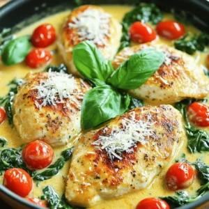 - 4 boneless chicken breasts - 2 tablespoons olive oil - 3 cloves garlic, minced - 1 cup cherry tomatoes, halved - 1 cup fresh spinach - 1 cup heavy cream - 1 cup chicken broth - 1 teaspoon dried oregano - 1 teaspoon dried basil - ½ teaspoon red pepper flakes (optional) - 1 cup grated Parmesan cheese - Salt and pepper to taste - Fresh basil leaves for garnish The star of this dish is the chicken. Boneless chicken breasts cook quickly and stay juicy. Olive oil adds flavor and helps cook the chicken. Garlic gives a nice aroma and taste. Cherry tomatoes add sweetness and color. Fresh spinach brings nutrients and a pop of green. Heavy cream makes the sauce rich and creamy. Chicken broth adds depth to the flavor. Oregano and basil give that classic Italian taste. Red pepper flakes can spice things up, but they are optional. Parmesan cheese adds a salty, nutty flavor that rounds out the dish. If you have allergies, there are easy swaps. You can use boneless chicken thighs instead of breasts if you prefer. For a dairy-free option, try coconut cream instead of heavy cream. If you can't have gluten, make sure to check your broth. You can skip the cheese or use a dairy-free version if needed. For a lower-carb option, serve the chicken with zucchini noodles instead of pasta or rice. Always adjust based on what you have or what you can eat. Start with the chicken breasts. Season them well with salt and pepper. Make sure to coat both sides evenly. This step is key for flavor. Next, heat olive oil in a large skillet over medium-high heat. Once the oil is hot, add the chicken. Sear it for about 4 to 5 minutes on each side. You want it golden brown. After browning, remove the chicken and set it aside. In the same pot, add minced garlic. Sauté it for about 30 seconds until it smells great. Be careful not to burn the garlic; burnt garlic can ruin the dish. Now, add the halved cherry tomatoes. Cook them for about 3 minutes until they soften. Pour in the chicken broth and bring it to a simmer. Next, add the heavy cream, dried oregano, and dried basil. If you like some heat, toss in red pepper flakes. Stir everything to mix well. Return the chicken to the pot, nestling it in the creamy mix. Cover the pot and let it simmer for 10 to 15 minutes. The chicken should reach 165°F (75°C) inside. Once the chicken is cooked, it's time to add fresh spinach and grated Parmesan cheese. Stir them in until the spinach wilts and the cheese melts. Taste the sauce and adjust with salt and pepper as needed. For that final touch, garnish with fresh basil leaves. This makes your dish look and taste fresh. Serve the dish over pasta or rice to enjoy every bit of the creamy sauce. For the full recipe, check out the section above! To cook chicken perfectly, choose boneless chicken breasts. They cook faster and stay juicy. Always season your chicken with salt and pepper before cooking. This step brings out the flavor. Sear the chicken in hot oil for a nice golden crust. This gives great taste and texture. Use a meat thermometer to check for doneness. The chicken should reach 165°F/75°C. Let it rest before slicing; this keeps it tender and juicy. You can boost the flavor of your One Pot Creamy Tuscan Chicken. Add mushrooms for an earthy taste, or sun-dried tomatoes for sweetness. A splash of white wine can add depth, too. If you like heat, sprinkle in more red pepper flakes. Fresh herbs like parsley or thyme can brighten the dish. You can even toss in some olives for a salty kick. Experiment to find your perfect balance of flavors! For an appealing plate, serve the chicken over pasta or rice. This helps soak up the creamy sauce. Use a large spoon to ladle the sauce over the chicken. Top with extra Parmesan cheese and fresh basil leaves for a pop of color. Arrange the plate neatly, and consider adding a side of roasted vegetables. This adds color and makes the meal more balanced. A beautiful plate makes the dish even more enjoyable! {{image_2}} You can easily add more vegetables to this dish. Carrots, zucchini, or bell peppers work well. Just chop them into small pieces. Sauté them with the garlic for extra flavor. This makes the meal even more colorful and healthy. If you want to switch up the protein, try using shrimp or turkey. Both options cook quickly and taste great in the creamy sauce. For shrimp, add them just before the spinach. For turkey, cook it the same way as the chicken. You can make this dish keto-friendly by using cauliflower rice instead of pasta. For a dairy-free version, swap heavy cream with coconut milk. Use nutritional yeast instead of Parmesan cheese for a cheesy flavor. These adjustments keep the comfort while making it fit your diet. For a full recipe, make sure to check out the details provided earlier. To store leftovers of One Pot Creamy Tuscan Chicken, let it cool first. Place the chicken and sauce in an airtight container. It stays fresh in the fridge for up to three days. Make sure the lid fits tightly to prevent spills and keep it tasty. When you are ready to eat, reheat the chicken on the stove. Use low heat and stir gently. This keeps the sauce creamy and prevents it from burning. You can also use a microwave. Just cover it loosely and heat for 1-2 minutes, stirring halfway through. You can freeze this dish for later use. Pack it in a freezer-safe container, leaving space for expansion. It can last up to three months in the freezer. When you want to enjoy it, thaw it overnight in the fridge. Then, reheat it on the stove or in the microwave until warm. Cooking One Pot Creamy Tuscan Chicken takes about 30 minutes. This time includes prep and cooking. You’ll need about 10 minutes to prep the ingredients. The cooking part takes around 20 minutes. This quick meal fits well into a busy evening. Yes, you can use frozen chicken breasts. Just remember to thaw them first. It is best to thaw them overnight in the fridge. If you cook them straight from frozen, it will take longer. Make sure the chicken reaches an internal temperature of 165°F (75°C) for safety. Many sides go well with One Pot Creamy Tuscan Chicken. Here are a few tasty options: - Pasta: Serve it over your favorite type. - Rice: White or brown rice soaks up the sauce well. - Garlic Bread: A crunchy side to dip in the creamy sauce. - Salad: A fresh green salad adds a nice touch. You can mix and match these sides for a complete meal. If you want more ideas, check out the Full Recipe for inspiration. We covered everything you need to make One Pot Creamy Tuscan Chicken. From the full ingredient list to key ingredients and their substitutes, you now have the tools to make a great dish. We also explored cooking steps, storage tips, and possible variations. This dish is not just tasty; it’s easy to prepare and store. With these tips, you'll impress your family or guests every time. Enjoy cooking and creating your version of this meal!