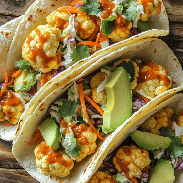 - 1 medium head of cauliflower, cut into florets - 1 cup all-purpose flour - 1 cup plant-based milk (like almond or soy) - 1 cup breadcrumbs (for a crispy texture) - 1 cup buffalo sauce - 1 teaspoon garlic powder - 1 teaspoon smoked paprika - Salt and pepper to taste - 8 small corn tortillas - 1 ripe avocado, sliced - 1 cup slaw mix (cabbage, carrots, etc.) - 1 tablespoon lime juice - Fresh cilantro, for garnish To create these Vegan Buffalo Cauliflower Tacos, you need just a few key ingredients. First, the cauliflower serves as the star of the dish. It gets crispy and tender when baked. You will also need flour, breadcrumbs, and plant-based milk to make a batter that coats the cauliflower. Buffalo sauce adds the spicy kick you crave. Garlic powder and smoked paprika give it depth and flavor. - Avocado and slaw mix - Fresh herbs for garnish For toppings, I recommend creamy avocado slices. They add richness and balance the heat. A slaw mix made from cabbage and carrots adds a nice crunch. Fresh herbs like cilantro brighten the flavors and make the dish pop. - Calories: Approximately 300 per serving - Protein: About 8 grams per serving - Nutrients: Rich in fiber, vitamins, and healthy fats When you enjoy these tacos, you also gain nutritional benefits. Each serving has about 300 calories, making it a filling yet healthy choice. You also get fiber and vitamins from the cauliflower and slaw mix. The avocado adds healthy fats, making this meal satisfying and nutritious. For the full recipe, refer to the suggested link. Start by preheating your oven to 450°F (232°C). This high heat helps the cauliflower crisp up nicely. While the oven heats, cut your medium head of cauliflower into small florets. This size helps them cook evenly. Next, grab a large mixing bowl. Here, you'll make the batter. Mix together 1 cup of all-purpose flour, 1 cup of plant-based milk, 1 teaspoon of garlic powder, 1 teaspoon of smoked paprika, and a pinch of salt and pepper. Stir until smooth. Now, it's time to coat the cauliflower. Take each floret and dip it into the batter. Let any extra batter drip off. Then, roll the floret in 1 cup of breadcrumbs until it’s well covered. This step adds a nice crunch. Once coated, place the florets onto a baking sheet lined with parchment paper. Bake the cauliflower for 20-25 minutes. Flip them halfway through to ensure even cooking. They should look golden brown and crispy when done. After baking, toss the cauliflower in a bowl with 1 cup of buffalo sauce. Make sure each piece is well coated. Return the cauliflower to the baking sheet and bake for an additional 5-10 minutes. This final step helps the sauce stick and adds more flavor. To assemble your tacos, start by warming 8 small corn tortillas. You can do this in a pan or microwave for just a few seconds. Once warm, spoon a generous amount of the buffalo cauliflower onto each tortilla. Top with your slaw mix and add slices of ripe avocado. This balance of flavors will make your tacos so tasty. Garnish with fresh cilantro for an extra pop of flavor. Enjoy your delicious Vegan Buffalo Cauliflower Tacos! For the complete details, check out the Full Recipe. To get that perfect crisp, focus on your breading method. Start by making sure your cauliflower florets are dry. Moisture can ruin the crunch. Then, dip each floret into the batter. Let any extra batter drip off before rolling it in breadcrumbs. This creates a nice, even coating. Bake at a high temperature, like 450°F. Flip the cauliflower halfway through cooking. This way, both sides get golden brown. For an extra crunch, bake them a bit longer after adding the buffalo sauce. Boost the flavor of your tacos with extra spices. Consider adding cayenne pepper for heat. A dash of onion powder gives a savory touch. You can also mix in some nutritional yeast. It adds a cheesy flavor without dairy. If you want even more zing, try a drizzle of ranch dressing on top. Use a vegan version to keep it plant-based. Experiment with different hot sauces too. Each one brings its own unique taste. For a fun twist, serve your tacos with a side of lime wedges. A squeeze of lime brightens up the flavors. You can also add fresh cilantro for a burst of freshness. Arrange everything on a large platter for sharing. This makes it feel like a party! If you want a heartier meal, pair your tacos with rice or beans. Adding a side salad can lighten the meal, too. For a vibrant presentation, use colorful slaw. It makes the dish look as good as it tastes. {{image_2}} You can easily swap some ingredients in this recipe. For flour, use almond flour or chickpea flour. They work well for the batter and add flavor. If you want a nut-free option, try oat flour. For plant-based milk, almond milk is popular, but soy or oat milk can work too. Each choice gives a slight twist to the taste. Get creative with sauces and toppings! Instead of buffalo sauce, try BBQ sauce for a sweet twist. You can also mix hot sauce with vegan ranch dressing for a creamy kick. Top with diced tomatoes or pickled onions for extra flavor. Feel free to experiment with spices too. Adding cumin or smoked paprika can change the whole vibe. If you want to change how you serve these tacos, think beyond tortillas. You can make taco bowls with quinoa or rice as a base. Just pile on the buffalo cauliflower and slaw. Alternatively, wrap the cauliflower and slaw in lettuce leaves for a fresh crunch. Each method gives a fun new way to enjoy this tasty dish. To store leftover cauliflower tacos, place them in an airtight container. Make sure the tacos cool before sealing. This helps keep them fresh for up to three days in the fridge. If you have extra buffalo cauliflower and slaw, store them separately. This keeps the tortillas from getting soggy. To reheat your tacos, use an oven or a skillet. Preheat the oven to 350°F (175°C). Place the tacos on a baking sheet and heat for about 10-15 minutes. If using a skillet, warm them over medium heat for about 5 minutes. This method keeps the cauliflower crispy and the tortillas warm. You can freeze buffalo cauliflower tacos, but it’s best to freeze the filling only. Place the cooled buffalo cauliflower in a freezer-safe bag. Squeeze out the air and seal tightly. It will last up to three months in the freezer. When ready to eat, thaw in the fridge overnight and assemble with fresh tortillas. Yes, you can make these tacos gluten-free. Use gluten-free flour instead of all-purpose flour. Look for brands like almond flour or coconut flour. For breadcrumbs, use gluten-free options made from rice or corn. This way, you keep the crispy texture but avoid gluten. The spice level depends on the buffalo sauce you choose. Some sauces are mild, while others pack a punch. If you want less heat, mix the buffalo sauce with a bit of plant-based yogurt. This cuts the spice but keeps the flavor. You can also use less sauce on the cauliflower if you like it milder. These tacos last about 3-4 days when stored in an airtight container. Keep the cauliflower separate from the tortillas to prevent sogginess. You can store the slaw mix in a separate bowl. This keeps everything fresh and tasty. When ready to eat, just reheat the cauliflower in the oven to restore its crispiness. This blog post covered how to make tasty buffalo cauliflower tacos. We explored key ingredients like cauliflower and spices, and optional toppings such as fresh herbs. You learned step-by-step instructions for preparing and baking, plus tips to ensure crispiness. Variations let you customize flavors, and I shared storage info to keep leftovers fresh. Buffalo cauliflower tacos are a fun dish to try. Experiment with your favorite flavors and make them your own! Enjoy cooking and sharing this meal with others.