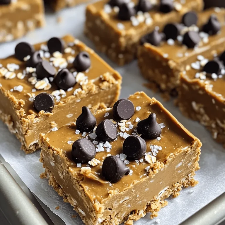 To make No Bake Peanut Butter Bars, you need simple and wholesome ingredients. Each one plays a key role in flavor and texture. Here’s what you will need: - 1 cup natural peanut butter - 1/2 cup maple syrup - 1 cup rolled oats - 1/2 cup almond flour - 1/2 cup dark chocolate chips - 1 teaspoon vanilla extract - 1/4 teaspoon sea salt - Optional: Chopped nuts or seeds for topping Natural peanut butter gives the bars a rich, creamy taste. Maple syrup adds sweetness and binds everything together. Rolled oats provide a chewy texture, while almond flour adds a nice nutty flavor. Dark chocolate chips bring a touch of indulgence. Vanilla extract enhances the overall taste, and sea salt balances the sweetness. You can also add chopped nuts or seeds on top for extra crunch. This recipe is flexible, so feel free to adjust based on what you have. For the full recipe, check the details above. 1. In a medium bowl, combine 1 cup of natural peanut butter and 1/2 cup of maple syrup. Mix them well until smooth and creamy. This step is key for a rich flavor. 2. Next, add 1 teaspoon of vanilla extract and 1/4 teaspoon of sea salt to the mixture. Stir until everything blends together. The vanilla adds a nice touch. 3. In another large bowl, mix 1 cup of rolled oats and 1/2 cup of almond flour. This will be your dry mix. 1. Pour the peanut butter mixture over the dry ingredients. Stir until everything combines into a thick, sticky dough. You want to ensure no dry bits are left. 2. Line an 8x8 inch baking pan with parchment paper. Leave some paper hanging over the sides. This will help lift the bars out later. 3. Pour the combined mixture into the pan. Press it down firmly and evenly using a spatula or your hands. Firm pressing keeps the bars from crumbling. 1. Now, sprinkle 1/2 cup of dark chocolate chips over the top. Press them gently into the surface of the mixture. You can add chopped nuts or seeds if you like. 2. Place the pan in the refrigerator for at least 2 hours, or until firm. This step is crucial for the right texture. 3. Once set, lift the bars out using the parchment paper. Finally, cut them into squares or rectangles. Enjoy your homemade treat! For the complete recipe, check out the Full Recipe section. - Use natural peanut butter for better texture. It makes the bars creamier and richer. - Ensure even pressing to avoid crumbling. This step gives your bars a nice shape. - Let bars chill long enough before cutting. This helps them firm up nicely. - Skipping the refrigeration step. Without it, your bars may fall apart. - Over mixing ingredients. This can make the texture less pleasant. By following these tips, you can create delicious no bake peanut butter bars. For more details, check the Full Recipe. {{image_2}} You can easily change this recipe to suit your taste. Here are some ideas: - Substitute almond flour with oat flour: Oat flour works well and adds a nice flavor. It also keeps the bars gluten-free, which is great for many diets. - Use honey instead of maple syrup: Honey adds sweetness and a unique taste. It’s a perfect swap if you like its flavor. - Incorporate different nut butters: Try almond butter or cashew butter. Each nut butter brings its own flavor and texture to the bars. These substitutions let you get creative while keeping the recipe simple and delicious. Want to spice up your bars? Here are some flavor enhancers to try: - Add cinnamon or cocoa powder: A dash of cinnamon gives warmth. Cocoa powder adds a rich chocolate taste. Both are easy to mix in and change the vibe of your bars. - Mix in dried fruits or seeds: Raisins, cranberries, or chia seeds can add chewiness and crunch. They also boost the nutrients, making your bars even better. These enhancements make the bars exciting and fun to eat. You can enjoy a new flavor every time! Check out the Full Recipe for more details. To keep your no bake peanut butter bars fresh, place them in an airtight storage container. This helps prevent them from drying out or absorbing other smells. Store the container in the fridge. They will stay good for up to one week. You can freeze these bars if you want to keep them longer. Cut the bars into squares before freezing. Wrap each piece in plastic wrap to prevent freezer burn. Then place them in a freezer bag. For the best taste, eat them within three months. When you want to enjoy a bar, take it out and let it thaw in the fridge for about an hour. This way, it stays tasty and has the right texture. For the full recipe, check the earlier section. The prep time for these no bake peanut butter bars is just 15 minutes. Once you mix everything, you need to let them chill. The total time from start to finish is 2 hours and 15 minutes. Yes, these bars are quite healthy! They use natural peanut butter, which is full of protein. The rolled oats provide fiber, helping you feel full longer. Almond flour adds healthy fats and nutrients. Dark chocolate chips give a touch of sweetness and antioxidants. Together, these ingredients create a tasty treat that you can feel good about eating. You can bake the mixture if you prefer a different texture! Just preheat your oven to 350°F (175°C). After mixing the ingredients, spread them into a baking dish. Bake for about 15-20 minutes. Keep an eye on them, as you want them to firm up but not dry out. Once baked, let them cool before cutting into squares. Enjoy your baked version! These simple no-bake bars use healthy ingredients like peanut butter and oats. You learned the steps to mix, form, and chill them for a tasty snack. Remember to avoid common mistakes, like skipping refrigeration. Personalize them with your favorite flavors. Proper storage helps maintain freshness, so don’t forget those tips. These bars are not just easy but also delicious and nutritious. Enjoy making your own and share them with friends!