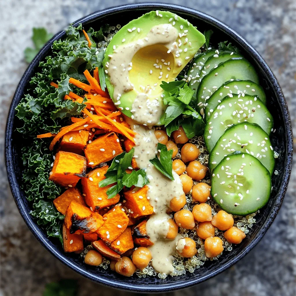 - 1 cup quinoa, rinsed - 2 cups vegetable broth (or water) - 1 medium sweet potato, cubed - 1 cup chickpeas, drained and rinsed - 1 cup kale, chopped - 1 avocado, sliced - 1 carrot, shredded - ½ cucumber, sliced - ¼ cup tahini - 2 tablespoons lemon juice - 1 tablespoon maple syrup - 1 teaspoon garlic powder - Salt and pepper to taste - Olive oil for drizzling - Sesame seeds and fresh herbs (such as parsley or cilantro) for garnish These ingredients create a Vegan Buddha Bowl that bursts with flavor and nutrition. Quinoa serves as the base, adding protein and fiber. Sweet potatoes bring a natural sweetness, while chickpeas offer a hearty texture. Kale packs in vitamins, and avocado lends creaminess. Fresh carrot and cucumber add crunch, making every bite interesting. Tahini dressing ties everything together. Its nutty flavor complements the bowl. Lemon juice adds brightness, while maple syrup balances the dish. Garlic powder adds depth, making it more savory. This combination of ingredients not only tastes great but also nourishes your body. You can mix and match these components to suit your taste. Try different veggies or grains if you want to switch things up. For the full recipe, check the section below. 1. Preheating the oven Start by setting your oven to 400°F (200°C). This helps cook the sweet potatoes and chickpeas evenly. 2. Prepping the quinoa In a medium pot, bring 2 cups of vegetable broth (or water) to a boil. Add 1 cup of rinsed quinoa. Cover the pot and lower the heat. Let it simmer for about 15 minutes, until all the liquid is gone. Fluff it with a fork after letting it sit covered for 5 minutes. 3. Roasting sweet potatoes and chickpeas On a baking sheet, place 1 medium cubed sweet potato and 1 cup of drained chickpeas. Drizzle with olive oil and sprinkle with 1 teaspoon of garlic powder, salt, and pepper. Spread them out in a single layer. Bake for 25-30 minutes until the sweet potatoes are tender and caramelized. 1. Layering ingredients In a large serving bowl, add the cooked quinoa as the base. Then, layer the roasted sweet potatoes, chickpeas, 1 cup of chopped kale, sliced avocado, shredded carrot, and sliced cucumber on top. 2. Preparing the tahini dressing In a small bowl, mix ¼ cup of tahini, 2 tablespoons of lemon juice, 1 tablespoon of maple syrup, and a splash of water. Whisk until smooth. Add more water if you want a thinner dressing. 1. Garnishing with herbs and seeds Drizzle the tahini dressing over your bowl. Top it with sesame seeds and fresh herbs like parsley or cilantro for a nice finish. 2. Adjusting seasoning Taste your Buddha bowl and add more salt and pepper if needed. Enjoy your nutritious and colorful Vegan Buddha Bowl! For the complete recipe, refer back to the Full Recipe section. Achieving perfect quinoa texture To cook fluffy quinoa, rinse it well to remove its bitter coating. Use a 2:1 ratio of vegetable broth to quinoa. Bring the broth to a boil, add quinoa, and cover. Reduce heat and simmer for about 15 minutes. Let it rest off heat for 5 minutes before fluffing with a fork. Roasting sweet potatoes for optimal flavor Cut sweet potatoes into even cubes for even cooking. Toss them with olive oil, salt, and pepper. Bake at 400°F (200°C) for 25-30 minutes. This brings out their natural sweetness and gives them a nice caramelized finish. Enhancing visual appeal Layer your bowl for a beautiful look. Start with quinoa, then add colorful veggies like kale, sweet potatoes, and carrots. A well-arranged bowl is more inviting and fun to eat. Colorful ingredient combinations Use a variety of colors for your ingredients. Think green kale, orange carrots, and yellow sweet potatoes. More colors mean more nutrients and a prettier dish. Prepping ingredients in advance Chop your veggies and cook quinoa ahead of time. This way, you can quickly assemble your Buddha bowl during busy days. Store each component in separate containers to keep them fresh. Storing components separately Keep cooked quinoa, roasted veggies, and fresh greens in different containers. This helps maintain their texture and flavor. Combine them just before eating for the best taste. {{image_2}} Gluten-free options: You can easily make this Buddha bowl gluten-free. Quinoa is naturally gluten-free, so you're already set! Just ensure your tahini and any dressings you use are also gluten-free. Protein substitutions: Chickpeas are great, but you can switch them out. Try black beans, lentils, or edamame for a different flavor. These options boost protein and keep your bowl hearty. Adding spices and seasonings: To amp up the taste, sprinkle spices on your veggies. Smoked paprika or cumin adds warmth. You can even use a pinch of chili powder for a kick. Different dressings for variety: While tahini is creamy, you can try other dressings. A simple lemon vinaigrette or a spicy peanut sauce works well. Each dressing can change the whole vibe of your bowl. Incorporating seasonal vegetables: Use fresh veggies based on the season. In summer, add ripe tomatoes or zucchini. In the fall, roasted Brussels sprouts or butternut squash shine. Adjusting ingredients based on availability: Don’t stress if you can’t find an ingredient. Use what you have. If you lack cucumbers, try radishes or bell peppers. This keeps your bowl fresh and exciting every time. Store your Vegan Buddha Bowl in an airtight container. This keeps the flavors fresh. Make sure to separate dressings from the bowl. This helps avoid sogginess. Use glass or BPA-free plastic containers for best results. These materials do not affect taste. Your Buddha Bowl stays fresh for up to three days in the fridge. After this, it may spoil. Look for signs like off smells or discoloration. If the veggies look mushy, it’s time to toss them. Always trust your senses. They guide you well in the kitchen. To reheat, use a microwave or stovetop. Microwave for short bursts, checking often. If using the stovetop, add a splash of water. This keeps the bowl moist. Stir gently to maintain the texture. Enjoy your delicious meal warm, just like it was fresh! For the full recipe, check out the detailed steps earlier. A Vegan Buddha Bowl is a colorful dish full of healthy foods. It usually has a base of grains, like quinoa, and many veggies. You can add proteins like chickpeas and flavor with dressings. This bowl is not only tasty but also looks great on your plate. Yes, you can prepare parts of the Buddha Bowl ahead of time. Cook the quinoa and roast the veggies in advance. Store them in airtight containers in the fridge. You can assemble the bowl just before eating. This makes it easy for meal prep! You can top your Buddha Bowl with many things! Here are some ideas: - Sliced avocado - Chopped nuts or seeds - Fresh herbs like cilantro or parsley - Sliced radishes - Sprouts or microgreens These toppings add flavor and crunch. You can easily change the ingredients to fit your likes. If you don’t like chickpeas, try black beans or lentils. Swap out kale for spinach or arugula. Use your favorite veggies or grains. The dressing can also change—try peanut sauce or a spicy vinaigrette. A Vegan Buddha Bowl is packed with healthy foods. It helps you get lots of vitamins and minerals from the veggies. The grains give you energy, and the proteins keep you full. This dish is also low in bad fats and high in fiber, which is great for digestion. Yes, you can use other grains in your Buddha Bowl! Some good options are: - Brown rice - Farro - Barley - Bulgur Each grain has its own taste and texture. Choose one that you enjoy or have on hand. To make a delicious Vegan Buddha Bowl, gather these ingredients: - 1 cup quinoa, rinsed - 2 cups vegetable broth (or water) - 1 medium sweet potato, cubed - 1 cup chickpeas, drained and rinsed - 1 cup kale, chopped - 1 avocado, sliced - 1 carrot, shredded - ½ cucumber, sliced - ¼ cup tahini - 2 tablespoons lemon juice - 1 tablespoon maple syrup - 1 teaspoon garlic powder - Salt and pepper to taste - Olive oil for drizzling - Sesame seeds and fresh herbs (like parsley or cilantro) for garnish Here’s a quick overview of the steps: 1. Preheat your oven to 400°F (200°C). 2. Toss sweet potatoes and chickpeas in olive oil, garlic powder, salt, and pepper. Bake until tender. 3. Cook quinoa in vegetable broth until fluffy. 4. Make the tahini dressing by whisking tahini, lemon juice, maple syrup, and water. 5. Layer quinoa, roasted sweet potatoes, chickpeas, kale, avocado, carrot, and cucumber in a bowl. 6. Drizzle with tahini dressing and garnish with sesame seeds and herbs. 7. Adjust seasoning to your taste. This Vegan Buddha Bowl is not only colorful but also packed with nutrients. You can find the Full Recipe above to guide you through each step! You can create a tasty Vegan Buddha Bowl using simple ingredients. This dish combines quinoa, sweet potatoes, chickpeas, and fresh veggies, all packed with nutrition. Roasting and layering create flavor and appeal. Remember to prep ahead for ease, and feel free to customize with your favorite additions. In conclusion, this recipe offers a healthy, fun meal that you can enjoy anytime. Explore variations to keep things exciting. Embrace the joy of cooking and the benefits of fresh food!