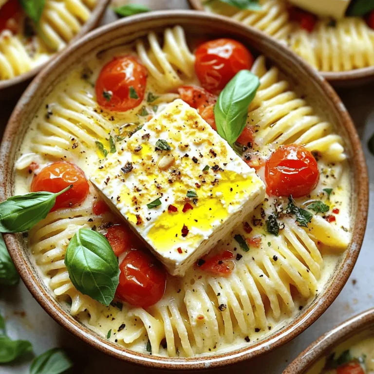 - 8 oz pasta (your choice: penne, fusilli, or rigatoni) - 1 block (8 oz) feta cheese - 2 cups cherry tomatoes, halved For this dish, the pasta is key. I love using penne or fusilli because they hold the sauce well. You can also choose rigatoni for a fun twist. The feta cheese is another star. It should be a block for the best melting texture, but crumbled feta works too. The cherry tomatoes bring freshness and sweetness. Make sure they are ripe and juicy. - 1/4 cup olive oil - 4 cloves garlic, minced - 1 teaspoon dried oregano - 1/2 teaspoon red pepper flakes (adjust to preference) - Salt and black pepper to taste - Fresh basil leaves for garnish - Zest of 1 lemon Now, let’s talk about pantry staples. Olive oil adds richness and helps the flavors mingle. Garlic gives a lovely aroma. Dried oregano adds an herb note, while the red pepper flakes bring a bit of heat. Adjust the flakes to your taste. Don’t forget salt and black pepper; they enhance all the flavors. For garnishing, fresh basil leaves and lemon zest add brightness to the dish. You can find the full recipe in the article above. First, preheat your oven to 400°F (200°C). This lets it get hot while you prepare the dish. Grab a baking dish and place the halved cherry tomatoes in it. Add the block of feta cheese right in the center. Now, sprinkle in the minced garlic, olive oil, dried oregano, red pepper flakes, salt, and black pepper. Toss everything together gently. Make sure the tomatoes are well-coated in the oil and spices. Now it's time to bake! Place your dish in the oven for about 30 minutes. You know it’s ready when the tomatoes burst and the feta turns golden and soft. This is when the magic happens, and your kitchen will smell amazing. While the feta and tomatoes bake, cook your pasta. Follow the package instructions to get it to al dente. This means it should still have a bit of firmness when you bite into it. Once cooked, drain the pasta and set it aside. When the baking time is up, carefully take out your dish. Using a fork, mash the feta and mix it with the burst tomatoes. This creates a creamy sauce that will coat your pasta beautifully. Now, add the cooked pasta to the feta-tomato mix. Stir well to ensure every piece of pasta is coated. If the sauce seems too thick, add a splash of the pasta cooking water to loosen it up. Finally, stir in the lemon zest and taste for seasoning. For the full recipe, check out the details provided above! To make a creamy sauce, use fresh, quality feta cheese. A block melts better than crumbled feta. When the feta bakes, it becomes soft and mixes well with the tomatoes. This creates a rich, creamy texture. Adjust spice levels by starting with less red pepper flakes. If you like heat, add more later. You can also play with herbs. Fresh herbs add bright flavor. Dried oregano works well, but fresh basil is a nice touch too. To serve for visual appeal, use shallow bowls. This helps show off the colors of the dish. Drizzle a bit of extra olive oil on top. It adds shine and flavor. For garnishes, add fresh basil leaves. They give a nice pop of green. A sprinkle of red pepper flakes adds color and hints of spice. This makes your dish look and taste great. {{image_2}} You can switch up the feta cheese if you want. Try using vegan feta made from nuts or tofu. This gives you a dairy-free option. For pasta, you can also use gluten-free pasta or whole wheat. It changes the taste but keeps it yummy. Adding different veggies is fun too. Toss in bell peppers, zucchini, or spinach. Each adds a new flavor and texture. You can even mix in roasted garlic for a sweet taste. Want to make it heartier? Add protein! Grilled chicken or shrimp works great. If you prefer a plant-based choice, use chickpeas or lentils. These options boost protein and make it filling. Don’t forget about herbs! Fresh parsley, thyme, or rosemary can change the dish. They add a bright taste. You can also sprinkle some lemon juice for a zesty kick. Experimenting is key to making this dish your own. For the full recipe, check out Baked Feta Pasta Delight. To store leftovers, place the pasta in an airtight container. Refrigerate it for up to three days. You can freeze it too! Just put it in a freezer-safe container. It will keep well for up to two months. Let it cool completely before freezing to keep the best texture. When you are ready to eat, reheat your pasta gently. Use a microwave or a skillet. If using a microwave, add a splash of water to help steam it. Heat in short bursts, stirring often. If using a skillet, add a bit of olive oil for flavor. This helps keep the sauce creamy. Reheat until warm, but do not overcook. Enjoy your delicious Baked Feta Pasta! For more details, check out the Full Recipe. Can I use a different kind of cheese? Yes, you can. Try goat cheese or ricotta for a different flavor. Both melt well and add creaminess. Just remember, the taste will change a bit, but that's okay! How can I make it vegetarian or vegan? To make it vegetarian, skip the red pepper flakes if you prefer no heat. For a vegan version, use a plant-based feta. Many brands offer tasty options that mimic the creamy texture of feta. What variations can I make for dietary restrictions? You can swap pasta for gluten-free options like rice or lentil pasta. For nut allergies, ensure your cheese or any other ingredient is nut-free. Always check labels to be safe. How to avoid overcooking the pasta? Cook the pasta one minute less than the package suggests. This keeps it firm. It will finish cooking when mixed with the hot feta-tomato sauce. Tips for selecting ripe cherry tomatoes Choose tomatoes that feel firm and look shiny. They should smell sweet and fragrant. If they have a bit of give, that’s a good sign they’re ripe and ready to eat. Recommended side dishes or beverages to pair with baked feta pasta Pair your dish with a fresh green salad. A light vinaigrette will add a nice touch. For drinks, a chilled white wine like Pinot Grigio works well. Sparkling water with lemon is a great non-alcoholic choice. Ideas for incorporating seasonal ingredients In summer, add zucchini or bell peppers for crunch. In fall, try roasted butternut squash. Fresh herbs like parsley or thyme can brighten up the dish anytime of year. This blog post offered a clear guide to making baked feta pasta. We covered essential ingredients, from pasta choices to fresh basil. You learned step-by-step instructions for preparation and baking, making it simple to follow. I shared tips to enhance flavor and presentation, plus variations for dietary needs. Lastly, we discussed how to store leftovers and answer common questions. Cooking this dish can bring joy and warmth to your table. Enjoy your time in the kitchen!