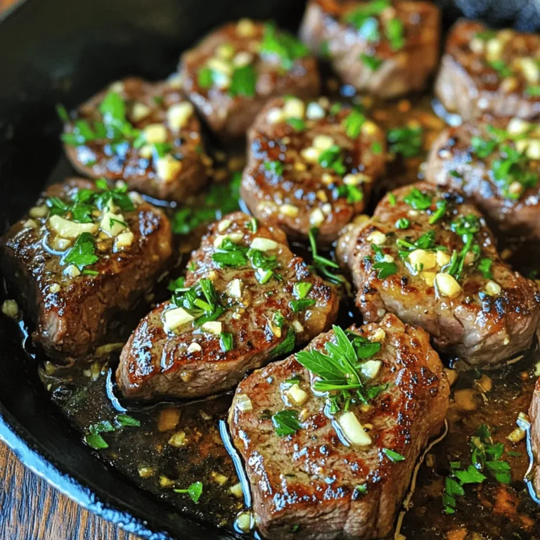 - 1 lb sirloin steak, cut into bite-sized pieces - 4 tablespoons unsalted butter - 4 cloves garlic, minced - Fresh herbs: rosemary and thyme - Olive oil, salt, and black pepper To make garlic butter steak bites, you need a few key ingredients. First, choose a good cut of beef. Sirloin works great for this dish. The fat in the meat adds flavor and keeps it juicy. Next, garlic is a must. It gives the steak a rich, savory taste. Fresh herbs like rosemary and thyme enhance the dish even more. Olive oil is used to cook the steak, while salt and pepper season it to perfection. - Fresh parsley for garnish - Additional seasonings You can add fresh parsley to your garlic butter steak bites for a pop of color. It also adds a fresh taste. If you want to spice things up, feel free to use extra seasonings. Chili flakes can bring heat, while smoked paprika adds depth. These optional ingredients let you customize the flavor to your liking. For the full recipe, be sure to check out the detailed instructions. First, season the steak pieces with salt and black pepper. Don't rush this step! Let them sit for about five minutes. This helps the flavor soak in. Next, heat a large skillet over medium-high heat. Add olive oil and let it get hot. Once hot, place the steak bites in the skillet. Make sure they are in a single layer. Cook them for about 2-3 minutes without moving them. This gives a nice sear, which adds flavor. After 2-3 minutes, flip the steak bites. Cook them for another 2 minutes for medium-rare. Adjust the time based on how you like your steak cooked. Now, reduce the heat to low. It's time to add the magic! Toss in the unsalted butter, minced garlic, chopped rosemary, and thyme. Stir the mixture well. Let the butter melt and the garlic cook for about 1-2 minutes. You want the garlic to become fragrant but not burned. Once the garlic butter is ready, toss the cooked steak bites in the mixture. Make sure they are well-coated. If you want even more flavor, let them sit in the sauce for an extra minute. To serve, plate the steak bites nicely. You can sprinkle fresh parsley on top for color and flavor. This adds a nice touch! For sides, consider pairing them with roasted vegetables or mashed potatoes. A fresh salad also works well. Enjoy your tasty garlic butter steak bites! For the complete cooking process, check the Full Recipe. When making garlic butter steak bites, choose a tender cut. Sirloin works well, but filet mignon is even better. Look for cuts with good marbling. Marbling means small fat lines that melt during cooking. This adds flavor and keeps the meat juicy. To get a perfect sear, heat your skillet first. Use medium-high heat and add olive oil. Place the steak bites in a single layer. Avoid moving them for a few minutes. This helps form a nice brown crust. For medium-rare, flip the bites after 2-3 minutes and cook for 2 more minutes. Adjust the time for your desired doneness. Garlic butter is key, but you can add more flavor. Try adding smoked paprika or black pepper for extra kick. You can also use fresh herbs like basil or parsley. For infusing the garlic butter, add minced garlic right after the steak is cooked. Let it cook for 1-2 minutes until fragrant. This makes the bites more flavorful. {{image_2}} Do you love heat? You can add chili flakes or diced jalapeños to your steak bites. Just sprinkle them in when you add the garlic. This brings a fun kick to your meal. Adjust the amount based on your spice level. Start small and add more if you want more heat. Feeling adventurous? Try using chicken or shrimp instead of steak. For chicken, use bite-sized pieces of breast or thighs. Cook them the same way as steak. For shrimp, add them to the skillet once the garlic is fragrant. Cook until they turn pink. Both options taste great in garlic butter! Want to make it dairy-free? Swap the butter for olive oil or coconut oil. These options still bring great flavor. You can also try different herbs. Basil or oregano can replace rosemary and thyme. Experiment with what you have on hand for a tasty twist. For the full recipe, check out the original Garlic Butter Steak Bites recipe. After cooking your garlic butter steak bites, let them cool. Place them in an airtight container. Store the container in the fridge. They will stay fresh for up to three days. To reheat, use a skillet on low heat. Add a bit of butter or oil to prevent sticking. Heat the steak bites until warm. You can also use a microwave. Just cover them to keep moisture. Heat in short intervals, stirring in between. If you want to keep them longer, freezing is a great option. Place the cooled steak bites in a freezer-safe bag. Squeeze out as much air as possible. They can last for up to three months in the freezer. To thaw, move the steak bites to the fridge a day before you plan to eat. For quick thawing, place the bag in cold water for an hour. Reheat them in a skillet or microwave as mentioned earlier. Enjoy your tasty leftovers! For the full recipe, check out the detailed instructions above. To prepare garlic butter steak bites for meal prep, follow these steps: 1. Cook the steak bites as per the recipe. Allow them to cool completely. 2. Store in an airtight container in the fridge for up to 3 days. 3. For longer storage, freeze them in a single layer on a baking sheet. Once frozen, transfer to a freezer bag. 4. To reheat, warm them in a skillet over medium heat. Add a little butter to keep them juicy. Meal prep makes it easy to enjoy this dish anytime. You can pair it with quick sides like rice or veggies. Yes, you can use frozen steak bites. Here are some tips: - Thaw the steak bites in the fridge overnight for best results. - If you cook them from frozen, add extra cooking time. Cook for 4-5 minutes on the first side. - Always check the internal temperature. Aim for 130°F for medium-rare. Cooking frozen steak bites can still yield tasty results, but prep ahead for the best flavor. Garlic butter steak bites pair well with several sides: - Mashed potatoes for a creamy, comforting side. - Steamed broccoli or green beans add freshness and color. - Rice or quinoa help soak up that delicious garlic butter sauce. - A simple mixed green salad can balance the meal. These sides create a complete and satisfying dinner that everyone will love. For more ideas, check out the Full Recipe! You now have all the tools to make delicious garlic butter steak bites. We covered essential ingredients, simple steps, and clever tips to create the perfect dish. From choosing the right steak to adding spices, every detail matters. Don’t forget the tasty variations and storage tips for leftovers. With this guide, you can impress friends and family at your next meal. Enjoy the cooking process and savor the flavors in every bite. Your culinary adventure starts now!