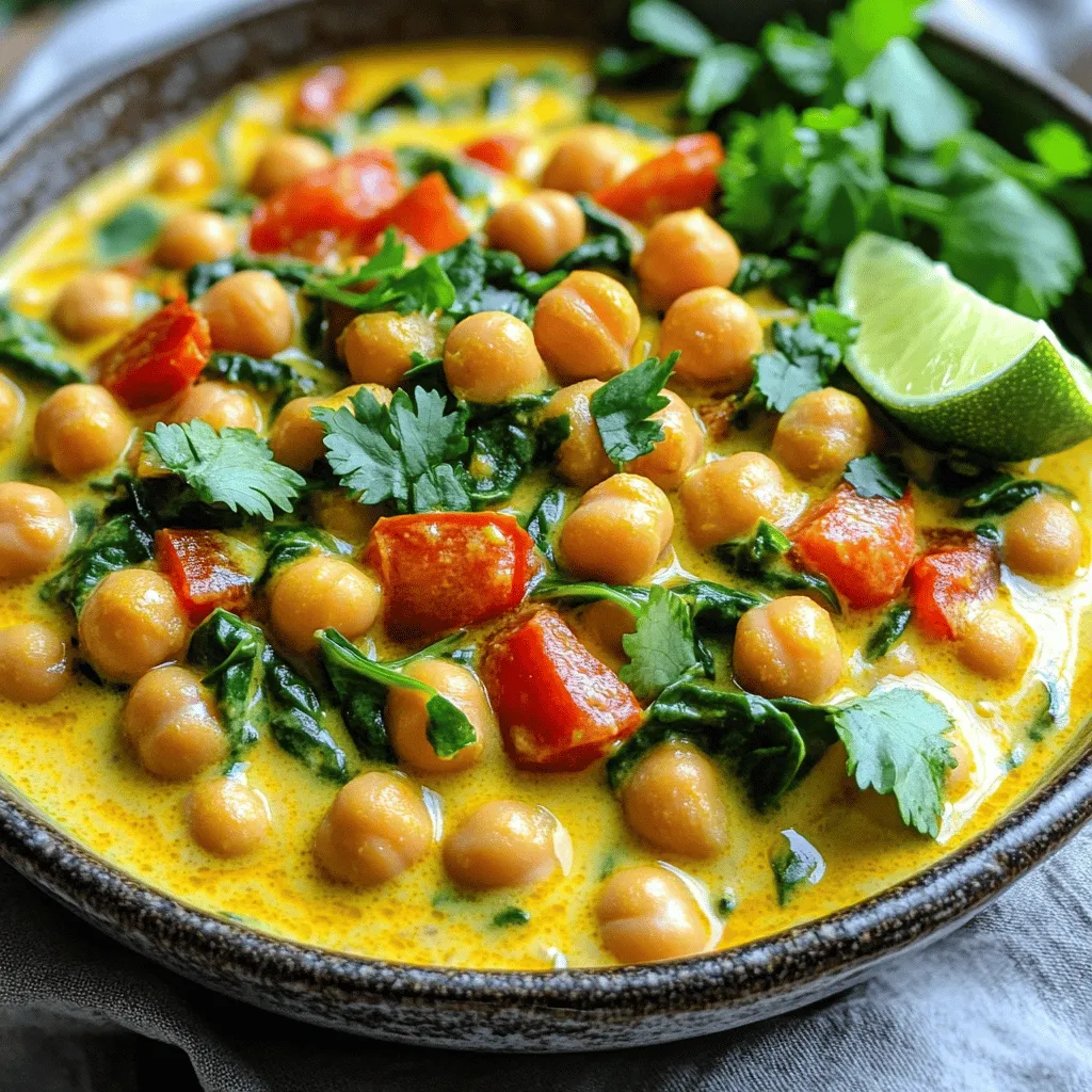 For a tasty Vegan Chickpea Curry, gather these items: - 1 can (15 oz) chickpeas, drained and rinsed - 1 tablespoon coconut oil - 1 medium onion, chopped - 3 cloves garlic, minced - 1-inch piece of ginger, grated - 1 tablespoon curry powder - 1 teaspoon ground cumin - 1 teaspoon turmeric - 1 can (14 oz) coconut milk - 1 can (14 oz) crushed tomatoes - 1 cup spinach, chopped - Salt and pepper to taste - Fresh cilantro, for garnish - 1 lime, cut into wedges (for serving) You can swap the chickpeas for other beans like kidney or black beans. If you want more veggies, add bell peppers or carrots. This recipe serves four. Each serving has about 350 calories. - Protein: 12 grams - Carbohydrates: 40 grams - Fats: 18 grams Using coconut milk adds creaminess and healthy fats. The chickpeas pack protein and fiber, making this a well-rounded meal. For the full recipe, check the details above. 1. Heat coconut oil in a large pot over medium heat. 2. Add the chopped onion. Sauté for about 5 minutes until it turns translucent. 3. Stir in the minced garlic and grated ginger. Cook for 1-2 minutes until fragrant. 4. Mix in the curry powder, ground cumin, and turmeric. Toast the spices for another minute. 1. Pour in the crushed tomatoes and coconut milk. Stir well to combine. 2. Add the rinsed chickpeas to the pot. Bring the mixture to a gentle simmer. 3. Cook uncovered for about 15 minutes. This allows the sauce to thicken slightly. 1. Fold in the chopped spinach. Cook for another 3-5 minutes until the spinach wilts. 2. Season with salt and pepper to taste. 3. For a thicker curry, let it simmer longer. For a thinner sauce, add a bit more coconut milk. You can find the Full Recipe for more details on this delightful dish. Enjoy cooking and tasting this vibrant, vegan meal! To get the best flavor from your Vegan Chickpea Curry, start with fresh spices. Use whole spices when you can. Toast them in your pot for a minute before adding other ingredients. This step wakes up the flavors and makes your dish more aromatic. You can adjust the heat by changing the spices. If you like it spicy, add more curry powder or a pinch of cayenne pepper. For less heat, reduce the curry powder or skip the cayenne. Remember, you can always add more later, but you can't take it out! To complement your curry, serve it with steamed rice or warm naan. Both soak up the sauce well, making every bite tasty. You can also try it with quinoa for a nutty flavor. For garnishing, sprinkle fresh cilantro on top for a pop of color and flavor. A squeeze of lime adds brightness. You can even add thinly sliced green onions for a bit of crunch. These touches make your meal look beautiful and inviting. For the full recipe, check out the Chickpea Delight Curry section above. {{image_2}} You can make your vegan chickpea curry even better with some fun additions. Try adding different veggies like bell peppers or carrots. These not only add color but also bring a nice crunch. You might also want to toss in some peas or sweet potatoes for more texture. For a unique taste, think about using special spice blends. You can try garam masala for a warm, rich flavor. Or, add a bit of curry paste for extra heat. Each spice will change the dish and make it your own! You can easily adapt this vegan chickpea curry to fit your needs. If you want a gluten-free version, just check that your spices and coconut milk are gluten-free. Many brands are safe, so you can enjoy this dish worry-free. For a lower-carb option, consider skipping the coconut milk or using vegetable broth instead. This will cut down on the carbs while keeping the dish tasty. If you want to make it oil-free, just sauté the onions in water or vegetable broth instead of coconut oil. You can still get great flavor without the added fat. These variations and modifications let you enjoy this dish in many ways. You can find the full recipe here: [Full Recipe]. To keep your vegan chickpea curry fresh, store it in an airtight container. This keeps out air and moisture. You can refrigerate it for up to five days. If you want to save it longer, freeze the curry. In the freezer, it can last for up to three months. Make sure to label the container with the date. This way, you’ll know when to use it. You can reheat the curry in two ways: stovetop or microwave. For stovetop reheating, pour the curry into a pot. Heat it on low, stirring often. This helps keep the texture and flavor intact. If you use a microwave, place the curry in a microwave-safe bowl. Heat it in short intervals, stirring in between. This ensures even heating. Remember to check the temperature before you serve it. If the curry looks too thick after reheating, add a splash of water or coconut milk. This will help restore its creamy texture. Can I use dried chickpeas instead of canned? Yes, you can use dried chickpeas. They need soaking and cooking first. Soak them overnight in water. Cook them in a pot with fresh water for about 1 to 1.5 hours until soft. This method gives a deeper flavor. You can then add them to the curry as you would with canned chickpeas. How to make it spicier or milder? To spice it up, add more curry powder or some chili flakes. You can also include fresh chopped chilies. For a milder taste, reduce the curry powder. You can also add more coconut milk to balance the heat. Taste as you go to find your perfect level. What goes well with Vegan Chickpea Curry? This curry pairs nicely with steamed rice or warm naan. You can also serve it with quinoa for a healthy twist. Add a fresh salad or roasted veggies on the side. For a zesty touch, squeeze lime over your plate. Is this dish kid-friendly? Yes, it is! Most kids enjoy the creamy texture and mild flavor. You can adjust the spices to keep it low-key for young taste buds. Serve it with rice to make it more fun for kids. The bright colors also make it appealing on the plate. Vegan Chickpea Curry offers a blend of flavors, nutrition, and easy preparation. We covered main ingredients, step-by-step cooking, and valuable tips for the best taste. You can adjust ingredients and spices to fit your preferences. Don't forget to store leftovers properly for future meals! This dish is not just tasty but also suitable for many diets. Enjoy creating your own versions and sharing them with others for a comforting meal. Embrace cooking with these simple steps to elevate your dinner game!