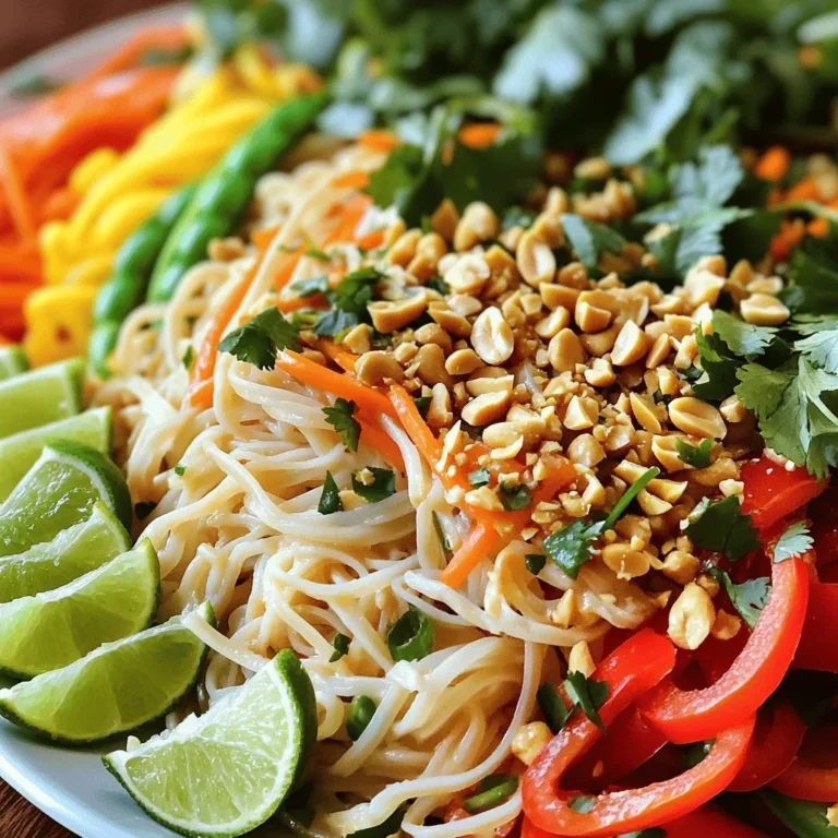 For this salad, you need fresh and colorful ingredients. Here’s what you’ll need: - 8 oz rice noodles - 1 cup shredded carrots - 1 bell pepper, sliced (choose red, yellow, or orange) - 1 cup sugar snap peas, trimmed and halved - 1 cup red cabbage, thinly sliced - ½ cup green onions, sliced - ½ cup fresh cilantro, chopped - ½ cup unsalted peanuts, roughly chopped These ingredients make a crunchy, fresh base for your salad. The mix of colors adds fun and flavor. This dressing is key to your salad's taste. Gather these items: - 3 tablespoons peanut butter - 2 tablespoons soy sauce - 1 tablespoon sesame oil - 1 tablespoon fresh lime juice - 1 teaspoon maple syrup (or you can use honey) - 1 clove garlic, minced - 1 tablespoon ginger, minced - 1 tablespoon water (to adjust the thickness) This dressing will bring a creamy, savory taste. It balances the crunch of the veggies. Garnishes can make your salad look even better. Consider these options: - Extra chopped peanuts - More fresh cilantro - Lime wedges for a zesty touch These garnishes enhance both the look and flavor of your salad. You can pick what you like best! For the full recipe, check out the complete guide. First, get a pot of water boiling. Add the rice noodles and cook them. Follow the package instructions for the right time. Once the noodles are soft, drain them. Rinse the noodles with cold water. This helps stop the cooking. Set them aside to cool. Next, grab a large bowl. Add the shredded carrots, sliced bell pepper, sugar snap peas, red cabbage, and green onions. Mix these veggies together. They add great color and crunch. Don’t forget to add the fresh cilantro. It gives a bright taste to the salad. Now, let’s make the peanut dressing. In a separate bowl, add peanut butter, soy sauce, and sesame oil. Squeeze in fresh lime juice. Add maple syrup for sweetness. Then, throw in minced garlic and ginger. Whisk everything together until smooth. If it’s too thick, add a little water. This dressing will make your salad tasty and creamy. After you have everything ready, combine the cooled rice noodles with the veggies. Pour the dressing over them and toss well. This ensures every bite is full of flavor. Add the chopped peanuts on top for crunch. You can serve it right away or chill it for 30 minutes. This time lets the flavors mix. Check the [Full Recipe] for all the details. To make a great peanut dressing, start with smooth peanut butter. Use 100% natural peanut butter for the best taste. Mix it with soy sauce for saltiness. Add sesame oil for a rich flavor. Fresh lime juice gives it a nice tang. Maple syrup or honey adds sweetness. Don't forget garlic and ginger for extra zest. If the dressing is too thick, add water. Stir until the dressing is smooth and creamy. Taste and adjust as you like! Serve your Thai peanut noodle salad in big bowls. For a pop of color, garnish with fresh cilantro. Sprinkle chopped peanuts on top for crunch. For a zingy touch, add lime wedges. This salad is great as a side dish or a main meal. You can serve it cold or at room temperature. If you want the flavors to blend, chill it for 30 minutes before serving. You can swap some ingredients to suit your taste. If you don’t have rice noodles, try soba or whole wheat noodles. For veggies, use whatever you have on hand. Cucumber and zucchini work well too. If you want protein, add cooked chicken or tofu. You can also try different nuts like cashews or walnuts. Experiment with the dressing by adding chili paste for heat. This recipe is flexible, so have fun with it! {{image_2}} You can make this salad heartier by adding protein. Cooked chicken adds a tasty touch. Simply chop it into bite-sized pieces and mix it in. If you prefer plant-based options, use tofu. Press it to remove water, then cube and sauté until golden. Both options bring flavor and texture to the dish. Feel free to mix in different veggies for fun. Broccoli, zucchini, or even spinach work great. Each adds color and nutrients. Just make sure to cut them into small pieces for easy eating. You can also use frozen veggies if fresh ones aren't available. They save time and still taste good. Want to add heat? It's easy to spice things up! You can chop in fresh chili peppers or add red pepper flakes to your dressing. If you like milder flavors, skip the heat altogether. Balance is key, so adjust based on your taste. This way, you can create a salad that fits your family's spice level. Try these variations to make the Thai Peanut Noodle Salad your own. For the complete recipe, check out the Full Recipe. To keep your Thai peanut noodle salad fresh, store it in an airtight container. If you have extra dressing, store that in a separate container. This helps keep the noodles and veggies crisp. Avoid mixing the salad with the dressing until you are ready to eat. When stored properly, the salad lasts about 3 to 5 days in the fridge. If you notice any change in color or smell, it's best to toss it. Always check leftovers before eating. You can eat the salad cold, but if you prefer it warm, reheat gently. Use a skillet over low heat. Add a splash of water or dressing to keep it moist. Stir often to avoid burning. Enjoy it warm, but remember, fresh is best! For the full recipe, check the details above. I love using rice noodles for this salad. They are light and absorb flavors well. You can find them in Asian grocery stores or the international aisle. Other good options are soba or whole wheat noodles. Just make sure they cook quickly. This keeps the texture nice and fresh. Yes, you can make this salad ahead! It holds well in the fridge. Make it up to a day before serving. Just keep the dressing separate until you're ready to eat. This keeps the veggies crisp and the noodles fresh. Mix it all right before serving for the best taste. Absolutely! This recipe is great for meal prep. You can store portions in containers for easy lunches. Just remember to pack the dressing separately. This way, you can enjoy a fresh salad every day. It keeps well for up to five days in the fridge. This blog post shared how to make a Thai Peanut Noodle Salad. We explored key ingredients, like rice noodles and peanut dressing. I gave you a step-by-step guide for cooking and prepping your meal. You learned helpful tips for the best dressing and fun variations to try. Proper storage and answers to common questions rounded it out. Making this salad is simple and fun. Enjoy your tasty, fresh dish anytime!