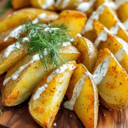 - 4 large russet potatoes, cut into wedges - 1 cup dill pickle juice - 1 tablespoon olive oil - 1 teaspoon garlic powder - 1 teaspoon onion powder - 1 teaspoon smoked paprika - 1 teaspoon dried dill - Salt and pepper to taste - ½ cup ranch dressing (store-bought or homemade) - Fresh dill fronds for garnish When making Pickle Ranch Potato Wedges, start with fresh ingredients. Russet potatoes are the best choice. They give a fluffy inside and a crispy outside. You can soak them in dill pickle juice for a tangy flavor. This step is key to making your wedges special. If you want to switch up the potatoes, try Yukon Gold or sweet potatoes. They add unique flavors and textures. For ranch dressing, you can make your own with yogurt and herbs. This option allows you to control the flavors. If you need a lower-sodium choice, look for low-sodium ranch or pickle juice. These changes can help fit your diet while still enjoying delicious wedges. For the full recipe, check out the recipe section above. To start, you need to coat the potato wedges in pickle juice. Take your large russet potatoes and cut them into wedges. Place the wedges in a large bowl. Pour the dill pickle juice over them. Make sure every wedge gets a good soak. Cover the bowl with plastic wrap. You want to refrigerate them for at least 30 minutes. This time helps the potatoes absorb all the zesty flavor. Next, let’s prep your oven. Preheat it to 425°F (220°C). This high temperature is key for getting those crispy edges. While the oven heats up, line a baking sheet with parchment paper. This step makes cleaning up easy later. You don’t want to scrub stuck-on potato pieces! After marinating, drain the potato wedges. Now, you’ll want to toss them in a separate bowl with olive oil, garlic powder, onion powder, smoked paprika, dried dill, salt, and pepper. Mix them well until each wedge is evenly coated. This step is important for flavor. Spread the seasoned wedges on the lined baking sheet. Make sure they are in a single layer. This helps them cook evenly. Bake them in your preheated oven for 30-35 minutes. Flip them halfway through cooking. This will give you that golden brown, crispy finish. Try not to open the oven door too often, as it can drop the temperature. Enjoy the delicious smell while they bake! To get that perfect crisp, flip the wedges halfway through baking. This ensures even cooking and browning. Bake the wedges for 30-35 minutes at 425°F (220°C) for that golden finish. If you prefer extra crunch, add a few more minutes to the timer. Spicing up your wedges can lead to exciting flavors. You might try adding cayenne for heat or paprika for smokiness. After baking, top your wedges with extra ranch dressing, parmesan cheese, or even crumbled bacon for added taste. One common mistake is not letting the potatoes marinate long enough. A solid 30 minutes in pickle juice boosts flavor. Also, avoid overcrowding the baking sheet. This can lead to soggy wedges. Make sure to leave space for hot air to circulate around each wedge. For the full recipe, check out the main section. {{image_2}} To add a kick, mix in cayenne pepper or your favorite hot sauce. This will give your wedges a nice heat. You can also try a zesty ranch dressing. Look for options that add bold flavors, like chipotle or sriracha. These changes take your snack to the next level. If you love cheese, sprinkle shredded cheese on the wedges before baking. It melts beautifully and adds a rich flavor. For an even cheesier treat, top with cheese after baking. Let it melt under the broiler for a few minutes. This step brings a gooey, delicious finish to your wedges. To make this dish vegetarian or vegan, use dairy-free ranch dressing. Many brands offer great options that taste just as good. Instead of olive oil, try using avocado oil. It has a mild flavor and works well with these wedges. These simple swaps enable everyone to enjoy this tasty snack. For the full recipe, check out [Full Recipe]. To store leftover potato wedges, place them in an airtight container. This keeps them fresh and prevents them from drying out. Wedges will last in the fridge for up to three days. Be sure to let them cool before sealing the container. You can reheat your potato wedges in the oven or microwave. For the oven, preheat it to 400°F (200°C). Spread the wedges on a baking sheet and heat for 10 to 15 minutes. This method helps keep them crispy. If using a microwave, place wedges on a microwave-safe plate and heat for one to two minutes. Note that the microwave may make them a bit soggy. To restore crispiness, you can briefly place them back in the oven after microwaving. To freeze cooked potato wedges, let them cool completely first. Place the wedges in a single layer on a baking sheet and freeze until solid. Once frozen, transfer them to a freezer bag. They can last up to three months in the freezer. To thaw, place them in the fridge overnight or microwave them on low for a few minutes. Reheat in the oven to regain their crunch. Enjoy these tasty snacks anytime with the full recipe! Yes, you can use other potatoes. Yukon gold potatoes add a creamy texture. Sweet potatoes give a hint of sweetness. Red potatoes hold their shape well but may not get as crispy. Each type has its own flavor and texture. Experimenting can lead to fun results. Just remember to adjust cooking times if needed. Making ranch dressing is simple and quick. Here’s a basic recipe: - 1 cup sour cream - ½ cup mayonnaise - 1 tablespoon lemon juice - 1 teaspoon garlic powder - 1 teaspoon onion powder - 1 teaspoon dried dill - Salt and pepper to taste Mix all these ingredients in a bowl until smooth. You can adjust the spices for your taste. This creamy dressing pairs perfectly with the potato wedges. Pickle Ranch Potato Wedges are great with many sides. Here are some tasty options: - A fresh garden salad for crunch - Grilled chicken or fish for protein - Buffalo wings for a spicy kick - Veggie sticks and dip for a health boost These sides balance the savory flavor of the wedges. Enjoy creating a fun meal! In this article, I shared how to make delicious Pickle Ranch Potato Wedges. We covered essential ingredients, marinating techniques, and cooking steps for crispy results. I also included tips to help you avoid common mistakes and variations to try. Remember, take time to marinate and avoid overcrowding your baking sheet for the best flavor. These wedges can be stored, reheated, or even frozen. Enjoy experimenting with substitutions and different flavors in your cooking! Trust me, these wedges will be a hit!