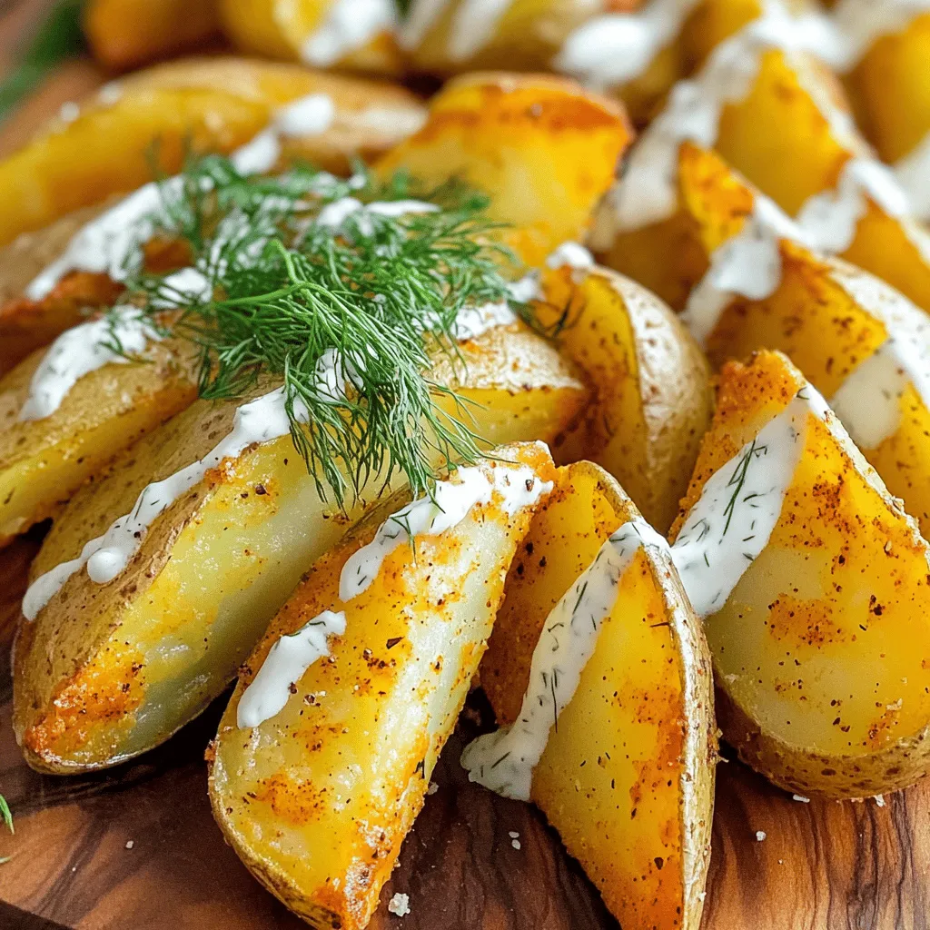 - 4 large russet potatoes, cut into wedges - 1 cup dill pickle juice - 1 tablespoon olive oil - 1 teaspoon garlic powder - 1 teaspoon onion powder - 1 teaspoon smoked paprika - 1 teaspoon dried dill - Salt and pepper to taste - ½ cup ranch dressing (store-bought or homemade) - Fresh dill fronds for garnish When making Pickle Ranch Potato Wedges, start with fresh ingredients. Russet potatoes are the best choice. They give a fluffy inside and a crispy outside. You can soak them in dill pickle juice for a tangy flavor. This step is key to making your wedges special. If you want to switch up the potatoes, try Yukon Gold or sweet potatoes. They add unique flavors and textures. For ranch dressing, you can make your own with yogurt and herbs. This option allows you to control the flavors. If you need a lower-sodium choice, look for low-sodium ranch or pickle juice. These changes can help fit your diet while still enjoying delicious wedges. For the full recipe, check out the recipe section above. To start, you need to coat the potato wedges in pickle juice. Take your large russet potatoes and cut them into wedges. Place the wedges in a large bowl. Pour the dill pickle juice over them. Make sure every wedge gets a good soak. Cover the bowl with plastic wrap. You want to refrigerate them for at least 30 minutes. This time helps the potatoes absorb all the zesty flavor. Next, let’s prep your oven. Preheat it to 425°F (220°C). This high temperature is key for getting those crispy edges. While the oven heats up, line a baking sheet with parchment paper. This step makes cleaning up easy later. You don’t want to scrub stuck-on potato pieces! After marinating, drain the potato wedges. Now, you’ll want to toss them in a separate bowl with olive oil, garlic powder, onion powder, smoked paprika, dried dill, salt, and pepper. Mix them well until each wedge is evenly coated. This step is important for flavor. Spread the seasoned wedges on the lined baking sheet. Make sure they are in a single layer. This helps them cook evenly. Bake them in your preheated oven for 30-35 minutes. Flip them halfway through cooking. This will give you that golden brown, crispy finish. Try not to open the oven door too often, as it can drop the temperature. Enjoy the delicious smell while they bake! To get that perfect crisp, flip the wedges halfway through baking. This ensures even cooking and browning. Bake the wedges for 30-35 minutes at 425°F (220°C) for that golden finish. If you prefer extra crunch, add a few more minutes to the timer. Spicing up your wedges can lead to exciting flavors. You might try adding cayenne for heat or paprika for smokiness. After baking, top your wedges with extra ranch dressing, parmesan cheese, or even crumbled bacon for added taste. One common mistake is not letting the potatoes marinate long enough. A solid 30 minutes in pickle juice boosts flavor. Also, avoid overcrowding the baking sheet. This can lead to soggy wedges. Make sure to leave space for hot air to circulate around each wedge. For the full recipe, check out the main section. {{image_2}} To add a kick, mix in cayenne pepper or your favorite hot sauce. This will give your wedges a nice heat. You can also try a zesty ranch dressing. Look for options that add bold flavors, like chipotle or sriracha. These changes take your snack to the next level. If you love cheese, sprinkle shredded cheese on the wedges before baking. It melts beautifully and adds a rich flavor. For an even cheesier treat, top with cheese after baking. Let it melt under the broiler for a few minutes. This step brings a gooey, delicious finish to your wedges. To make this dish vegetarian or vegan, use dairy-free ranch dressing. Many brands offer great options that taste just as good. Instead of olive oil, try using avocado oil. It has a mild flavor and works well with these wedges. These simple swaps enable everyone to enjoy this tasty snack. For the full recipe, check out [Full Recipe]. To store leftover potato wedges, place them in an airtight container. This keeps them fresh and prevents them from drying out. Wedges will last in the fridge for up to three days. Be sure to let them cool before sealing the container. You can reheat your potato wedges in the oven or microwave. For the oven, preheat it to 400°F (200°C). Spread the wedges on a baking sheet and heat for 10 to 15 minutes. This method helps keep them crispy. If using a microwave, place wedges on a microwave-safe plate and heat for one to two minutes. Note that the microwave may make them a bit soggy. To restore crispiness, you can briefly place them back in the oven after microwaving. To freeze cooked potato wedges, let them cool completely first. Place the wedges in a single layer on a baking sheet and freeze until solid. Once frozen, transfer them to a freezer bag. They can last up to three months in the freezer. To thaw, place them in the fridge overnight or microwave them on low for a few minutes. Reheat in the oven to regain their crunch. Enjoy these tasty snacks anytime with the full recipe! Yes, you can use other potatoes. Yukon gold potatoes add a creamy texture. Sweet potatoes give a hint of sweetness. Red potatoes hold their shape well but may not get as crispy. Each type has its own flavor and texture. Experimenting can lead to fun results. Just remember to adjust cooking times if needed. Making ranch dressing is simple and quick. Here’s a basic recipe: - 1 cup sour cream - ½ cup mayonnaise - 1 tablespoon lemon juice - 1 teaspoon garlic powder - 1 teaspoon onion powder - 1 teaspoon dried dill - Salt and pepper to taste Mix all these ingredients in a bowl until smooth. You can adjust the spices for your taste. This creamy dressing pairs perfectly with the potato wedges. Pickle Ranch Potato Wedges are great with many sides. Here are some tasty options: - A fresh garden salad for crunch - Grilled chicken or fish for protein - Buffalo wings for a spicy kick - Veggie sticks and dip for a health boost These sides balance the savory flavor of the wedges. Enjoy creating a fun meal! In this article, I shared how to make delicious Pickle Ranch Potato Wedges. We covered essential ingredients, marinating techniques, and cooking steps for crispy results. I also included tips to help you avoid common mistakes and variations to try. Remember, take time to marinate and avoid overcrowding your baking sheet for the best flavor. These wedges can be stored, reheated, or even frozen. Enjoy experimenting with substitutions and different flavors in your cooking! Trust me, these wedges will be a hit!