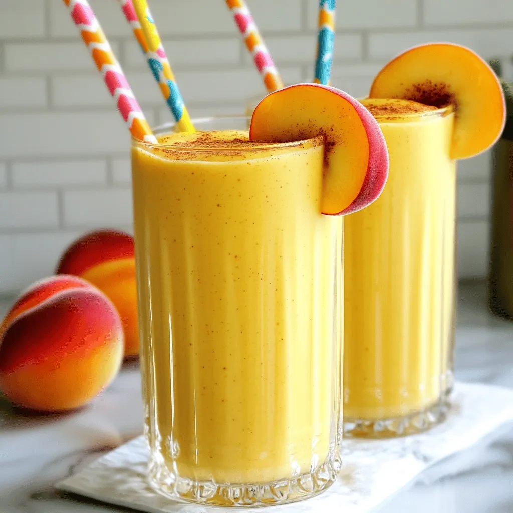 - 2 ripe peaches – pitted and diced - 1 banana – sliced - 1 cup Greek yogurt or dairy-free yogurt - 1 cup almond milk (or any milk of choice) - 1 tablespoon honey or maple syrup (optional) - 1/2 teaspoon vanilla extract - 1/4 teaspoon cinnamon - Ice cubes (for a thicker smoothie) The best part of a creamy peach smoothie is its fresh taste. You need ripe peaches for the best flavor. Peaches should be soft and sweet. The banana adds creaminess and natural sweetness. For the base, you can use Greek yogurt. It gives a rich texture and protein. If you're dairy-free, there are many great yogurts to try. Almond milk is my choice for this recipe. It’s light and adds a nice nutty flavor. Sweeteners can enhance the taste but are not always needed. Honey or maple syrup adds a lovely touch if you want it sweeter. A little vanilla extract and a dash of cinnamon boost the flavor. If you want a thicker smoothie, add ice cubes. Ice makes it frosty and fun! You can try different variations too, but this classic mix is a winner. Check out the Full Recipe for all the steps. Start with the peaches. Wash them under running water. This removes dirt and pesticides. Cut each peach in half. Remove the pit carefully. Dice the peach halves into smaller pieces. This helps them blend smoothly. Next, peel the banana. Slice it into chunks. Make sure the slices are even. This ensures a consistent blend. Now, it’s time to blend. In a blender, add the diced peaches and banana slices. Also, include Greek yogurt, almond milk, honey (if you want), vanilla extract, and cinnamon. Blend on high speed. Keep blending until the mixture looks smooth and creamy. If needed, stop and scrape the sides. This helps mix everything well. Want a thicker smoothie? Add a handful of ice cubes. Blend again until it’s smooth. Now, it's time to taste! Check if it’s sweet enough. If it’s not, add more honey or maple syrup. Blend again if you make any changes. Once it’s perfect, pour the smoothie into chilled glasses. Enjoy your creamy peach smoothie! For the full recipe, check out the sections above. You want ripe fruits for the best smoothie. Ripe peaches are sweet and juicy, giving you a creamy texture. If the peaches are hard, they won’t blend well. The same goes for bananas. A ripe banana adds smoothness and sweetness. When blending, start at a low speed. This helps mix the ingredients without splashing. Gradually increase the speed until smooth. If you need a thicker smoothie, add ice cubes. Blend again until you reach the desired thickness. Make your smoothie look great by garnishing it. A slice of peach on the rim of the glass adds color and flair. A sprinkle of cinnamon on top gives it a warm touch. You can also use fun straws. Bright straws can make the drink feel more festive and inviting. If you want to make the smoothie ahead of time, store it in an airtight container. A glass jar works well; it keeps the smoothie fresh. You can refrigerate it for up to a day. Just give it a good shake before drinking, as it may separate. If you have extra, consider freezing it in ice cube trays. This way, you can use the cubes later in other smoothies. For the full recipe, check the earlier section. Enjoy your creamy peach smoothie! {{image_2}} You can change the fruit in your creamy peach smoothie. If you want a twist, try using mango or blueberries instead of peaches. They add a sweet and unique flavor. You can also mix in some spinach. It boosts the nutrients without changing the taste much. This makes your smoothie even healthier. If you want a dairy-free version, use coconut yogurt or nut-based milks. Almond milk works great, but you can choose any nut milk you like. These options keep the smoothie creamy while making it suitable for those avoiding dairy. Don’t be afraid to experiment with flavors. Adding a pinch of nutmeg can bring a warm spice to your peach smoothie. You could also try almond extract for a nutty twist. These small changes can make your smoothie feel new and exciting. This creamy peach smoothie has about 200 calories per serving. Each ingredient adds to the total. The peaches and banana provide natural sugars. Greek yogurt adds protein and creaminess. Almond milk keeps it light and refreshing. Peaches are rich in vitamins A and C. They help with skin health and boost your immune system. Bananas add potassium, which supports heart health. Greek yogurt is a great source of protein and probiotics. Probiotics help with digestion and gut health. This smoothie is gluten-free, making it safe for those with gluten allergies. To make it vegan, simply swap Greek yogurt for dairy-free yogurt. Use maple syrup instead of honey for a vegan sweetener. Enjoy this tasty drink without worry! To make a creamy peach smoothie, follow these steps: 1. Prepare your fruits: Wash and slice the peaches. Remove the pits and dice them small. Slice the banana into chunks. 2. Blend the ingredients: In a blender, mix the peaches, banana, Greek yogurt, almond milk, and cinnamon. You can add honey or maple syrup if you like it sweeter. 3. Achieve the right texture: Blend until smooth. Stop to scrape the sides if needed. If you want it thicker, add ice cubes and blend again. This method ensures a creamy texture and perfect flavor. Yes, you can use frozen peaches. They will make your smoothie colder and thicker. However, they may change the flavor a bit. Fresh peaches give a sweeter taste, while frozen ones may be slightly less sweet. So, if you use frozen peaches, consider adding a tad more honey or maple syrup. You can store the smoothie in the fridge for up to 24 hours. However, it tastes best when fresh. To keep it fresh longer, use an airtight container. Stir it before drinking, as it may separate over time. To boost the smoothie, try adding: - A scoop of protein powder - Chia seeds for fiber - Spinach for extra nutrients - Flax seeds for omega-3 fatty acids These additions can improve taste and nutrition without overwhelming the base flavor. To adjust sweetness, here are some tips: - Start with a small amount of honey or maple syrup. - Blend, then taste. If it’s not sweet enough, add more. - You can also use ripe bananas for natural sweetness. This way, you can customize the smoothie to your taste! For the full recipe, check out Peach Paradise Smoothie. You now have a simple and tasty peach smoothie recipe. We covered fresh fruits, dairy options, sweeteners, and spices. You learned how to prep, blend, and adjust for the perfect texture. With helpful tips on presentation and storage, you’re ready to impress. Don’t forget to explore variations with different fruits and flavors. Your journey to delicious smoothies can begin today! Enjoy your healthy treat and feel great about what you create.