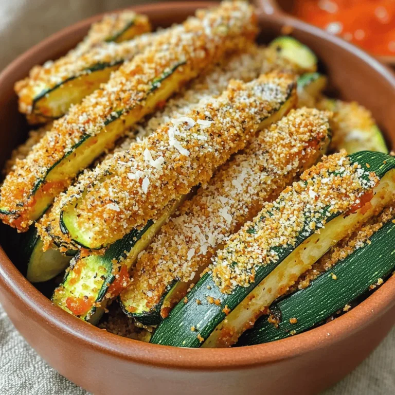 - 2 medium zucchinis, cut into fries - 1/2 cup grated parmesan cheese - 1/2 cup breadcrumbs (preferably panko for extra crunch) - 1 teaspoon garlic powder - 1 teaspoon onion powder - 1 teaspoon dried oregano - 1/2 teaspoon paprika - Salt and pepper to taste - 1 large egg, beaten - Olive oil spray Gathering the right ingredients is key to making crispy air fryer parmesan zucchini fries. The zucchinis are the star here. They are fresh, tasty, and low in calories. Parmesan cheese adds a rich flavor that pairs well with the zucchini. Using panko breadcrumbs gives you that extra crunch you want. The seasonings like garlic powder, onion powder, oregano, and paprika add depth. Adjust the salt and pepper to your taste. The egg is vital for making the coating stick to the zucchini. Finally, olive oil spray ensures the fries become golden and crispy as they cook. - Recommended air fryer models - Kitchen tools needed for preparation For the best results, I recommend using a reliable air fryer. Popular models are the Philips Airfryer or the Ninja Foodi. They heat evenly and cook well. You will also need a few kitchen tools: - A sharp knife for cutting zucchinis - A cutting board for safety - Shallow bowls for breading - A spatula for flipping the fries With these ingredients and tools ready, you are set to enjoy delicious, crunchy zucchini fries. If you want the full recipe, check out the details above! First, preheat your air fryer to 400°F (200°C). This step is key for getting crispy fries. While it heats up, set up your breading station. You need two bowls: one for the beaten egg and another for the breadcrumb mix. In the second bowl, combine the grated parmesan cheese, breadcrumbs, garlic powder, onion powder, oregano, paprika, salt, and pepper. This mix gives the fries their tasty flavor. Now, it’s time to coat the zucchini fries. Take a fry and dip it into the beaten egg. Let any extra egg drip off. Next, roll the fry in the cheese-breadcrumb mix. Press down a bit to help it stick. Once coated, arrange the zucchini fries in a single layer in your air fryer basket. They should not overlap. This helps them cook evenly. Lightly spray them with olive oil for that golden crunch. Set your air fryer to cook for 10-12 minutes. Halfway through, shake the basket gently. This step ensures that all sides get crispy. Keep an eye on them as they cook. You want them golden brown and crunchy. When the timer goes off, check if the fries are done. They should look crispy and have a nice color. If they need more time, put them back for a few minutes. Once done, let the fries cool for a couple of minutes before serving. This cooling time helps them crisp up even more. Enjoy your tasty Air Fryer Parmesan Zucchini Fries with your favorite dip! For the full recipe, refer to the earlier section. To give your zucchini fries an extra kick, try adding spices like cayenne pepper or chili powder. These spices add heat without overpowering the zucchini’s natural flavor. You can also mix in some Italian seasoning or fresh herbs for a fresh touch. If you want to switch up the cheese, consider using cheddar or feta. Each cheese gives a new taste and adds richness. A blend of mozzarella and parmesan can also make for a creamy, delicious bite. Using olive oil spray is key for crispy zucchini fries. A light coat allows the fries to brown nicely. Too much oil can lead to soggy fries, so keep it light and even. Avoid overcrowding your air fryer basket. If the fries touch, they will steam instead of fry. Cook in batches if you need to. This ensures every fry gets that perfect crunch. For a stunning plate, arrange the zucchini fries in a fan shape on a white dish. This enhances their golden color and makes them look more appetizing. You can sprinkle some extra parmesan on top for flair. For dipping sauces, marinara is a classic choice. A creamy garlic aioli also pairs well. These sauces not only add flavor but also make each bite even more enjoyable. Check out the Full Recipe for serving suggestions and more tips! {{image_2}} You can make these zucchini fries vegan! Replace the egg with a flaxseed mixture. Mix one tablespoon of flaxseed meal with three tablespoons of water. Let it sit for five minutes to thicken. For cheese, use nutritional yeast or vegan cheese. Both options add a cheesy flavor without dairy. For breadcrumbs, look for plant-based types. You can use crushed cornflakes or ground oats. These will still give you that crunchy texture we love. Want a kick? Add chili powder or cayenne pepper to your breadcrumb mix. Just a teaspoon can bring heat to your fries. If you love spicy, feel free to use more! You can also try different sauces for dipping. Sriracha or a spicy mayo pairs well for extra flavor. Want to change up the cheese? You can use cheddar or mozzarella instead of parmesan. Each cheese gives a different taste. Mixing cheeses can also create a unique flavor. Try a blend of parmesan and mozzarella for creaminess and crunch. Whatever your choice, these variations keep the dish exciting! For the full recipe, check out the detailed instructions above. Enjoy experimenting! To keep your leftover zucchini fries fresh, use airtight containers. Glass or plastic containers work well. Allow the fries to cool down before sealing them. Store in the fridge for up to three days. This keeps them tasty and safe to eat later. To reheat and keep them crispy, use your air fryer. Set the temperature to 375°F (190°C). Heat for about 5-7 minutes. This method prevents them from becoming soggy. You can also check for that crunchy texture before serving. You can freeze zucchini fries before or after cooking. If freezing raw, coat them as usual and place them in a single layer on a baking sheet. Freeze until solid, then transfer to a freezer bag. To cook frozen fries, place them directly in the air fryer. Cook at 400°F (200°C) for about 12-15 minutes. No thawing needed! Enjoy your crispy snack anytime. For the full recipe, check the earlier section. To make these zucchini fries gluten-free, you can swap regular breadcrumbs for gluten-free ones. You can find many options in stores. For the flour, use almond flour or coconut flour. Both will work well in this recipe. Make sure to check that all your ingredients are gluten-free. This way, everyone can enjoy the crispy goodness! Yes, you can! Many veggies work great for fries. Try using carrots, sweet potatoes, or eggplant. Cut them into similar fry shapes for even cooking. These alternatives will give you tasty and unique flavors. You can get creative with your veggie choices for fun! Your air fryer is a great tool for many dishes. You can make crispy chicken wings, roasted veggies, or even cookies! Try air frying fish or meatballs for a quick meal. Explore new recipes to impress your family and friends. The possibilities are endless! Cleaning your air fryer is easy. Follow these steps: 1. Unplug the air fryer and let it cool. 2. Remove the basket and pan. Wash them in warm, soapy water. 3. Use a soft sponge to avoid scratches. 4. Wipe the inside of the air fryer with a damp cloth. 5. Let everything dry before putting it back together. Regular cleaning keeps your air fryer in great shape for all your cooking adventures. Zucchini fries are a tasty and healthy snack. We covered ingredients, cooking steps, and tips. You can make them crispy with the right techniques. Experiment with flavors or try vegan options. Store leftovers in the fridge or freeze them for later. The air fryer is your best tool for quick, easy snacks. Try new spices and enjoy dipping them. Making zucchini fries can be fun and delicious. Start creating your own versions today!