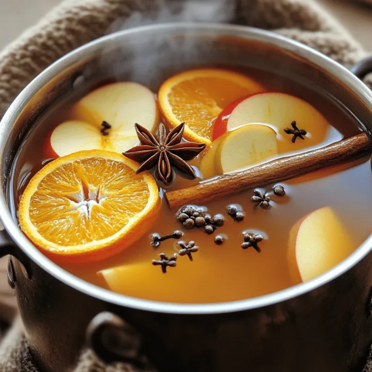 To make this cozy drink, you will need: - 8 cups apple cider (freshly pressed, if possible) - 1 large orange, sliced - 5-6 whole cloves - 2-3 cinnamon sticks - 1 tablespoon allspice berries - 1 tablespoon sugar (or to taste) - 1 teaspoon vanilla extract - Optional: 1-2 cups of sliced apples for garnish - Optional: star anise for decoration Using fresh ingredients makes a big difference. Fresh apple cider adds a rich flavor. Look for cider with no added sugars or preservatives. Choose a bright orange, as its zest brings out the best taste. For spices, whole cloves and cinnamon sticks work best. They provide a strong aroma and flavor. Store spices in a cool, dark place for freshness. You can easily adjust this recipe for allergies or taste. If you have a citrus allergy, skip the orange. You can use apple slices instead. For a sweeter cider, use honey or maple syrup instead of sugar. If you dislike allspice, leave it out or substitute with nutmeg. Keep the warmth of the drink by sticking to spices you enjoy. Check the [Full Recipe] for more ideas! Making spiced apple cider is fun and simple. You start with fresh apple cider, which sets the stage. The spices add warmth and flavor. You can make this drink in less than an hour, perfect for cozy nights. 1. Start with the Cider: Pour 8 cups of apple cider into a large pot. If you can, use freshly pressed cider for the best taste. 2. Add the Spices: Slice one large orange and add the slices to the pot. Toss in 5-6 whole cloves, 2-3 cinnamon sticks, and a tablespoon of allspice berries. 3. Sweeten the Mixture: Add one tablespoon of sugar. You can adjust the sugar to your taste. Stir gently until the sugar dissolves. 4. Heat it Up: Place the pot over medium heat. Bring the cider to a light simmer. 5. Let it Simmer: Lower the heat and let the cider simmer for about 30 minutes. This time lets the spices blend well with the cider. 6. Finish with Vanilla: Remove the pot from heat. Add one teaspoon of vanilla extract and stir it in well. 7. Strain the Cider: Use a fine mesh strainer or cheesecloth to strain out the spices and orange slices. 8. Garnish: If you want, add sliced apples to the hot cider for extra flavor. Serve the cider warm in mugs. A cinnamon stick or star anise on top makes a beautiful touch. Serve your spiced apple cider warm. It’s great for gatherings or a quiet evening. You can also pair it with snacks like popcorn or cookies. This drink is not just tasty; it fills your home with a cozy aroma. For the full recipe, check the earlier section. Enjoy every sip! To make your homemade spiced apple cider even better, try adding more spices. Fresh ginger gives a nice kick. Nutmeg adds warmth. You can also experiment with different types of apples. Each apple variety brings a unique taste. For a sweeter drink, use Fuji or Gala apples. For a tart flavor, go with Granny Smith. You can also add a splash of bourbon for an adult twist. One common mistake is not simmering long enough. Let the cider simmer for at least 30 minutes. This step allows the spices to release their full flavors. Another mistake is adding too much sugar. Start with one tablespoon and adjust to your taste. Remember, you can always add more. Also, don’t skip straining out the spices. Leaving them in can make the drink too strong. Use freshly pressed apple cider for the best taste. If you can’t find it, choose a high-quality store brand. Keep the heat medium, not high. You want a gentle simmer, not a rolling boil. This method helps the spices blend well. Serve your cider in warm mugs. Add a cinnamon stick or an orange slice on top for a nice touch. For an extra layer of flavor, let it sit for a few hours before serving. This waiting period allows the flavors to deepen. {{image_2}} You can change your spiced apple cider for special times of the year. For Halloween, add a few drops of black food coloring to make it spooky. At Thanksgiving, toss in extra cloves and nutmeg for a warm, festive taste. For Christmas, try adding a splash of cranberry juice. It gives a nice color and flavor that fits the holiday spirit. You can swap out some ingredients to make your cider unique. Use pear juice instead of apple cider for a fresh twist. Try fresh ginger slices for a spicy kick. You can also add chai tea bags to the mix. This adds a rich, warm flavor that is both cozy and inviting. If you prefer a sweeter cider, consider adding honey instead of sugar. It brings a nice, natural sweetness. Serving is key to enjoying your homemade spiced apple cider. Use clear mugs to show off the beautiful color. Garnish with orange slices or a cinnamon stick for a lovely touch. You can also float star anise on top. It looks great and adds extra flavor. For a fun twist, make cider ice cubes with leftover cider. Serve them in your mugs for a cool effect. Each sip will be refreshing and flavorful. For more details, check out the Full Recipe. After making your homemade spiced apple cider, let it cool to room temperature. Pour the cider into a clean container. Use a glass jar or a plastic pitcher with a lid. Store it in the fridge. It should last for about five days. Make sure to taste it before serving. If it tastes off, it’s best to throw it away. If you want to keep your spiced apple cider longer, freezing is a great option. Let the cider cool completely. Pour it into freezer-safe bags or containers. Leave some space at the top since it will expand when frozen. Label the bags with the date. It can last up to six months in the freezer. When you are ready to drink it, thaw it in the fridge overnight. To reheat your spiced apple cider, pour it into a pot. Heat it over medium heat on the stove. Stir it gently to mix the flavors. You can also use a microwave. Heat it in a microwave-safe mug for about one to two minutes. Be careful not to overheat it. The cider tastes best warm, so enjoy it fresh after reheating. You can store homemade spiced apple cider in the fridge for up to one week. Keep it in an airtight container. If you want to save it longer, you can freeze it. Just pour it into freezer-safe bags or containers. It can last for about three months in the freezer. Thaw it in the fridge when you’re ready to enjoy it again. Yes, you can use store-bought apple cider. Freshly pressed cider is great, but store-bought works too. Just check the label for added sugars or preservatives. The flavor may differ slightly, but it'll still taste good. Using store-bought cider can save time and effort. Spiced apple cider offers several health benefits. Apples are rich in fiber and vitamin C. Cloves and cinnamon can help with digestion and have anti-inflammatory properties. Ginger, if added, can boost immunity. The warm spices can also help to comfort you during cold days. Enjoying this drink can be both tasty and good for your health. In this post, we covered the essential ingredients and steps for making spiced apple cider. You learned about freshness tips, alternatives for allergies, and how to enhance flavor. I shared common mistakes to avoid and best brewing practices. We explored seasonal variations, storage options, and addressed frequently asked questions. Creating spiced apple cider is simple and enjoyable. You can experiment with ingredients and flavors. Remember, the best cider comes from quality apples and a bit of care. Happy brewing!