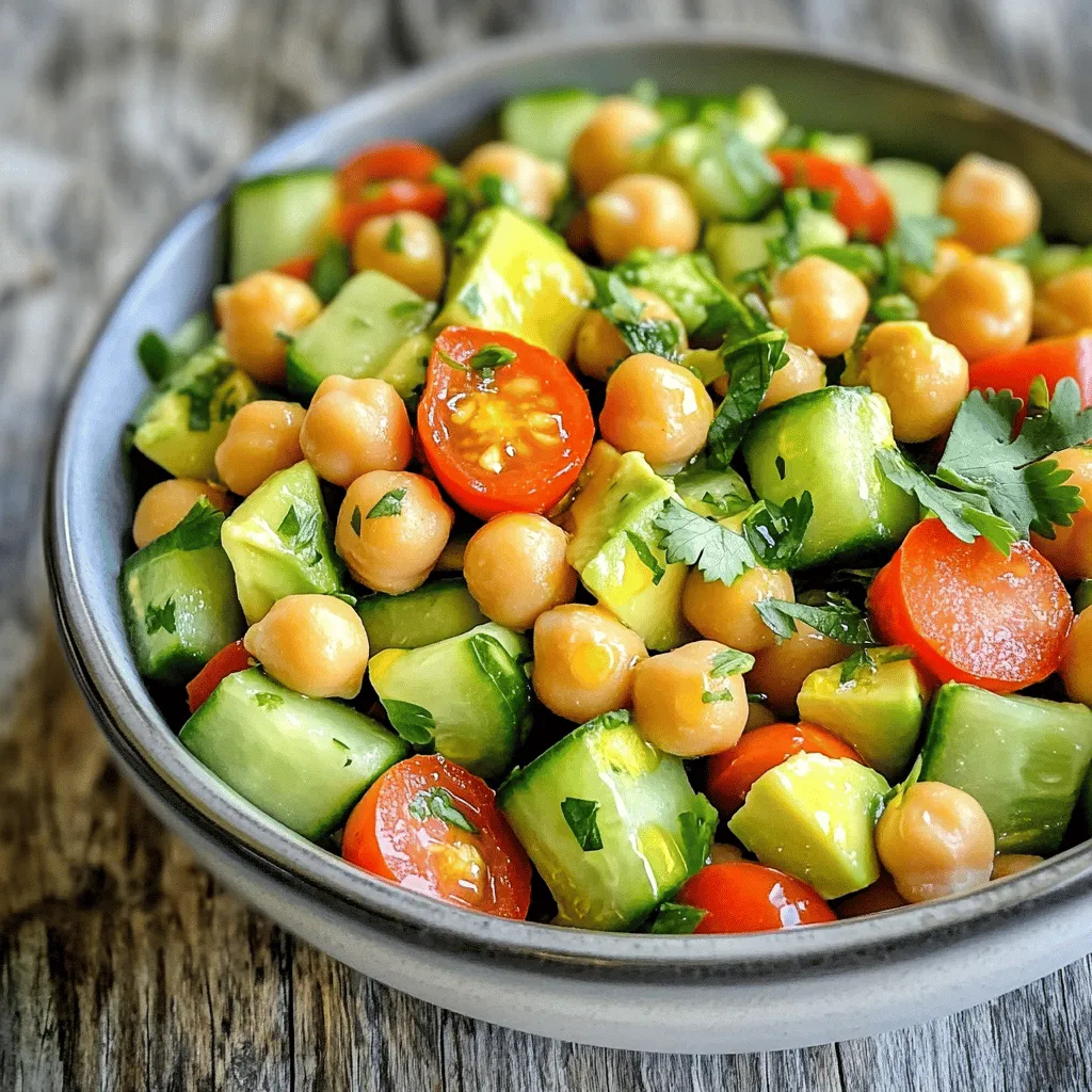 To make this Avocado Chickpea Salad, you need: - 1 ripe avocado, diced - 1 can (15 oz) chickpeas, rinsed and drained - 1 cup cherry tomatoes, halved - 1 cucumber, diced - 1 red bell pepper, diced - 1/4 red onion, finely chopped - 2 tablespoons fresh cilantro, chopped - 2 tablespoons olive oil - 1 tablespoon apple cider vinegar - 1 tablespoon lemon juice - Salt and pepper to taste - 1/2 teaspoon garlic powder - 1/4 teaspoon cumin (optional) This salad is not just tasty; it’s also healthy. - Avocado provides healthy fats and fiber. - Chickpeas are high in protein and fiber. - Tomatoes add vitamins and are low in calories. - Cucumbers keep you hydrated and fresh. - Bell peppers are rich in vitamins A and C. - Red onion offers antioxidants and adds flavor. Cilantro adds a burst of freshness, while olive oil gives healthy fats. This salad is a great choice for a balanced meal. You can swap ingredients to suit your taste: - Use black beans instead of chickpeas for a different flavor. - Try avocado oil if you want a milder taste. - Substitute zucchini for cucumbers for a crunchy twist. - Add spinach or kale for more greens. - Use lime juice instead of lemon for a zesty kick. These changes keep the dish exciting while still being nutritious. Check the Full Recipe for more details to create this colorful dish! To make this delicious salad, start with fresh ingredients. First, gather your items. You need: - 1 ripe avocado, diced - 1 can (15 oz) chickpeas, rinsed and drained - 1 cup cherry tomatoes, halved - 1 cucumber, diced - 1 red bell pepper, diced - 1/4 red onion, finely chopped - 2 tablespoons fresh cilantro, chopped Next, take a large mixing bowl and add the chickpeas, diced avocado, cherry tomatoes, cucumber, red bell pepper, and red onion. Gently mix these ingredients together. You want to keep the avocado pieces whole, so be careful. When you mix the ingredients, do it lightly. If you mash the avocado, the salad won't look nice. To avoid this, use a wide spatula. This helps keep the avocado chunky. Also, cut all your veggies to a similar size. This makes each bite balanced. For the dressing, grab a small bowl. Add 2 tablespoons of olive oil, 1 tablespoon of apple cider vinegar, and 1 tablespoon of lemon juice. You will also add 1/2 teaspoon of garlic powder, and if you like, 1/4 teaspoon of cumin. Season with salt and pepper to taste. Whisk these ingredients together until smooth. Once it's ready, pour the dressing over the salad mixture. Gently toss everything together. Make sure to coat the ingredients well. Finally, add the chopped cilantro and stir it in. Let the salad sit for about 10 minutes. This allows all the flavors to blend. For the full recipe, refer to the earlier section. When you pick avocados, look for ones that feel slightly soft. This means they are ripe and ready to eat. If they feel hard, they need more time to ripen. You can also check the color. Dark green avocados often taste sweeter. Store unripe avocados in a brown paper bag. This helps them ripen faster. If you have ripe avocados, keep them in the fridge to slow down the ripening process. To boost flavors in your avocado chickpea salad, try adding fresh herbs. Chopped cilantro gives a bright taste. You can also use parsley or basil for a different twist. A splash of lime juice can add a zesty kick. Experiment with spices like cumin or paprika for extra warmth. A pinch of chili flakes will bring heat if you like it spicy. Mixing different flavors makes the salad more exciting! One common mistake is cutting avocados too early. They brown quickly when exposed to air. To avoid this, add them last to the salad. Another mistake is not seasoning enough. Salt and pepper bring out the salad's best flavors. Always taste before serving. Lastly, don't overmix. Gently toss the salad to keep it fresh and intact. These simple tips will help you make a delicious avocado chickpea salad. For the complete recipe, check out the Full Recipe. {{image_2}} You can boost your avocado chickpea salad with more vegan goodies. Try adding diced tofu for protein. Sunflower seeds or pumpkin seeds add crunch. You can also toss in some chopped nuts for extra texture. If you love spice, add jalapeño or crushed red pepper. These changes keep your salad fresh and tasty! You can swap ingredients based on what’s in season. In winter, try roasted sweet potatoes instead of cucumber. In fall, add diced apples or pears for a sweet touch. Fresh herbs like basil or mint can brighten your salad in summer. These swaps give your dish a new twist while keeping it healthy. Mixing flavors makes your salad exciting! Try adding a dash of smoked paprika for depth. A sprinkle of feta cheese can add creaminess and tang. You can also use fresh lemon zest for a citrus kick. These flavor tricks will take your avocado chickpea salad to the next level. Check out the Full Recipe for more ideas! After enjoying your avocado chickpea salad, store any leftovers in an airtight container. This keeps the salad fresh. Place the container in the fridge. The salad will stay good for about two days. The avocado may brown a bit, but the taste will remain. If you want to keep it looking nice, add the dressing just before eating. To make meal prep easy, store salad ingredients separately. Keep the avocado and dressing in different containers. This way, the avocado stays fresh and the salad won’t get soggy. You can prepare everything a day ahead. On the day you plan to eat, mix it all together. This will give you a fresh and tasty meal. Each ingredient in the avocado chickpea salad has its own shelf life. Here’s a quick guide: - Chickpeas: Canned chickpeas last up to three years in the pantry. - Avocado: A ripe avocado lasts about 1-2 days. Check for softness. - Cherry tomatoes: They stay fresh in the fridge for about a week. - Cucumber: A cucumber lasts about a week in the fridge. - Red bell pepper: This can last up to a week too. - Red onion: Whole onions can last for weeks in a cool, dark place. - Fresh cilantro: Store it in the fridge, and it lasts about a week. - Olive oil: Keep it in a cool spot, and it lasts up to a year. - Apple cider vinegar: This lasts indefinitely in your pantry. For the best taste, use fresh ingredients. Check the Full Recipe for more tips on making this salad. To ripen avocados, place them in a brown paper bag. This traps the ethylene gas, which speeds up ripening. Keep them at room temperature for a few days. You can add an apple or banana to the bag for extra gas. Check daily to avoid overripening. Yes, you can make this salad in advance. Just prepare the ingredients and mix them without the dressing. Store the salad in an airtight container in the fridge. Add the dressing just before serving to keep it fresh. You can serve this salad on its own or as a side dish. It pairs well with grilled chicken or fish. You can also serve it in a wrap or on toast. For added crunch, top with pumpkin seeds or nuts. Absolutely! This recipe is great for meal prepping. You can make a big batch and store it in separate containers. It stays fresh for about three days in the fridge. Just remember to add the dressing later. To reduce water in the salad, drain the chickpeas well. You can also pat the diced cucumber with a paper towel. This absorbs excess moisture. Avoid overmixing the salad after adding the dressing. This helps keep it from becoming soggy. For the full recipe, check out Avocado Chickpea Delight. This blog post covered many key points about making a delicious and healthy salad. We looked at important ingredients and their benefits, along with simple steps to mix the perfect dressing. I shared best tips for choosing avocados and avoiding common errors. You can even explore variations for personal tastes. Remember, small changes can create tasty meals. Enjoy your salad journey and feel free to experiment!