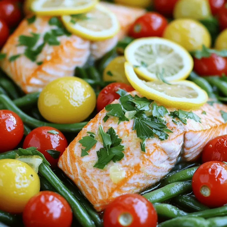 To make One Pan Lemon Garlic Salmon, you need a few fresh and simple items. Here’s the list of ingredients: - 2 salmon fillets, skin-on - 2 tablespoons olive oil - 4 cloves garlic, minced - 1 lemon, sliced - 1 cup cherry tomatoes, halved - 1/2 cup green beans, trimmed - Salt and pepper to taste - Fresh parsley, chopped (for garnish) Each ingredient adds its own flavor to the dish. Salmon gives you healthy fats and protein. Olive oil keeps everything moist and tasty. Garlic adds a nice kick. Lemon brightens the dish with its tang. Cherry tomatoes bring sweetness, while green beans add crunch. Salt and pepper are key for seasoning. Fresh parsley not only looks nice but also adds freshness. Using quality ingredients makes a big difference. I always recommend using fresh salmon and seasonal veggies. This dish is simple but packs a punch. You can find the full recipe easily to help you get started. Set your oven temperature to 400°F (200°C). This step is key for even cooking. Start by mincing the garlic. You want small pieces for great flavor. Next, slice the lemon into thin rounds. Fresh lemon adds brightness to the dish. In a large oven-safe skillet, heat two tablespoons of olive oil over medium heat. Once hot, add the minced garlic. Sauté it for about one minute until fragrant. Don’t let it burn! Now, lay the salmon fillets in the skillet with the skin-side down. Season them generously with salt and pepper. This adds flavor. Place the lemon slices on top of the salmon. Then, tuck the halved cherry tomatoes and green beans around the fish. Squeeze half of the lemon juice over everything for extra zest. Now, carefully transfer the skillet to your preheated oven. Bake for 12 to 15 minutes. The salmon should be cooked through and flake easily with a fork. After baking, remove the skillet from the oven. Let it rest for a couple of minutes. This helps the juices settle. Garnish with fresh parsley and enjoy your meal! For the complete details, check out the Full Recipe. To know when your salmon is done, look for a few signs. First, the color should change from bright pink to a pale pink. Next, the fish should feel firm to the touch. You can also do the flaking test. Gently press a fork into the salmon. If it flakes easily, it is ready. If it resists, let it cook a bit longer. To boost the taste, you can add fresh herbs. Dill, thyme, or basil work well with salmon. You might also try spices like paprika or cumin for a unique twist. A pinch of red pepper flakes can add a nice kick. Don’t hesitate to experiment with your favorites! Using the right skillet can make a big difference. A cast-iron skillet gives great heat and cooks evenly. A non-stick skillet also works well, making it easier to remove the salmon. Avoid thin pans that can warp in the oven. A heavy bottom is best for even cooking. For the full recipe, check out the [Full Recipe]. {{image_2}} If you don’t have green beans or cherry tomatoes, don't worry! You can swap in other veggies. Try zucchini or bell peppers for a fresh twist. Broccoli or asparagus also work well. Just cut them into bite-sized pieces to cook evenly. These swaps keep the dish colorful and tasty. This recipe loves to play with proteins. You can use other fish like trout or cod. They work great with the lemon and garlic. If you prefer chicken, use boneless, skinless chicken breasts. Just adjust the cooking time. Chicken may need a bit longer to cook through. Aim for an internal temp of 165°F to ensure it's safe to eat. Making this dish gluten-free is easy. The original recipe is naturally gluten-free. Just check that your olive oil is pure and safe. For dairy-free needs, you're all set! The recipe doesn’t use any dairy products. You can enjoy this dish without any worry. Feel free to add some dairy-free butter for extra richness if desired. For more details, check out the Full Recipe. To store leftovers of your one pan lemon garlic salmon, let it cool first. Place the salmon in an airtight container. Store it in the fridge for up to three days. This keeps it fresh and safe to eat. When reheating, keep the salmon moist. Use your oven or a pan. Preheat your oven to 350°F (175°C). Warm the salmon for about 10 minutes. If using a pan, add a splash of water and cover it. This helps keep it juicy. You can freeze your one pan lemon garlic salmon too. Wrap it tightly in plastic wrap. Then, place it in a freezer bag. It can stay in the freezer for up to three months. Thaw it in the fridge overnight before reheating. This keeps the flavor and texture nice. You should bake salmon at 400°F for about 12 to 15 minutes. The thickness of your salmon fillets can affect the cooking time. Thicker pieces may need a bit longer. Always check if the salmon flakes easily with a fork. This test shows it is done. Yes, you can use frozen salmon. If using frozen salmon, thaw it first. You can do this in the fridge overnight or by running it under cold water. Make sure it is fully thawed before cooking. This ensures even cooking and great flavor. I recommend serving your salmon with a fresh salad or rice. Quinoa also pairs well and adds nutrients. Roasted vegetables make a nice side, too. You can use whatever you have on hand. These sides complete your meal and add color to your plate. For the full recipe, check out the detailed steps and ingredients. You learned how to make a tasty One Pan Lemon Garlic Salmon. We covered the key ingredients, step-by-step cooking, and useful tips. Remember, the best way to know if salmon is done is when it flakes easily. You can even switch out vegetables or proteins for variety. Store leftovers properly and reheat gently. This dish is simple, healthy, and delicious! Try it today and impress your family and friends with your cooking skills. Enjoy your new meal!