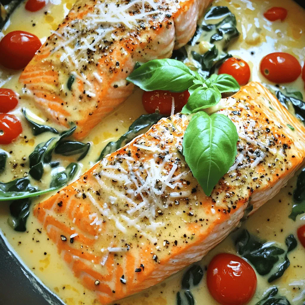 To make Creamy Tuscan Salmon, gather the following fresh ingredients: - 4 salmon fillets - 2 tablespoons olive oil - 3 cloves garlic, minced - 1 cup cherry tomatoes, halved - 1 cup spinach leaves, fresh - 1 cup heavy cream - 1 cup shredded Parmesan cheese - 1 tablespoon Italian seasoning - Salt and pepper to taste - Fresh basil leaves for garnish These ingredients come together to create a rich and tasty dish. The salmon fillets provide a nice, flaky texture. The cherry tomatoes add a sweet burst of flavor. Fresh spinach brings a pop of color and nutrients. Heavy cream combined with Parmesan cheese creates a luscious sauce. Olive oil and garlic enhance the overall taste. Italian seasoning adds warmth and depth. Finally, garnish with fresh basil for a bright finish. You can find the full recipe in the article. It guides you step by step, ensuring your meal turns out perfect every time. - Start by seasoning the salmon fillets with salt, pepper, and Italian seasoning. - In a large skillet, heat the olive oil over medium-high heat. - Once the oil is hot, add the salmon fillets skin-side down. - Sear for 4 to 5 minutes until golden brown. Flip and cook for 3 to 4 more minutes. - In the same skillet, add minced garlic and sauté for about 30 seconds. - Then, add the halved cherry tomatoes and cook for 2 to 3 minutes until soft. - Stir in the fresh spinach leaves and cook until they wilt. - Lower the heat and pour in the heavy cream. Stir to mix well. Let it simmer for 2 to 3 minutes. - Gradually add the shredded Parmesan cheese, stirring until melted and creamy. - Return the salmon to the skillet, spooning the creamy sauce over it. - Cook for another minute to warm through. Taste and adjust seasoning if needed. For the full recipe, refer to the detailed instructions. Enjoy your cooking! To know when salmon is cooked, look for a few signs. First, the flesh should be opaque and flake easily with a fork. A safe internal temperature is 145°F. You can use a food thermometer to check this. For the best results, I recommend using a non-stick skillet or cast iron pan. These types heat evenly and help prevent sticking. This way, you can achieve that lovely golden crust without losing any salmon. To boost the flavor of your creamy sauce, consider adding lemon juice or zest. This will brighten the dish up a notch. Another great option is to mix in some red pepper flakes for a mild kick. If you want a thicker sauce, let it simmer longer. For a thinner texture, simply add a splash of broth or extra cream. Adjusting the sauce to your liking makes a big difference. Creamy Tuscan Salmon pairs beautifully with side dishes. I love serving it with garlic mashed potatoes or a simple green salad. You could also try it with roasted asparagus or steamed broccoli for a fresh touch. When plating, place the salmon in the center of the plate. Spoon the creamy sauce over the top. Add a few fresh basil leaves for color. This creates a stunning presentation that will impress your guests. For the full recipe, check out the instructions above. {{image_2}} You can switch up the heavy cream for a lighter option. Use half-and-half or coconut milk for a different taste. If you want a thicker sauce, blend silken tofu or cashew cream instead. For cheese, Parmesan is great, but you can try feta or goat cheese too. Each cheese brings its own flavor, so feel free to experiment! To make this dish dairy-free, replace the heavy cream with almond milk or oat cream. Use nutritional yeast instead of cheese for a cheesy flavor without the dairy. For a low-carb option, skip the cream and use cauliflower puree instead. This keeps the dish creamy without adding carbs. You can add fresh herbs like thyme or oregano for a twist. A pinch of red pepper flakes adds heat if you like spice. For a cultural twist, try adding olives or capers for a Mediterranean flair. Each change can make the dish feel new and exciting! To keep your Creamy Tuscan Salmon fresh, store leftovers in the fridge. Place the salmon in an airtight container. It will stay fresh for about three days. If you want to keep it longer, freeze it. Wrap each fillet in plastic wrap, then place it in a freezer bag. This helps prevent freezer burn. To reheat the salmon, use the oven or stovetop. For the oven, preheat it to 350°F. Place the salmon in a baking dish and cover it with foil. Heat for about 15 minutes. On the stovetop, add a little olive oil to a skillet. Cook over low heat for 5-7 minutes. This keeps the salmon moist and tasty. In the fridge, Creamy Tuscan Salmon lasts about three days. If it smells off or looks dull, throw it away. Signs of spoilage include a slimy texture or discoloration. Always check for these signs before eating leftovers. Proper storage keeps your meal safe and delicious. You can add heat to your dish easily. Here are some options: - Red pepper flakes - Fresh chopped jalapeños - A dash of hot sauce For spice blends, consider: - Cajun seasoning - Italian seasoning with extra chili powder - A sprinkle of smoked paprika These ingredients will give your salmon a nice kick without overpowering the creamy sauce. Yes, you can use frozen salmon! Just remember to thaw it first. Here’s how: - Place the salmon in the fridge overnight. - For a quick thaw, seal it in a bag and submerge it in cold water for about an hour. If you use frozen salmon, adjust the cooking time. It may take a few extra minutes to cook through. Always check for doneness with a fork. White wines work best with this dish. I suggest: - Sauvignon Blanc - Chardonnay - Pinot Grigio If you prefer red, try a light Pinot Noir. These wines will balance the creamy flavors and enhance your meal. Enjoy your dinner with a great drink! In this post, I shared how to make Creamy Tuscan Salmon, detailing ingredients, steps, and helpful tips. You learned about flavor boosts, cooking methods, and storage tips. You can easily adjust this dish to fit your needs, whether for dietary changes or personal tastes. Enjoy experimenting with ingredients and serving suggestions. With these easy steps, you can impress everyone at your table. Try it today, and make sure to savor each bite!