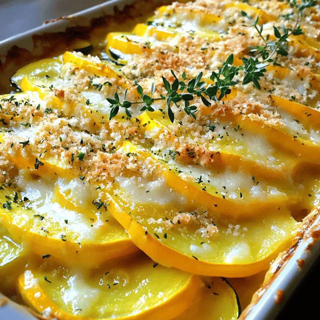 - 3 medium yellow summer squash, thinly sliced - 2 medium zucchinis, thinly sliced - 1 small onion, finely chopped - 2 cloves garlic, minced - 1 cup heavy cream - 1 cup shredded Gruyère cheese - 1/2 cup grated Parmesan cheese - 1 teaspoon fresh thyme leaves (or 1/2 tsp dried thyme) - Salt and pepper to taste - 1 tablespoon olive oil - 1/2 cup breadcrumbs (for topping) - 1 tablespoon fresh parsley, chopped (for garnish) You can add other flavors to your gratin. Try fresh herbs like basil or oregano. You might also like to use different cheeses, such as mozzarella or cheddar. For a kick, consider adding a pinch of red pepper flakes. These small changes can make a big difference! To make this dish, you need a few simple tools: - A large skillet for cooking the veggies - A 9x13-inch baking dish for the gratin - A sharp knife for slicing the squash and zucchini - Mixing bowls for combining the cream and cheese These tools will help you create a great summer squash gratin. Follow the instructions in the Full Recipe for best results! To start, you need to thinly slice summer squash and zucchini. Hold the squash steady on a cutting board. Use a sharp knife and cut them into thin rounds. Aim for about 1/4 inch thick. This helps them cook evenly. Next, chop the onion finely. You want small pieces to spread flavor well. For the garlic, take two cloves and mince them. Press down on each clove with the flat side of the knife. Then, chop them into tiny bits. Now, heat a large skillet over medium heat. Pour in one tablespoon of olive oil. Let it warm up for a minute. Add the chopped onion and cook it until it turns clear, about 3 to 4 minutes. This brings out its sweet taste. Stir in the minced garlic and cook for one more minute. You will smell a nice aroma. Next, add the sliced summer squash and zucchini to the pan. Cook them for 5 to 7 minutes until they start to soften. Season with salt, pepper, and fresh thyme. This will brighten up the flavors. Grab a greased 9x13-inch baking dish. Layer half of the sautéed veggies at the bottom. Pour half of the cream and cheese mixture over the veggies. Spread it evenly. Then, repeat with the rest of the vegetables. Top it off with the remaining cream mix. Finally, sprinkle the rest of the Gruyère and Parmesan cheese on top. To finish, cover the dish with breadcrumbs. This gives a crispy layer when baked. This layering helps create a tasty and beautiful gratin. Follow these steps, and you will have a dish that looks as good as it tastes. For the full recipe, check out the details above! To get the best texture from your squash, slice it thin. Thin slices cook faster and keep their shape. Don't overcrowd the pan when you sauté. This helps the squash stay crisp. Season well with salt and pepper. Taste as you go. This will make your dish more flavorful. Garnishing makes your gratin pop. Use chopped parsley on top just before serving. For more color, add sliced tomatoes or a sprinkle of paprika. Arrange the gratin in a nice baking dish. This makes it more inviting for guests. A good presentation shows your care and effort. Soggy gratin? This can happen if you add too much cream or don't sauté long enough. Make sure to cook the vegetables until they soften. For burnt toppings, cover the dish with foil for the first half of baking. Then, remove the foil to allow the top to brown nicely. Adjust baking time as needed, too. {{image_2}} You can change the cheese in this gratin to fit your taste. Cheddar gives a sharp bite. Mozzarella melts well and adds creaminess. Try a mix of cheeses for a fun twist. Use goat cheese for a tangy flavor. Each cheese brings its own character to the dish. Make sure to adjust the amount based on how cheesy you want it. If you want to boost the dish, add proteins like chicken or bacon. Cook diced chicken in the skillet before adding the veggies. This adds heartiness. For bacon, cook it until crispy, then crumble it on top of the layers. This gives a nice crunch and flavor. You can also use ground turkey or sausage for a tasty change. For a vegan take, swap heavy cream for plant-based cream. Look for cashew or coconut cream for a rich base. Replace cheese with vegan cheese or nutritional yeast for a cheesy taste without dairy. You can use sautéed mushrooms to add depth. These swaps keep the dish creamy and satisfying while being friendly for all diets. For the full recipe, check out the Golden Summer Squash Gratin 🥔. To keep your Summer Squash Gratin fresh, let it cool first. Once cool, transfer it to an airtight container. Place a layer of plastic wrap on top, then seal the lid. This helps prevent moisture loss. Store it in the fridge for up to three days. If you notice any off smells, it's best to toss it. When you want to reheat your gratin, the oven is the best choice. Preheat your oven to 350°F (175°C). Place the gratin in an oven-safe dish. Cover it with foil to keep it moist. Heat for about 15-20 minutes until warm. You can also reheat it in the microwave. Use a microwave-safe dish and heat in short bursts. Stir between each burst to avoid hot spots. If you want to freeze your gratin, first let it cool completely. Cut it into portions for easy thawing. Wrap each piece tightly in plastic wrap, then place in a freezer bag. Label the bags with the date. You can freeze it for up to three months. To thaw, place it in the fridge overnight. Reheat it in the oven as mentioned above. This keeps the texture and flavor intact. Summer Squash Gratin can last about 3 to 5 days in the fridge. To check for spoilage, look for changes in color or smell. If it smells sour or looks off, it's best to throw it away. Always store it in an airtight container to keep it fresh longer. Yes, you can prepare Summer Squash Gratin ahead of time. Just follow these steps: - Prepare the gratin: Assemble it as per the recipe but skip baking. - Cover it well: Use plastic wrap or foil to seal it tightly. - Store in the fridge: It can sit for up to a day before you bake it. When ready to cook, preheat your oven and bake as directed. If it’s cold from the fridge, it may need a few extra minutes. Summer Squash Gratin pairs well with many dishes. Here are some great options: - Grilled chicken: The light, juicy flavor works well. - Steamed vegetables: Broccoli or green beans add freshness. - Simple salad: A green salad with vinaigrette brightens the meal. - Crusty bread: A good loaf can help soak up the creamy sauce. These sides balance the rich flavors of the gratin and make for a cozy meal. This blog post covered all the key steps to make delicious Summer Squash Gratin. You learned about the ingredients, kitchen tools, and the step-by-step process. I shared tips for perfecting the dish and ideas for variations, making it easy to customize. Whether you want a simple side or a show-stopping main, this gratin can fit the bill. Enjoy experimenting with your flavors and impressing others with your cooking skills!