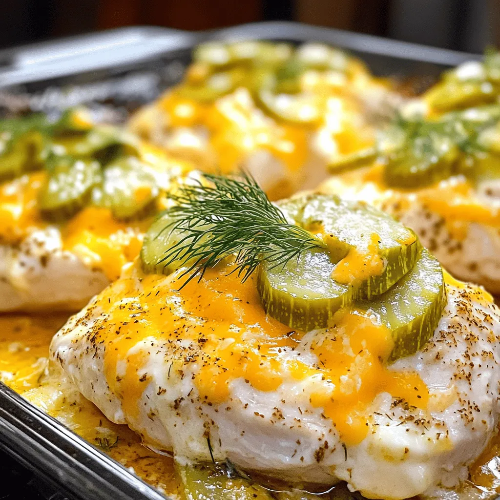 For the Cheesy Pickle Chicken Bake, you need: - 4 boneless, skinless chicken breasts - 1 cup dill pickles, chopped - 1 cup shredded cheddar cheese - 1 cup cream cheese, softened - 1/2 cup mayonnaise - 1 teaspoon garlic powder - 1 teaspoon onion powder - 1/2 teaspoon paprika - Salt and pepper to taste - Fresh dill for garnish These ingredients work together to create a creamy, tangy, and cheesy dish. The chicken is tender and juicy, while the pickles add a nice crunch and zing. Use fresh chicken for the best taste. Look for chicken breasts that are pink and firm. For pickles, choose crisp dill pickles to get that perfect crunch. Fresh dill gives a burst of flavor, so use it if you can. Cream cheese should be at room temperature for easy mixing. If you don't have dill pickles, you can use bread and butter pickles. They add a sweet taste. For cheese, try pepper jack for some heat. If you prefer a lighter dish, use Greek yogurt instead of mayonnaise. This keeps the creaminess while cutting some calories. Feel free to explore these options for your Cheesy Pickle Chicken Bake! For the full recipe, follow the steps carefully to make this delicious dish. First, preheat your oven to 375°F (190°C). This step is key to cooking the chicken evenly. Next, take the boneless, skinless chicken breasts and place them in a greased baking dish. Make sure to season both sides with salt and pepper. This simple step adds great flavor to the dish. You want to ensure each piece is coated well. In a mixing bowl, combine the softened cream cheese and mayonnaise. Add garlic powder, onion powder, paprika, salt, and pepper. Mix these ingredients until they become smooth and creamy. Gently fold in the chopped dill pickles and half of the shredded cheddar cheese. This mix gives a tangy, rich flavor that pairs well with the chicken. Spread this creamy mixture evenly over the chicken breasts in the baking dish. Now, sprinkle the remaining cheddar cheese on top of the creamy pickle mixture. This will create a delicious, gooey topping. Place the dish in the oven and bake for 25-30 minutes. The chicken should be cooked through, and the cheese should be melted and bubbly. Once done, remove the dish from the oven and let it rest for a few minutes. Garnish with fresh dill before serving. Enjoy this cheesy pickle chicken bake! For the full recipe, check the recipe section above. To make your Cheesy Pickle Chicken Bake extra tasty, focus on the cream cheese mix. Use fresh ingredients for the best flavor. Mix the cream cheese and mayo until smooth. This will help the flavors blend well. When adding the dill pickles, fold them in gently. This keeps the pickles from getting mushy. For a crispy top, broil the dish for a few minutes after baking. Keep an eye on it, so it doesn’t burn. Serve this dish right from the oven. It looks great and smells amazing. You can add some fresh dill on top for color and taste. Pair it with a side salad or some roasted veggies. This adds freshness to the meal. You can also serve it with rice or mashed potatoes for a heartier dish. The creamy sauce is great when soaked up by these sides. To complement the rich flavors of this bake, try a light white wine. A dry Sauvignon Blanc pairs well. If you prefer non-alcoholic drinks, serve iced tea or lemonade. Both will balance the creaminess of the dish. For dessert, consider serving fruit salad or sorbet. These options will cleanse the palate and keep the meal light. For the full recipe, check out the detailed instructions above. Enjoy your cooking! {{image_2}} If you want a low-carb or keto version, swap the cream cheese with a low-fat option. You can use cauliflower rice instead of chicken for a veggie twist. You can also skip the mayonnaise to cut calories further. This dish still tastes great while keeping carbs low. For a vegetarian take, replace chicken with hearty vegetables. Zucchini or eggplant work well. Use the same creamy pickle mixture for flavor. You can also try tofu for protein. Just press and cube it before adding to the dish. Want to mix things up? Try adding different spices. For a spicy kick, add jalapeños to the creamy mix. You can also use smoked gouda cheese instead of cheddar for a smoky taste. Experimenting with herbs like basil or thyme can also change the flavor. Each tweak can turn this dish into a whole new meal! After you enjoy your Cheesy Pickle Chicken Bake, store the leftovers in an airtight container. Let the dish cool completely before sealing it. This keeps the flavors fresh and tasty. You can keep it in the fridge for up to 3 days. If you want to enjoy it later, freezing is a great option. To reheat, you can use the oven or microwave. If you use the oven, preheat it to 350°F (175°C). Place the chicken in a baking dish and cover it with foil. Heat for about 15-20 minutes, or until warm. If you use the microwave, heat in short bursts of 1-2 minutes. Check to make sure it heats evenly without overcooking. To freeze, cut the chicken into portions. Wrap each piece tightly in plastic wrap. Then, place them in a freezer-safe bag. Label the bag with the date and contents. You can freeze it for up to 3 months. When you are ready to eat, thaw in the fridge overnight before reheating. This helps keep the chicken moist and flavorful. For the full recipe, check the recipe section. Yes, you can use different cheeses. Try mozzarella or pepper jack for a twist. Each cheese adds a unique flavor. I love using gouda for a rich taste. Just remember, the melt quality matters. Cheddar works best for a creamy texture. It takes about 25-30 minutes to cook chicken at 375°F (190°C). The chicken is done when it reaches 165°F (74°C). Use a meat thermometer to check. This ensures your chicken is safe to eat and juicy. Overcooked chicken can be dry, so keep an eye on it. Yes, you can prepare this dish ahead of time! Just follow the recipe up to the baking step. Cover the dish and store it in the fridge for up to 24 hours. When ready, just pop it in the oven. This makes meal prep easy and quick. Enjoy a tasty dinner without the fuss! For the full recipe, check out the earlier section. You now have all the tools to make this dish a hit. We covered key ingredients, easy instructions, and tips for freshness. You learned ways to switch ingredients or adjust flavors. I shared storage tips for leftovers too. Whether you want low-carb options or quick prep ideas, you have choices. Remember, this recipe is about having fun and enjoying your food. Now, go ahead and create something delicious!
