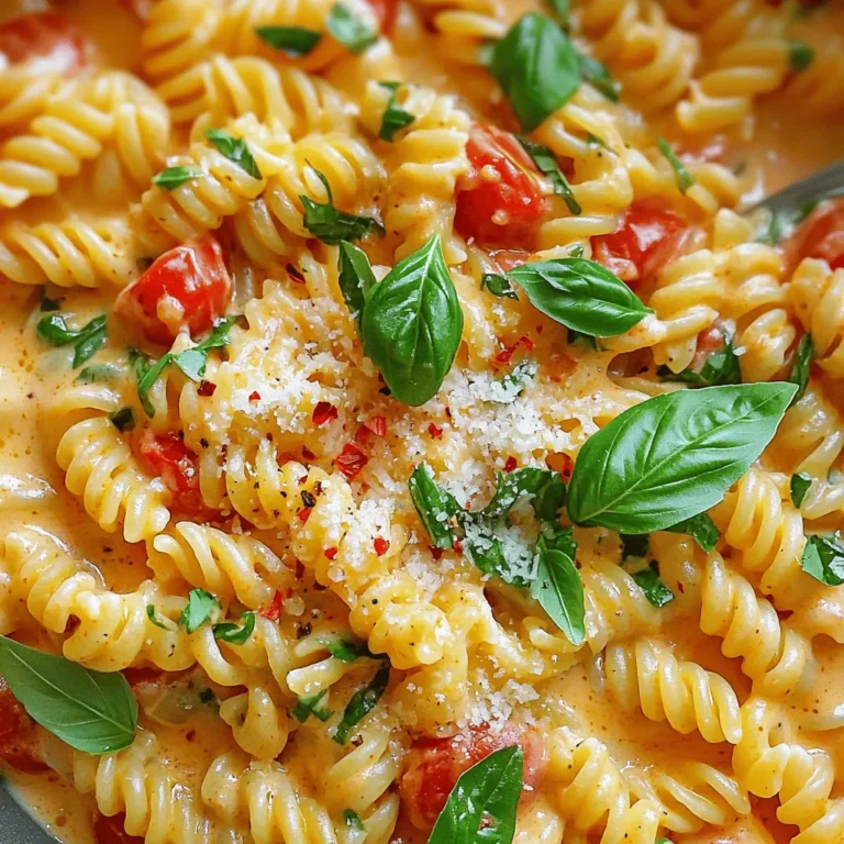To make this creamy one pot tomato basil pasta, gather these key items: - 12 oz (340g) pasta (fusilli or penne works well) - 1 can (14.5 oz) diced tomatoes (with juices) - 2 cups vegetable broth - 1 cup heavy cream or a plant-based alternative - 1 medium onion, finely chopped - 3 cloves garlic, minced - 1 teaspoon dried oregano - 1/2 teaspoon red pepper flakes (adjust to taste) - 1 cup fresh basil leaves, torn - 1/2 cup grated Parmesan cheese (or nutritional yeast for a vegan option) - Salt and pepper to taste - 2 tablespoons olive oil You can boost the taste by adding: - A splash of white wine for depth - Fresh herbs like thyme or parsley - Sautéed mushrooms for an earthy touch - Spinach or kale for added nutrition - Toasted pine nuts for a crunchy finish Don't have something on hand? Here are some swaps: - Use any pasta shape you love. - Swap heavy cream with coconut milk or cashew cream for a vegan twist. - Canned crushed tomatoes work instead of diced tomatoes. - Replace vegetable broth with chicken broth for added flavor. - Nutritional yeast can take the place of Parmesan for a nutty flavor. Explore the full recipe for more tips and tricks! You start by gathering your ingredients. Here’s what you need: - 12 oz pasta (fusilli or penne) - 1 can diced tomatoes (14.5 oz) - 2 cups vegetable broth - 1 cup heavy cream or plant-based alternative - 1 medium onion, finely chopped - 3 cloves garlic, minced - 1 teaspoon dried oregano - 1/2 teaspoon red pepper flakes - 1 cup fresh basil leaves, torn - 1/2 cup grated Parmesan cheese or nutritional yeast - Salt and pepper to taste - 2 tablespoons olive oil Chop the onion and mince the garlic. Make sure your basil is torn into small pieces. This prep makes cooking quick and easy. Begin by heating the olive oil in a large pot over medium heat. Add the chopped onion. Sauté it until it turns soft and clear, about 3-4 minutes. Next, stir in the minced garlic and red pepper flakes. Cook this for one more minute. You want the garlic to smell great. Now, add the diced tomatoes and vegetable broth. Bring the pot to a simmer. Once it bubbles, add the pasta. Make sure the pasta is fully submerged. Cook it according to the package instructions, usually for 10-12 minutes. Stir often to keep it from sticking. When the pasta is just right, lower the heat. Stir in the heavy cream, dried oregano, half of the fresh basil, and Parmesan cheese. Mix it until the sauce is creamy. Season with salt and pepper to taste. Let it sit for a couple of minutes to thicken. To get your sauce just right, use heavy cream. It adds richness and smoothness. If you want a lighter option, use a plant-based cream. Always stir well when you add the cream and cheese. This helps the flavors combine. If the sauce seems too thick, add a splash of vegetable broth to loosen it up. For extra flavor, taste and adjust the seasoning. Don’t be shy with the basil! The more, the better. For extra fun, try adding a splash of lemon juice at the end. It brightens the dish beautifully. For the full recipe, check the details above. Enjoy your cooking! When making creamy tomato basil pasta, avoid overcooking the pasta. This can make it mushy. You want it al dente, which means firm to the bite. Another mistake is not stirring enough. Stirring helps prevent pasta from sticking together. Lastly, don’t skip the salt. It enhances all the flavors in your dish. To get the best results, start by sautéing the onion and garlic well. This builds a strong flavor base. Use medium heat to avoid burning. When adding the pasta, make sure it is fully submerged in the liquid. This ensures even cooking. Stir occasionally to keep it from clumping. After adding the cream, reduce the heat. Low heat helps the sauce become creamy without boiling. You can easily customize this dish to fit your taste. Add extra spices like thyme or basil. For a bit of heat, increase the red pepper flakes. Want some protein? You can stir in cooked chicken or shrimp. If you love veggies, add spinach or bell peppers. This dish is versatile and can suit any palate. For more ideas, check the Full Recipe for inspiration! {{image_2}} You can easily make this dish vegetarian or vegan. For a vegetarian twist, use heavy cream, and keep the cheese. To make it vegan, swap heavy cream for a plant-based cream. Nutritional yeast can replace Parmesan cheese. It adds a cheesy flavor without dairy. Fresh basil still shines in every bite. Want to add protein? Chicken and shrimp are great choices. For chicken, use diced breast. Sauté it with the onion until cooked. If you like shrimp, add it when the pasta is almost done. They cook quickly in the sauce. For a meat-free option, try chickpeas or lentils. They boost protein and add texture. This recipe is flexible with pasta types. Fusilli and penne work well, but you can use any shape you like. Bowties or rotini bring fun to the dish. Whole wheat pasta adds extra fiber. Gluten-free pasta is also an option for those with dietary needs. Each type gives a unique twist to your creamy sauce. For the full recipe, check out the One Pot Creamy Tomato Basil Pasta section above. To store leftover creamy tomato basil pasta, let it cool first. Place it in an airtight container. Make sure to seal it well to keep the flavors fresh. Store it in the fridge for up to three days. If you want to enjoy it later, freezing is a great option. To freeze this pasta dish, pack it in a freezer-safe container. Leave some space at the top, as the pasta will expand when frozen. Label the container with the date. You can freeze it for up to three months. When you’re ready to eat, just thaw it in the fridge overnight. Reheat the pasta on the stove for best results. Add a splash of broth or cream to keep it moist. Stir it gently over medium heat until it’s warm. You can also use the microwave, but cover it with a damp paper towel. Heat it in short bursts, stirring in between to avoid hot spots. Enjoy your delicious meal again! To make One Pot Creamy Tomato Basil Pasta, start by heating olive oil in a large pot. Add chopped onion and cook until clear. This takes about 3-4 minutes. Next, add minced garlic and red pepper flakes, cooking for one minute. Then, add diced tomatoes and vegetable broth. Bring to a simmer. Once it simmers, stir in the pasta. Cook as the package says, usually 10-12 minutes. When the pasta is tender, reduce the heat. Mix in heavy cream, oregano, half the basil, and Parmesan cheese. Season with salt and pepper. Let it thicken for a few minutes. Serve right away with more basil on top. For the full recipe, check out the section above! You can serve this pasta dish with a fresh salad. A simple green salad with a light vinaigrette works great. Garlic bread is another tasty option. It adds a nice crunch and complements the meal. You might also enjoy a side of roasted veggies. They add color and nutrients to your plate. Finally, a glass of white wine pairs well with the creamy flavors. Yes, you can make this recipe gluten-free! Simply swap regular pasta for gluten-free pasta. Many brands offer gluten-free options that work well in this dish. Just be sure to check the cooking time, as it may differ from regular pasta. Follow the same steps as the original recipe. Your creamy tomato basil pasta will still be delicious and satisfying! This blog post shared great ideas for making creamy tomato basil pasta. We discussed key ingredients, cooking steps, and helpful tips to make your dish perfect. You learned common mistakes to avoid and how to customize your meal. I also covered storage tips and answered common questions. Now, you have the tools to create a tasty dish that suits your taste and needs. Enjoy your cooking journey with this easy recipe!