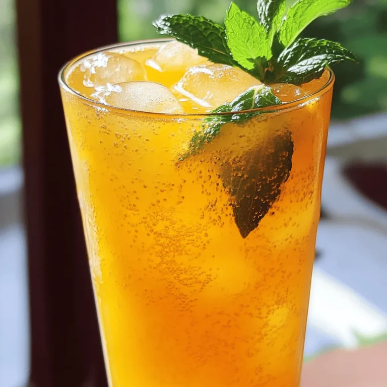 Making Sparkling Peach Lemonade is easy and fun! Here’s what you need: - 4 ripe peaches, pitted and sliced - 1 cup freshly squeezed lemon juice - 1 cup granulated sugar - 4 cups sparkling water - Fresh mint leaves for garnish - Ice cubes These ingredients bring a fresh and sweet taste. The peaches add a juicy flavor. The lemon juice gives it a bright, zesty kick. Sugar balances the tartness. Sparkling water makes it bubbly and fun. Finally, mint leaves add a refreshing touch. When you gather these ingredients, make sure your peaches are ripe. This ensures the best flavor. Getting fresh lemons also helps keep your drink bright and zesty. You can find the full recipe for more details on how to mix these flavors together! To make the peach puree, start by washing the ripe peaches. Remove the pits and slice them. Place the sliced peaches in a blender. Blend until smooth. If the mixture is too thick, add a splash of water. This will help achieve a nice, silky texture. The puree should be smooth, with no chunks. This step is key for a great drink base. For the simple syrup, take a saucepan and add one cup of sugar and one cup of water. Heat the mixture over medium heat. Stir it gently until the sugar dissolves completely. This creates a sweet syrup that balances the tartness of the lemons. Let it cool before using to avoid heating the other ingredients. In a large pitcher, combine the peach puree, simple syrup, and freshly squeezed lemon juice. Stir everything together until well mixed. This blend is where the magic happens. You will see the beautiful color and smell the sweet peach and lemon aroma. Finally, gently pour in four cups of sparkling water. Stir slowly to keep the fizz alive. To serve, fill each glass with ice cubes. Pour the sparkling peach lemonade over the ice. This keeps the drink cold and refreshing. For a lovely touch, garnish with fresh mint leaves. They add a pop of color and a hint of extra flavor. Enjoy your refreshing summer drink! To make Sparkling Peach Lemonade just right, you can easily adjust the sugar. Start with one cup of sugar. After mixing, taste it. If it's too sweet, add more lemon juice. If it’s not sweet enough, add a bit more sugar. You can also try using honey or agave syrup for a different flavor. Just remember, the goal is to find a balance that makes you smile. Presentation matters! Use tall glasses to show off the beautiful colors. Clear glass lets the peach and lemon hues shine. You can also use fun, colorful straws. For a fancy touch, chill your glasses in the freezer before serving. This keeps your drink cold longer and adds a special flair. Want to take your lemonade up a notch? Add fresh herbs! Mint is a great choice for a cool touch. Basil can add a unique twist and pairs well with peach. Just toss in a few leaves when serving. You could also muddle the herbs in the glass before adding the lemonade. This releases their oils and gives your drink a fresh burst of flavor. {{image_2}} You can swap peaches for other fruits. This gives your drink a new flavor. Try ripe strawberries, juicy raspberries, or sweet watermelon. Each fruit adds its own twist. For example, strawberries make it sweeter. Raspberries add a nice tartness. You can even mix fruits for a fun combo! Adding herbs can elevate your drink. Fresh mint is a classic choice. It adds coolness and freshness. Basil is another great option. It brings a unique flavor that surprises the taste buds. Just crush the herbs lightly before adding them. This helps release their oils and flavors. Changing the sparkling water can enhance the drink. You can use flavored sparkling water. Think peach, lemon, or even berry flavors. Sodas like lemon-lime or ginger ale work well too. They add sweetness and fizz. Remember to adjust the sugar in your recipe. You want the right balance for your taste! For the full recipe, check the section above. To keep your sparkling peach lemonade fresh, refrigerate it right away. Pour any leftover lemonade into a sealed container. This helps keep it cool and tasty. Try to drink it within two days. The fizz fades after that, and it won’t taste as fresh. If you want to keep the drink fizzy, add sparkling water just before serving. You can freeze the peach puree for later use. Just blend the peaches, then pour the smooth mix into ice cube trays. Once frozen, pop the cubes into a bag. This way, you can have peach flavor ready anytime. When you want lemonade, blend the frozen cubes with lemon juice and sugar. It’s a quick way to enjoy this drink year-round. In the fridge, your sparkling peach lemonade lasts about two days. After that, the flavors change. The lemonade can become too sweet or lose its zing. If you notice a change in taste, it’s best to toss it. Always trust your taste buds to keep your drink fresh and delicious. Yes, you can prepare Sparkling Peach Lemonade ahead of time. To do this, follow these tips: - Make the peach puree and simple syrup first. - Mix these with lemon juice in a pitcher. - Chill the mixture in the fridge. - Add sparkling water just before serving. This keeps the fizz fresh. Preparing in advance saves time and adds flavor. Peaches and lemons are both great for your health. Here are some benefits: - Peaches: They are low in calories and high in vitamins A and C. They also have fiber, which helps digestion. - Lemons: They are rich in vitamin C, which boosts your immune system. Lemons also help with hydration and can aid in weight loss. Including these fruits in your diet can support overall health. Enjoy their refreshing taste! Yes, you can use canned peaches. Here’s what to know: - Taste: Canned peaches are often sweeter and can change the drink’s flavor. Choose those packed in juice, not syrup. - Texture: Canned peaches may be softer than fresh ones. This can affect the drink's texture. Using canned peaches is a convenient option. Just remember to adjust the sugar in the recipe for sweetness. In this post, we explored how to make sparkling peach lemonade. We covered the main ingredients and provided step-by-step instructions for blending flavors. You learned tips for adjusting sweetness, serving suggestions, and flavor enhancements. We also discussed variations, storage options, and answered common questions. Enjoying this refreshing drink can brighten your day. Experiment with your favorite fruits and herbs to make it your own.