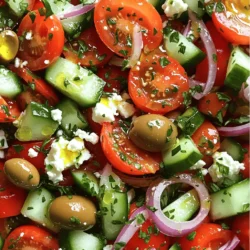 To make a classic Greek salad, you need fresh and simple ingredients: - 2 large ripe tomatoes, diced into bite-sized pieces - 1 cucumber, peeled and chopped - 1 red bell pepper, sliced - 1 small red onion, sliced thinly - 1 cup Kalamata olives, pitted - 1 cup feta cheese, crumbled - 3 tablespoons extra virgin olive oil - 2 tablespoons red wine vinegar (or lemon juice) - 1 teaspoon dried oregano - Salt and black pepper to taste - Fresh parsley for garnish These ingredients create a colorful and tasty dish. The tomatoes and cucumbers bring freshness. The feta cheese adds creaminess, while the olives offer a briny kick. If you want to add more to your salad, consider these options: - Grilled chicken - Shrimp - Capers These additions make the salad heartier and more filling. They also enhance the flavor in different ways. To prepare your Greek salad, gather these kitchen tools: - Large salad bowl - Small mixing bowl - Whisk Having the right tools makes the cooking process easier. A large bowl helps mix everything well, while a whisk is great for making the dressing. For the full recipe, check [Full Recipe]. Start by dicing the tomatoes. Aim for bite-sized pieces; this makes them easy to eat. Next, peel and chop the cucumber. The cucumber adds a nice crunch. Then, slice the red bell pepper into thin strips. This will add color and sweetness to the salad. Finally, slice the red onion thinly. It adds a sharp flavor that pairs well with the other veggies. In a large salad bowl, mix the diced tomatoes, chopped cucumber, sliced bell pepper, and thinly sliced red onion. Make sure everything is evenly spread out. Next, add in the Kalamata olives. Their briny flavor enhances the salad. Finally, crumble the feta cheese on top. Gently mix everything together, being careful not to break the feta too much. Take a small bowl and whisk together the extra virgin olive oil and red wine vinegar. If you prefer, you can use lemon juice instead of vinegar. Add in the dried oregano, salt, and black pepper. Whisk until everything is blended well. This dressing will bring all the flavors together. Pour the dressing over the salad mixture. Use tongs to toss everything gently. Make sure all the ingredients are coated with the dressing. This step is key to a flavorful salad. Let the salad sit for about 10 minutes before serving. This resting time allows the flavors to develop. The veggies will soak up the dressing and taste even better. Just before serving, garnish with fresh parsley for a pop of color. Check out the Full Recipe for complete details. Enjoy your delicious and refreshing Greek salad! Pick ripe tomatoes for the best taste. Look for ones that feel heavy and firm. Their color should be bright red, with no green spots. For feta cheese, choose a quality brand. It should be creamy with a slight tang. You can use block feta and crumble it yourself for better texture. Let your Greek salad sit for about 10 minutes. This allows the flavors to mix well. The salt draws out juices from the veggies. This creates a light dressing without extra effort. It makes each bite more flavorful. Garnish the salad with fresh parsley. This adds a pop of color and a fresh taste. You can also use mint for a different twist. Serve your salad in a nice bowl to make it look special. A pretty presentation makes the meal more inviting. {{image_2}} If you want more protein in your salad, try adding grilled chicken or shrimp. These meats work well with the fresh flavors of the salad. Grilled chicken adds a nice smoky taste. Shrimp gives a sweet and tender bite. To add them, just toss them in after cooking. You can also marinate the chicken or shrimp in olive oil and lemon juice for extra flavor. This makes your Greek salad even more filling and hearty. For a tasty vegetarian option, use chickpeas or quinoa. Chickpeas add a nutty flavor and good texture. They also pack a protein punch, making your salad healthy. Quinoa is another great choice. It provides a light, fluffy grain that complements the other ingredients. Just cook the quinoa according to the package instructions and let it cool before mixing it in. Both options make your salad more satisfying without meat. You can enhance the flavors of your Greek salad by adding herbs or spices. Fresh herbs like basil or mint add a burst of freshness. You can also try a pinch of crushed red pepper for a little heat. Adding a squeeze of lemon juice brightens the dish. These small tweaks can make a big difference. They help you create a unique salad that fits your taste. Remember, the key is to balance the flavors while keeping it fresh and vibrant. Try out these variations to make your Greek salad truly yours. For the full recipe, check out the Aromatic Greek Salad Delight. To keep your Greek salad fresh, store leftovers in an airtight container. Place the salad in the fridge. It will stay good for up to three days. If you know you will have leftovers, consider keeping the dressing separate. This way, the salad won’t get soggy. Just dress it before serving for the best taste. Greek salad is not ideal for freezing. The veggies lose their crunch and flavor. If you must freeze it, try only freezing the dressing. Store it in a small container and keep it in the freezer for up to three months. When you’re ready to use it, let it thaw in the fridge overnight. The shelf life of your Greek salad depends on the ingredients. Fresh tomatoes, cucumbers, and bell peppers stay good for about three days in the fridge. Feta cheese lasts a bit longer, around a week. Kalamata olives can last for several weeks if kept sealed. Always check for signs of spoilage, like off smells or discoloration. Enjoy your Greek salad fresh and vibrant for the best flavors! Greek salad has roots in the Mediterranean. It comes from Greece, where fresh ingredients are key. The dish reflects local farming and flavors. Traditionally, Greek salad uses ripe tomatoes, cucumbers, and olives. Each region in Greece may have its own twist. You can prepare Greek salad a few hours before serving. To keep it fresh, store the dressing separately. Mix it in just before serving. This way, the veggies stay crisp. If you make it too early, the salad may get soggy. If you need a feta substitute, try goat cheese or ricotta. For a dairy-free option, use tofu or vegan cheese. These alternatives provide a similar creamy texture. Adjust the flavors in your dressing to match your choice. Yes, Greek salad is very healthy. It is full of fresh veggies. Tomatoes and cucumbers offer vitamins and hydration. Kalamata olives add healthy fats. Feta cheese provides protein and calcium. This dish is low in calories, making it a great choice. You can personalize the flavors of your Greek salad easily. Start with the basic dressing. Then, add more oregano or lemon juice for zest. Taste and adjust salt and pepper. Experiment with fresh herbs like basil or mint for a twist. Yes, you can use different olives in Greek salad. Kalamata olives are traditional, but green olives work too. Each type has a unique taste. If you like, try mixing different olives for added flavor. Greek salad pairs well with many dishes. Serve it with grilled meats, like chicken or lamb. It also complements seafood nicely. You can enjoy it with pita bread or as a side to a larger meal. Check out the Full Recipe for more ideas! Greek salad is fresh and easy. We covered the key ingredients and how to mix them. You learned about optional additions like grilled chicken and shrimp. Tips on selecting the best items can help your salad shine. Don't forget about cooling and storing your leftovers well. With these steps, you can enjoy this dish anytime. Dive in and enjoy the vibrant flavors of Greece!