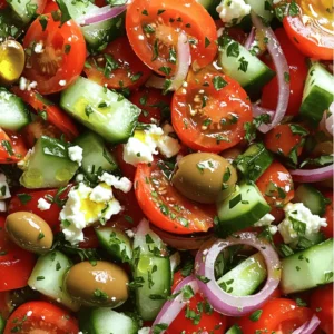 To make a classic Greek salad, you need fresh and simple ingredients: - 2 large ripe tomatoes, diced into bite-sized pieces - 1 cucumber, peeled and chopped - 1 red bell pepper, sliced - 1 small red onion, sliced thinly - 1 cup Kalamata olives, pitted - 1 cup feta cheese, crumbled - 3 tablespoons extra virgin olive oil - 2 tablespoons red wine vinegar (or lemon juice) - 1 teaspoon dried oregano - Salt and black pepper to taste - Fresh parsley for garnish These ingredients create a colorful and tasty dish. The tomatoes and cucumbers bring freshness. The feta cheese adds creaminess, while the olives offer a briny kick. If you want to add more to your salad, consider these options: - Grilled chicken - Shrimp - Capers These additions make the salad heartier and more filling. They also enhance the flavor in different ways. To prepare your Greek salad, gather these kitchen tools: - Large salad bowl - Small mixing bowl - Whisk Having the right tools makes the cooking process easier. A large bowl helps mix everything well, while a whisk is great for making the dressing. For the full recipe, check [Full Recipe]. Start by dicing the tomatoes. Aim for bite-sized pieces; this makes them easy to eat. Next, peel and chop the cucumber. The cucumber adds a nice crunch. Then, slice the red bell pepper into thin strips. This will add color and sweetness to the salad. Finally, slice the red onion thinly. It adds a sharp flavor that pairs well with the other veggies. In a large salad bowl, mix the diced tomatoes, chopped cucumber, sliced bell pepper, and thinly sliced red onion. Make sure everything is evenly spread out. Next, add in the Kalamata olives. Their briny flavor enhances the salad. Finally, crumble the feta cheese on top. Gently mix everything together, being careful not to break the feta too much. Take a small bowl and whisk together the extra virgin olive oil and red wine vinegar. If you prefer, you can use lemon juice instead of vinegar. Add in the dried oregano, salt, and black pepper. Whisk until everything is blended well. This dressing will bring all the flavors together. Pour the dressing over the salad mixture. Use tongs to toss everything gently. Make sure all the ingredients are coated with the dressing. This step is key to a flavorful salad. Let the salad sit for about 10 minutes before serving. This resting time allows the flavors to develop. The veggies will soak up the dressing and taste even better. Just before serving, garnish with fresh parsley for a pop of color. Check out the Full Recipe for complete details. Enjoy your delicious and refreshing Greek salad! Pick ripe tomatoes for the best taste. Look for ones that feel heavy and firm. Their color should be bright red, with no green spots. For feta cheese, choose a quality brand. It should be creamy with a slight tang. You can use block feta and crumble it yourself for better texture. Let your Greek salad sit for about 10 minutes. This allows the flavors to mix well. The salt draws out juices from the veggies. This creates a light dressing without extra effort. It makes each bite more flavorful. Garnish the salad with fresh parsley. This adds a pop of color and a fresh taste. You can also use mint for a different twist. Serve your salad in a nice bowl to make it look special. A pretty presentation makes the meal more inviting. {{image_2}} If you want more protein in your salad, try adding grilled chicken or shrimp. These meats work well with the fresh flavors of the salad. Grilled chicken adds a nice smoky taste. Shrimp gives a sweet and tender bite. To add them, just toss them in after cooking. You can also marinate the chicken or shrimp in olive oil and lemon juice for extra flavor. This makes your Greek salad even more filling and hearty. For a tasty vegetarian option, use chickpeas or quinoa. Chickpeas add a nutty flavor and good texture. They also pack a protein punch, making your salad healthy. Quinoa is another great choice. It provides a light, fluffy grain that complements the other ingredients. Just cook the quinoa according to the package instructions and let it cool before mixing it in. Both options make your salad more satisfying without meat. You can enhance the flavors of your Greek salad by adding herbs or spices. Fresh herbs like basil or mint add a burst of freshness. You can also try a pinch of crushed red pepper for a little heat. Adding a squeeze of lemon juice brightens the dish. These small tweaks can make a big difference. They help you create a unique salad that fits your taste. Remember, the key is to balance the flavors while keeping it fresh and vibrant. Try out these variations to make your Greek salad truly yours. For the full recipe, check out the Aromatic Greek Salad Delight. To keep your Greek salad fresh, store leftovers in an airtight container. Place the salad in the fridge. It will stay good for up to three days. If you know you will have leftovers, consider keeping the dressing separate. This way, the salad won’t get soggy. Just dress it before serving for the best taste. Greek salad is not ideal for freezing. The veggies lose their crunch and flavor. If you must freeze it, try only freezing the dressing. Store it in a small container and keep it in the freezer for up to three months. When you’re ready to use it, let it thaw in the fridge overnight. The shelf life of your Greek salad depends on the ingredients. Fresh tomatoes, cucumbers, and bell peppers stay good for about three days in the fridge. Feta cheese lasts a bit longer, around a week. Kalamata olives can last for several weeks if kept sealed. Always check for signs of spoilage, like off smells or discoloration. Enjoy your Greek salad fresh and vibrant for the best flavors! Greek salad has roots in the Mediterranean. It comes from Greece, where fresh ingredients are key. The dish reflects local farming and flavors. Traditionally, Greek salad uses ripe tomatoes, cucumbers, and olives. Each region in Greece may have its own twist. You can prepare Greek salad a few hours before serving. To keep it fresh, store the dressing separately. Mix it in just before serving. This way, the veggies stay crisp. If you make it too early, the salad may get soggy. If you need a feta substitute, try goat cheese or ricotta. For a dairy-free option, use tofu or vegan cheese. These alternatives provide a similar creamy texture. Adjust the flavors in your dressing to match your choice. Yes, Greek salad is very healthy. It is full of fresh veggies. Tomatoes and cucumbers offer vitamins and hydration. Kalamata olives add healthy fats. Feta cheese provides protein and calcium. This dish is low in calories, making it a great choice. You can personalize the flavors of your Greek salad easily. Start with the basic dressing. Then, add more oregano or lemon juice for zest. Taste and adjust salt and pepper. Experiment with fresh herbs like basil or mint for a twist. Yes, you can use different olives in Greek salad. Kalamata olives are traditional, but green olives work too. Each type has a unique taste. If you like, try mixing different olives for added flavor. Greek salad pairs well with many dishes. Serve it with grilled meats, like chicken or lamb. It also complements seafood nicely. You can enjoy it with pita bread or as a side to a larger meal. Check out the Full Recipe for more ideas! Greek salad is fresh and easy. We covered the key ingredients and how to mix them. You learned about optional additions like grilled chicken and shrimp. Tips on selecting the best items can help your salad shine. Don't forget about cooling and storing your leftovers well. With these steps, you can enjoy this dish anytime. Dive in and enjoy the vibrant flavors of Greece!