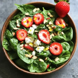 - 4 cups fresh spinach, washed and dried - 1 ½ cups strawberries, hulled and sliced - ½ cup crumbled feta cheese - ¼ cup slivered almonds, toasted Fresh ingredients make this salad shine. Spinach adds a crisp base. Strawberries add sweetness and a bright color. Feta cheese gives a creamy, salty kick. Toasted almonds add a nice crunch. Together, these ingredients create a balanced dish. - 3 tablespoons olive oil - 2 tablespoons balsamic vinegar - 1 tablespoon honey - Salt and pepper to taste The dressing ties everything together. Olive oil brings richness. Balsamic vinegar adds a tangy note. Honey brings a hint of sweetness. Salt and pepper enhance all the flavors. This simple dressing is easy to whisk together. - Portion Size: This recipe serves 4. Each serving is a perfect side dish or light meal. - Garnishes for Presentation: Serve in individual bowls. Add a whole strawberry on the side for a pop of color. A sprig of mint can also brighten the dish. For the full recipe, check out the Strawberry Spinach Delight. Enjoy making this fresh and flavorful salad! Mixing the Ingredients Start by taking a small bowl. Add 3 tablespoons of olive oil, 2 tablespoons of balsamic vinegar, and 1 tablespoon of honey. Then, sprinkle in some salt and pepper. Use a whisk to mix everything together. This makes a smooth dressing that brings great flavor to your salad. Consistency Check After mixing, check if the dressing is smooth. It should coat a spoon easily. If it is too thick, add a tiny bit of water. If it’s too thin, mix in more olive oil. Combining the Spinach and Strawberries In a large bowl, add 4 cups of fresh spinach. Make sure it is washed and dried well. Then, add 1 ½ cups of sliced strawberries. You want the strawberries to be fresh and sweet. Gently toss the spinach and strawberries together. Incorporating the Dressing Now, take the dressing you made. Drizzle it over the spinach and strawberries. Use your hands or salad tongs to gently toss the salad. Be careful not to break the strawberries. You want everything to get coated with the dressing. Adding Feta Cheese Sprinkle ½ cup of crumbled feta cheese over the top of your salad. The feta adds a creamy texture and salty flavor. It pairs perfectly with the sweet strawberries. Toasting Almonds and Serving Take ¼ cup of slivered almonds and toast them in a pan over low heat. Stir them often until they're golden brown. This brings out their nutty flavor. Once toasted, sprinkle them over the salad. Serve the salad right away for the best taste and texture. Enjoy your Strawberry Spinach Salad Fresh and Flavorful Delight! For more details, check the Full Recipe. Choosing Quality Ingredients To make your strawberry spinach salad shine, select fresh ingredients. Look for bright, crisp spinach. Choose strawberries that are vibrant red and firm. Soft or dull berries may taste bland. For feta cheese, pick a creamy, crumbly type for better flavor. The almonds should be toasted for a crunchy bite. Fresh ingredients make a huge difference. Timing of Assembly Assemble your salad close to serving time. This keeps the spinach crisp and the strawberries juicy. If you mix the salad too early, it can get soggy. Dress the salad just before you eat. This way, it stays fresh and vibrant. Alternative Dressings While the honey balsamic dressing is great, you can try others. A lemon vinaigrette adds a zesty kick. A creamy yogurt dressing can give a smooth texture. Experimenting keeps each meal exciting and fresh. Adding Herbs or Spices Fresh herbs can boost flavor. Try adding mint or basil for a twist. A pinch of black pepper or red pepper flakes can add warmth. These small changes can make your salad pop with new flavors. Pairing with Proteins To make this salad a full meal, add protein. Grilled chicken or shrimp works well. Tofu is a great option for a vegetarian dish. These additions make the salad heartier and more satisfying. Suggestions for Side Dishes Serve your salad with crusty bread or a warm soup. A light pasta dish can also complement the salad nicely. These sides enhance your meal and create a lovely dining experience. For the full recipe, check out the details above! {{image_2}} Vegan Options To make this salad vegan, skip the feta cheese. You can use avocado instead. Avocado adds creaminess and a rich flavor. You can also try vegan cheese made from nuts. Gluten-Free Alternatives This recipe is naturally gluten-free. Just ensure that your dressing ingredients are gluten-free. Always check labels to be safe. Other Fruits to Use If strawberries are not in season, try using blueberries or peaches. Both fruits add a nice sweetness. You can also experiment with apples or pears for a crunch. Different Nuts and Cheeses Instead of slivered almonds, use walnuts or pecans. They add great texture and flavor. For cheese, goat cheese or a dairy-free option works well too. Holiday Variants For festive occasions, add pomegranate seeds for color. You can also toss in candied pecans for a sweet touch. This makes the salad more special for gatherings. Potluck-Friendly Enhancements At potlucks, add grilled chicken for protein. This makes it more filling and satisfying. You can also serve the salad in small cups for easy sharing. You can find the full recipe for this delightful salad above! To keep your Strawberry Spinach Salad fresh, store it in the fridge. Place it in an airtight container. This helps prevent wilting and sogginess. You should eat the salad within two days for the best flavor. If you have leftovers, don’t mix in the dressing. Store the salad and dressing separately. This keeps the greens crisp. Just dress the salad right before you eat it. For long-term storage, freezing is not ideal for salads. The lettuce and strawberries become mushy when thawed. Instead, consider freezing ingredients like nuts or cheese separately. These items freeze well and can enhance your salad later. If you do freeze any components, rehydrate them slowly. Let them sit in the fridge overnight. This helps them regain some of their original texture. Fresh ingredients have a short shelf life. Spinach should stay bright green and crisp. Strawberries should be red and firm. If they become dull or mushy, they are likely spoiled. Check for any signs of spoilage. If you see mold or a bad smell, it’s best to discard the ingredient. Keeping track of freshness ensures your salad remains a delightful treat. For the full recipe and details on preparing this salad, check the [Full Recipe]. You can prepare this salad a few hours before serving. Start by making the dressing. Store it in a small jar or bowl. You can mix the spinach and strawberries right before serving. Keep them separate to avoid wilting. For best taste, don't add the cheese and nuts until you are ready to serve. This way, your salad stays fresh and crunchy. If you want to switch up the nuts, try walnuts or pecans. Both add a nice crunch. Walnuts have a rich flavor, while pecans are sweeter. You can even mix different nuts for more texture. Just remember that the flavor of the nuts should balance with the sweetness of the strawberries. Yes, this salad is very healthy! It has fresh spinach, which is rich in vitamins. Strawberries provide antioxidants and fiber. Feta adds protein and calcium, while almonds are full of healthy fats. One serving has about 200 calories. This makes it a great option for a light lunch or a side dish. Enjoy the health benefits with every bite! This blog post shared how to make a delicious Strawberry Spinach Salad. We discussed fresh ingredients like spinach, strawberries, feta cheese, and almonds. I detailed how to prepare the dressing, assemble the salad, and made it look great. You learned tips for keeping your salad fresh and tasty. Plus, we explored variations for different diets and occasions. Remember to store it properly for the best taste. Enjoy this vibrant salad that’s both healthy and simple to make. It’s perfect for any meal!