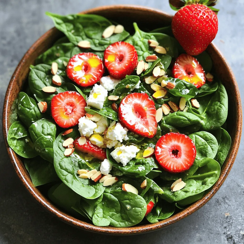 - 4 cups fresh spinach, washed and dried - 1 ½ cups strawberries, hulled and sliced - ½ cup crumbled feta cheese - ¼ cup slivered almonds, toasted Fresh ingredients make this salad shine. Spinach adds a crisp base. Strawberries add sweetness and a bright color. Feta cheese gives a creamy, salty kick. Toasted almonds add a nice crunch. Together, these ingredients create a balanced dish. - 3 tablespoons olive oil - 2 tablespoons balsamic vinegar - 1 tablespoon honey - Salt and pepper to taste The dressing ties everything together. Olive oil brings richness. Balsamic vinegar adds a tangy note. Honey brings a hint of sweetness. Salt and pepper enhance all the flavors. This simple dressing is easy to whisk together. - Portion Size: This recipe serves 4. Each serving is a perfect side dish or light meal. - Garnishes for Presentation: Serve in individual bowls. Add a whole strawberry on the side for a pop of color. A sprig of mint can also brighten the dish. For the full recipe, check out the Strawberry Spinach Delight. Enjoy making this fresh and flavorful salad! Mixing the Ingredients Start by taking a small bowl. Add 3 tablespoons of olive oil, 2 tablespoons of balsamic vinegar, and 1 tablespoon of honey. Then, sprinkle in some salt and pepper. Use a whisk to mix everything together. This makes a smooth dressing that brings great flavor to your salad. Consistency Check After mixing, check if the dressing is smooth. It should coat a spoon easily. If it is too thick, add a tiny bit of water. If it’s too thin, mix in more olive oil. Combining the Spinach and Strawberries In a large bowl, add 4 cups of fresh spinach. Make sure it is washed and dried well. Then, add 1 ½ cups of sliced strawberries. You want the strawberries to be fresh and sweet. Gently toss the spinach and strawberries together. Incorporating the Dressing Now, take the dressing you made. Drizzle it over the spinach and strawberries. Use your hands or salad tongs to gently toss the salad. Be careful not to break the strawberries. You want everything to get coated with the dressing. Adding Feta Cheese Sprinkle ½ cup of crumbled feta cheese over the top of your salad. The feta adds a creamy texture and salty flavor. It pairs perfectly with the sweet strawberries. Toasting Almonds and Serving Take ¼ cup of slivered almonds and toast them in a pan over low heat. Stir them often until they're golden brown. This brings out their nutty flavor. Once toasted, sprinkle them over the salad. Serve the salad right away for the best taste and texture. Enjoy your Strawberry Spinach Salad Fresh and Flavorful Delight! For more details, check the Full Recipe. Choosing Quality Ingredients To make your strawberry spinach salad shine, select fresh ingredients. Look for bright, crisp spinach. Choose strawberries that are vibrant red and firm. Soft or dull berries may taste bland. For feta cheese, pick a creamy, crumbly type for better flavor. The almonds should be toasted for a crunchy bite. Fresh ingredients make a huge difference. Timing of Assembly Assemble your salad close to serving time. This keeps the spinach crisp and the strawberries juicy. If you mix the salad too early, it can get soggy. Dress the salad just before you eat. This way, it stays fresh and vibrant. Alternative Dressings While the honey balsamic dressing is great, you can try others. A lemon vinaigrette adds a zesty kick. A creamy yogurt dressing can give a smooth texture. Experimenting keeps each meal exciting and fresh. Adding Herbs or Spices Fresh herbs can boost flavor. Try adding mint or basil for a twist. A pinch of black pepper or red pepper flakes can add warmth. These small changes can make your salad pop with new flavors. Pairing with Proteins To make this salad a full meal, add protein. Grilled chicken or shrimp works well. Tofu is a great option for a vegetarian dish. These additions make the salad heartier and more satisfying. Suggestions for Side Dishes Serve your salad with crusty bread or a warm soup. A light pasta dish can also complement the salad nicely. These sides enhance your meal and create a lovely dining experience. For the full recipe, check out the details above! {{image_2}} Vegan Options To make this salad vegan, skip the feta cheese. You can use avocado instead. Avocado adds creaminess and a rich flavor. You can also try vegan cheese made from nuts. Gluten-Free Alternatives This recipe is naturally gluten-free. Just ensure that your dressing ingredients are gluten-free. Always check labels to be safe. Other Fruits to Use If strawberries are not in season, try using blueberries or peaches. Both fruits add a nice sweetness. You can also experiment with apples or pears for a crunch. Different Nuts and Cheeses Instead of slivered almonds, use walnuts or pecans. They add great texture and flavor. For cheese, goat cheese or a dairy-free option works well too. Holiday Variants For festive occasions, add pomegranate seeds for color. You can also toss in candied pecans for a sweet touch. This makes the salad more special for gatherings. Potluck-Friendly Enhancements At potlucks, add grilled chicken for protein. This makes it more filling and satisfying. You can also serve the salad in small cups for easy sharing. You can find the full recipe for this delightful salad above! To keep your Strawberry Spinach Salad fresh, store it in the fridge. Place it in an airtight container. This helps prevent wilting and sogginess. You should eat the salad within two days for the best flavor. If you have leftovers, don’t mix in the dressing. Store the salad and dressing separately. This keeps the greens crisp. Just dress the salad right before you eat it. For long-term storage, freezing is not ideal for salads. The lettuce and strawberries become mushy when thawed. Instead, consider freezing ingredients like nuts or cheese separately. These items freeze well and can enhance your salad later. If you do freeze any components, rehydrate them slowly. Let them sit in the fridge overnight. This helps them regain some of their original texture. Fresh ingredients have a short shelf life. Spinach should stay bright green and crisp. Strawberries should be red and firm. If they become dull or mushy, they are likely spoiled. Check for any signs of spoilage. If you see mold or a bad smell, it’s best to discard the ingredient. Keeping track of freshness ensures your salad remains a delightful treat. For the full recipe and details on preparing this salad, check the [Full Recipe]. You can prepare this salad a few hours before serving. Start by making the dressing. Store it in a small jar or bowl. You can mix the spinach and strawberries right before serving. Keep them separate to avoid wilting. For best taste, don't add the cheese and nuts until you are ready to serve. This way, your salad stays fresh and crunchy. If you want to switch up the nuts, try walnuts or pecans. Both add a nice crunch. Walnuts have a rich flavor, while pecans are sweeter. You can even mix different nuts for more texture. Just remember that the flavor of the nuts should balance with the sweetness of the strawberries. Yes, this salad is very healthy! It has fresh spinach, which is rich in vitamins. Strawberries provide antioxidants and fiber. Feta adds protein and calcium, while almonds are full of healthy fats. One serving has about 200 calories. This makes it a great option for a light lunch or a side dish. Enjoy the health benefits with every bite! This blog post shared how to make a delicious Strawberry Spinach Salad. We discussed fresh ingredients like spinach, strawberries, feta cheese, and almonds. I detailed how to prepare the dressing, assemble the salad, and made it look great. You learned tips for keeping your salad fresh and tasty. Plus, we explored variations for different diets and occasions. Remember to store it properly for the best taste. Enjoy this vibrant salad that’s both healthy and simple to make. It’s perfect for any meal!