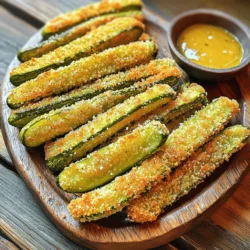 To make crispy pickle fries, you need the following: - 1 cup dill pickle chips (or spears, if preferred) - 1/2 cup all-purpose flour - 1 teaspoon garlic powder - 1 teaspoon onion powder - 1/2 teaspoon cayenne pepper (optional for spice) - 1 teaspoon paprika - 1 egg - 1 cup breadcrumbs (panko for extra crunch) - Cooking oil for frying - Salt and pepper to taste If you want to amp up the flavor, try these options: - Parmesan cheese for a cheesy touch - Fresh herbs like dill or parsley for brightness - A splash of hot sauce in the egg mix for heat You can swap some ingredients if needed: - Use gluten-free flour if you need a gluten-free option. - For a vegan option, replace the egg with a flax egg (1 tablespoon flaxseed meal + 2.5 tablespoons water). - Use crushed cornflakes instead of breadcrumbs for a unique texture. These ingredients set the stage for an amazing snack. It's time to create something delightful and flavorful! For the full recipe, check out the complete cooking guide. First, you need to dry the pickle chips. Pat them with a paper towel. This step is key because moisture can make them soggy. Next, gather your bowls for coating. In one bowl, mix flour, garlic powder, onion powder, cayenne pepper, paprika, salt, and pepper. This mix gives your fries a bold flavor. In another bowl, whisk the egg until it’s frothy. In a third bowl, place the breadcrumbs. Panko breadcrumbs will help make them extra crunchy. Take a pickle chip and coat it in the flour mix. Make sure to shake off any extra flour. Next, dip it into the egg. Let the excess egg drip off too. Then, roll the pickle in breadcrumbs. Press gently so they stick well. Repeat this for all the pickle chips. The more coated they are, the crispier they will get. Heat about an inch of cooking oil in a skillet over medium-high heat. To check if the oil is hot enough, drop in a breadcrumb. If it sizzles, you’re ready to fry. Carefully place the breaded pickles into the hot oil. Fry them in small batches to avoid crowding. Cook for about 2-3 minutes on each side or until they turn golden brown. Once done, use a slotted spoon to move the fries to a paper towel-lined plate. This helps drain excess oil. Serve them hot, and feel free to sprinkle salt on top for added taste. For the full recipe, check out the earlier section. To get the best crispiness from your pickle fries, start by drying them well. Use a paper towel to pat the pickle chips until they feel dry. This step is key to avoiding soggy fries. When you coat them, make sure to shake off any extra flour. The less moisture, the crunchier the fry. If you want an extra crispy finish, use panko breadcrumbs. They add a great crunch that is hard to beat. One common mistake is crowding the pan when frying. This cools the oil and leads to soft fries. Always fry in batches. Another mistake is skipping the seasoning. Each layer needs flavor. Make sure to season the flour and breadcrumbs. This adds depth to your snack. Lastly, don’t skip the resting step on paper towels after frying. This helps drain excess oil and keeps them crispy. Crispy pickle fries are great on their own, but you can pair them with dips. Try ranch dressing or spicy mayo for a tasty twist. You can also serve them with a side of ketchup for a classic touch. For a fun twist, add a sprinkle of cheese or fresh herbs before serving. These small changes can elevate your dish and wow your guests. Check the Full Recipe for more ideas and tips! {{image_2}} You can enjoy pickle fries either baked or fried. Frying gives them a crunchy, golden brown finish. It creates a crispy texture that many love. Baking is a healthier option. It uses less oil and still brings out great flavor. To bake, coat the pickles as usual, then place them on a baking sheet. Bake at 425°F for about 15 minutes. Flip them halfway for even crispiness. You can change the flavor of your pickle fries easily. Add spices like cayenne pepper for heat. Mix in dried herbs like dill or oregano for an herbal twist. You can even create a sweet version with a hint of cinnamon. Experiment with different spices to find what you love best. Each variation gives your fries a new taste that keeps things exciting. Dipping sauces can elevate your pickle fries. Classic ranch dressing pairs well with the crunch. A spicy sriracha mayo adds a kick. You can also try honey mustard for a sweet and tangy option. For a zesty touch, mix Greek yogurt with dill and lemon juice. Each sauce can enhance your snack and make it more fun. Explore different dips to find your favorite combo! To store leftover pickle fries, let them cool first. Place them in an airtight container. Make sure to layer them with paper towels to absorb any moisture. This step keeps them crispy for longer. You can store them in your fridge for up to three days. When you want to eat leftover pickle fries, reheating is key. You can use an oven or an air fryer for best results. Preheat your oven to 375°F (190°C). Place the fries on a baking sheet. Bake for about 10-15 minutes, or until hot and crispy again. If using an air fryer, set it to 350°F (175°C) and cook for 5-7 minutes. If you want to save pickle fries for later, freezing is a great option. First, let them cool completely. Arrange them in a single layer on a baking sheet. Freeze until solid, about 1-2 hours. Once frozen, transfer them to a freezer bag. They can last in the freezer for up to three months. When you're ready to eat, you can bake them directly from frozen. Just add a few extra minutes to the cooking time. For the full recipe, check out the Crispy Pickle Fries section above! Yes, you can use whole pickles. Just cut them into fry shapes. This gives you thicker fries. Make sure to dry them well. The moisture can make them soggy. Follow the same coating process. Enjoy the crunch! You can bake pickle fries instead of frying. First, coat them like usual. Then, place them on a baking sheet. Use parchment paper for easy cleanup. Bake at 425°F for about 15-20 minutes. Turn them halfway for even crispiness. Spray with cooking oil for a golden finish. Crispy pickle fries are a fun snack. Here are some basic nutrition facts for one serving: - Calories: 250 - Total fat: 12g - Saturated fat: 2g - Carbohydrates: 32g - Protein: 6g - Sodium: 800mg These numbers can change based on ingredients. For the full recipe, you can adjust as needed. You now know how to make crispy pickle fries from scratch. We discussed key ingredients, along with tasty options and easy swaps. I provided step-by-step instructions to make frying a breeze. You learned tips for crispiness and common pitfalls to avoid. We explored baked versions and flavor twists. Finally, I shared storage tips to keep your fries fresh. Enjoy your pickle fries as a fun snack or side dish. Experiment with flavors and dips to find your favorite combination. Happy frying!