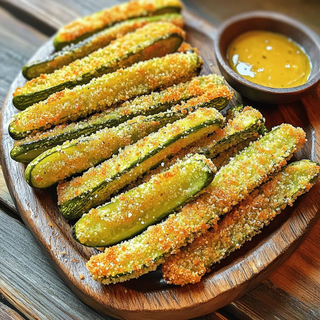 To make crispy pickle fries, you need the following: - 1 cup dill pickle chips (or spears, if preferred) - 1/2 cup all-purpose flour - 1 teaspoon garlic powder - 1 teaspoon onion powder - 1/2 teaspoon cayenne pepper (optional for spice) - 1 teaspoon paprika - 1 egg - 1 cup breadcrumbs (panko for extra crunch) - Cooking oil for frying - Salt and pepper to taste If you want to amp up the flavor, try these options: - Parmesan cheese for a cheesy touch - Fresh herbs like dill or parsley for brightness - A splash of hot sauce in the egg mix for heat You can swap some ingredients if needed: - Use gluten-free flour if you need a gluten-free option. - For a vegan option, replace the egg with a flax egg (1 tablespoon flaxseed meal + 2.5 tablespoons water). - Use crushed cornflakes instead of breadcrumbs for a unique texture. These ingredients set the stage for an amazing snack. It's time to create something delightful and flavorful! For the full recipe, check out the complete cooking guide. First, you need to dry the pickle chips. Pat them with a paper towel. This step is key because moisture can make them soggy. Next, gather your bowls for coating. In one bowl, mix flour, garlic powder, onion powder, cayenne pepper, paprika, salt, and pepper. This mix gives your fries a bold flavor. In another bowl, whisk the egg until it’s frothy. In a third bowl, place the breadcrumbs. Panko breadcrumbs will help make them extra crunchy. Take a pickle chip and coat it in the flour mix. Make sure to shake off any extra flour. Next, dip it into the egg. Let the excess egg drip off too. Then, roll the pickle in breadcrumbs. Press gently so they stick well. Repeat this for all the pickle chips. The more coated they are, the crispier they will get. Heat about an inch of cooking oil in a skillet over medium-high heat. To check if the oil is hot enough, drop in a breadcrumb. If it sizzles, you’re ready to fry. Carefully place the breaded pickles into the hot oil. Fry them in small batches to avoid crowding. Cook for about 2-3 minutes on each side or until they turn golden brown. Once done, use a slotted spoon to move the fries to a paper towel-lined plate. This helps drain excess oil. Serve them hot, and feel free to sprinkle salt on top for added taste. For the full recipe, check out the earlier section. To get the best crispiness from your pickle fries, start by drying them well. Use a paper towel to pat the pickle chips until they feel dry. This step is key to avoiding soggy fries. When you coat them, make sure to shake off any extra flour. The less moisture, the crunchier the fry. If you want an extra crispy finish, use panko breadcrumbs. They add a great crunch that is hard to beat. One common mistake is crowding the pan when frying. This cools the oil and leads to soft fries. Always fry in batches. Another mistake is skipping the seasoning. Each layer needs flavor. Make sure to season the flour and breadcrumbs. This adds depth to your snack. Lastly, don’t skip the resting step on paper towels after frying. This helps drain excess oil and keeps them crispy. Crispy pickle fries are great on their own, but you can pair them with dips. Try ranch dressing or spicy mayo for a tasty twist. You can also serve them with a side of ketchup for a classic touch. For a fun twist, add a sprinkle of cheese or fresh herbs before serving. These small changes can elevate your dish and wow your guests. Check the Full Recipe for more ideas and tips! {{image_2}} You can enjoy pickle fries either baked or fried. Frying gives them a crunchy, golden brown finish. It creates a crispy texture that many love. Baking is a healthier option. It uses less oil and still brings out great flavor. To bake, coat the pickles as usual, then place them on a baking sheet. Bake at 425°F for about 15 minutes. Flip them halfway for even crispiness. You can change the flavor of your pickle fries easily. Add spices like cayenne pepper for heat. Mix in dried herbs like dill or oregano for an herbal twist. You can even create a sweet version with a hint of cinnamon. Experiment with different spices to find what you love best. Each variation gives your fries a new taste that keeps things exciting. Dipping sauces can elevate your pickle fries. Classic ranch dressing pairs well with the crunch. A spicy sriracha mayo adds a kick. You can also try honey mustard for a sweet and tangy option. For a zesty touch, mix Greek yogurt with dill and lemon juice. Each sauce can enhance your snack and make it more fun. Explore different dips to find your favorite combo! To store leftover pickle fries, let them cool first. Place them in an airtight container. Make sure to layer them with paper towels to absorb any moisture. This step keeps them crispy for longer. You can store them in your fridge for up to three days. When you want to eat leftover pickle fries, reheating is key. You can use an oven or an air fryer for best results. Preheat your oven to 375°F (190°C). Place the fries on a baking sheet. Bake for about 10-15 minutes, or until hot and crispy again. If using an air fryer, set it to 350°F (175°C) and cook for 5-7 minutes. If you want to save pickle fries for later, freezing is a great option. First, let them cool completely. Arrange them in a single layer on a baking sheet. Freeze until solid, about 1-2 hours. Once frozen, transfer them to a freezer bag. They can last in the freezer for up to three months. When you're ready to eat, you can bake them directly from frozen. Just add a few extra minutes to the cooking time. For the full recipe, check out the Crispy Pickle Fries section above! Yes, you can use whole pickles. Just cut them into fry shapes. This gives you thicker fries. Make sure to dry them well. The moisture can make them soggy. Follow the same coating process. Enjoy the crunch! You can bake pickle fries instead of frying. First, coat them like usual. Then, place them on a baking sheet. Use parchment paper for easy cleanup. Bake at 425°F for about 15-20 minutes. Turn them halfway for even crispiness. Spray with cooking oil for a golden finish. Crispy pickle fries are a fun snack. Here are some basic nutrition facts for one serving: - Calories: 250 - Total fat: 12g - Saturated fat: 2g - Carbohydrates: 32g - Protein: 6g - Sodium: 800mg These numbers can change based on ingredients. For the full recipe, you can adjust as needed. You now know how to make crispy pickle fries from scratch. We discussed key ingredients, along with tasty options and easy swaps. I provided step-by-step instructions to make frying a breeze. You learned tips for crispiness and common pitfalls to avoid. We explored baked versions and flavor twists. Finally, I shared storage tips to keep your fries fresh. Enjoy your pickle fries as a fun snack or side dish. Experiment with flavors and dips to find your favorite combination. Happy frying!