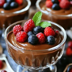- 1 cup silken tofu, drained - 1/2 cup dairy-free dark chocolate chips - 1/4 cup maple syrup - 1 tablespoon vanilla extract - 1 pinch of sea salt - 1 tablespoon cocoa powder (optional) - Fresh berries and mint leaves for garnishing 1. Silken Tofu: This soft tofu is rich in protein and low in calories. It helps create a smooth texture. 2. Dairy-Free Dark Chocolate Chips: These chips add antioxidants and healthy fats. They also provide a rich chocolate flavor. 3. Maple Syrup: A natural sweetener that contains minerals like manganese and zinc. It gives the mousse a nice sweetness. 4. Vanilla Extract: Adds flavor and may have antioxidant properties. It enhances the taste of chocolate. 5. Sea Salt: A pinch of salt helps balance sweetness and brings out the chocolate flavor. 6. Cocoa Powder: This optional ingredient boosts chocolate flavor and adds fiber. It may also provide antioxidants. 7. Fresh Berries and Mint: These toppings add vitamins, minerals, and freshness to your dessert. - Tofu: Use avocado for a creamy texture if you cannot have soy. - Chocolate Chips: Look for carob chips if you have a chocolate allergy. - Maple Syrup: Agave syrup or brown rice syrup can replace maple syrup. - Vanilla Extract: If allergic, try using an equal amount of almond extract. - Cocoa Powder: Unsweetened carob powder can be a good substitute for cocoa. For the full recipe, check out the [Full Recipe]. To make vegan chocolate mousse, start with melting the dairy-free dark chocolate chips. You can use a microwave or a double boiler. If using the microwave, heat the chips in short bursts of 30 seconds. Stir between heats to prevent burning. For the double boiler, fill a pot with water and place a bowl on top. Heat until the chocolate melts slowly. Once the chocolate is melted, let it cool a bit. In a blender, add the drained silken tofu, melted chocolate, maple syrup, vanilla extract, sea salt, and cocoa powder if you want more depth. Blend on high for 1-2 minutes. Scrape the sides of the bowl to mix well. The goal is a smooth, creamy texture. After blending, taste the mousse. If you want it sweeter, add more maple syrup, then blend briefly to mix. Spoon the mousse into serving glasses. Chill these in the fridge for at least 30 minutes. It will set better the longer it chills. When melting chocolate, the key is low heat. Too much heat can burn the chocolate. If using the microwave, stir often. This helps distribute the heat evenly. If you see any lumps, keep stirring. For the double boiler, keep the water simmering, not boiling. Boiling can splash water into the chocolate, which ruins its texture. For the best mousse, blend until smooth. If your blender struggles, add a splash of plant milk to help it along. This will make it easier to blend. Scrape down the sides often to ensure even mixing. The mousse should be light and fluffy at the end. If you want to make it extra creamy, blend a little longer. To get that perfect, creamy texture, start with silken tofu. It blends smoothly and gives the mousse a rich mouthfeel. After melting the chocolate, let it cool slightly before adding it to the blender. If the chocolate is too hot, it can cook the tofu, leading to a grainy texture. Blend the mixture until it is silky and lump-free. If it seems too thick, add a splash of plant milk for a lighter mousse. One common mistake is not draining the tofu well. Extra water can make the mousse runny. Always press the tofu gently to remove excess liquid. Another mistake is overheating the chocolate. If you melt it too quickly, it can burn and lose flavor. Stir often during melting to keep it smooth. Lastly, remember to taste your mousse before chilling it. You can adjust the sweetness with more maple syrup if needed. You can make this mousse even more exciting! Try adding a spoonful of espresso or a dash of cinnamon for depth. Want more chocolate flavor? Add cocoa powder to the mix. Fresh fruit like raspberries or strawberries can brighten the taste. Use vanilla bean for a richer aroma. Don't forget to top your mousse with berries or mint for a beautiful finish. For the full recipe, check the earlier section. {{image_2}} You can swap maple syrup with other sweeteners. Agave syrup works well and is light. Coconut sugar offers a caramel-like taste. Both options blend in easily for sweetness. Get creative with flavors in your mousse. Adding a shot of espresso boosts the chocolate taste. Vanilla bean brings a warm, rich flavor. You can also try a hint of almond extract for a nutty twist. The type of chocolate changes your mousse. Dairy-free dark chocolate gives a rich taste. White chocolate offers a sweeter, creamier option. You can even mix dark and milk chocolate for balance. For the full recipe, check out the complete guide to Vegan Chocolate Mousse. To keep your vegan chocolate mousse fresh, store it in an airtight container. This helps prevent any odors from the fridge from affecting the taste. Make sure to chill it right after you prepare it. Avoid leaving it out at room temperature for too long. Your mousse will last about 3 to 5 days in the fridge. The longer it sits, the firmer it may get. I recommend checking the texture each day. If it seems too firm, you can give it a quick stir before serving. You can freeze vegan chocolate mousse for up to 2 months. Use a freezer-safe container for storage. When you want to eat it, thaw it in the fridge overnight. Avoid using a microwave, as it can change the texture. For best results, enjoy the mousse fresh! For the full recipe, check out the section above. Vegan chocolate mousse is made from simple, plant-based ingredients. The main ingredient is silken tofu, which gives the mousse its creamy texture. You will also need dairy-free dark chocolate chips for rich flavor. Maple syrup adds sweetness, while vanilla extract enhances the taste. A pinch of sea salt balances the flavors, and cocoa powder adds extra richness if you like. Yes, vegan chocolate mousse can be a healthy dessert option. It uses whole ingredients, which provide nutrients. Silken tofu is high in protein and low in calories. Dark chocolate contains antioxidants, which are good for your heart. Maple syrup has some vitamins and minerals, making it a better option than refined sugar. While it's still a treat, it offers some health benefits compared to traditional mousse. You can make vegan chocolate mousse without tofu by using avocados instead. Avocados provide creaminess and healthy fats. Simply blend ripe avocados with melted dark chocolate, maple syrup, and vanilla extract. Adjust the sweetness to your taste. This version is rich and creamy, just like the original. Yes, you can definitely make vegan chocolate mousse ahead of time. It needs to chill for at least 30 minutes to set properly. You can prepare it the day before and store it in the fridge. Just cover the serving glasses or bowls with plastic wrap to keep them fresh. You can serve vegan chocolate mousse with a variety of toppings. Fresh berries like raspberries or strawberries add a nice burst of flavor. Mint leaves also provide a refreshing touch. Whipped coconut cream can add extra creaminess. You can even add crushed nuts for a bit of crunch. Check the Full Recipe for more ideas! This blog post covers everything you need for vegan chocolate mousse. You learned about the key ingredients and their health benefits. You also found tips for cooking, blending, and avoiding common mistakes. We explored variations with sweeteners and flavors, plus how to store your mousse properly. In the end, enjoy experimenting with this creamy treat. Its flexibility allows you to tailor it to your taste. Get ready to impress with your delicious and healthy dessert!
