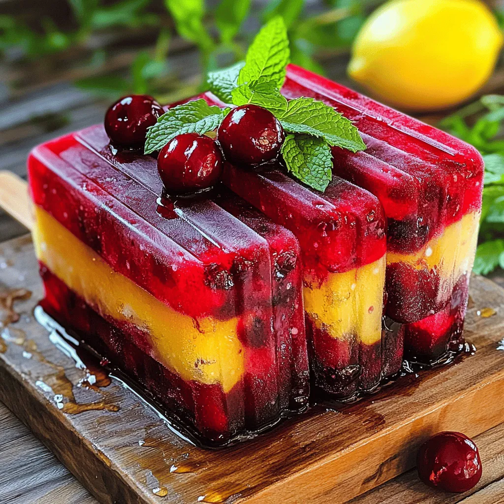 When making Cherry Lemonade Popsicles, the right ingredients make all the difference. Here’s what you need: - 2 cups fresh cherries, pitted and halved - 1 cup freshly squeezed lemon juice - 1/2 cup granulated sugar - 1 cup water - Zest of 1 lemon - Optional: Fresh mint leaves for garnish Each ingredient plays a key role in flavor and texture. Fresh cherries provide a sweet and tart taste. Lemon juice adds the right amount of zing and brightness. Sugar balances the tartness, making each bite delightful. Water helps blend everything smoothly. The lemon zest gives a punch of citrus aroma that elevates the popsicles. You can use fresh mint leaves as a cute garnish. They add a pop of color and a fresh taste. This simple list creates a refreshing summer treat that everyone will love. For the full recipe, check out the details above. - Combine 1 cup of water and 1/2 cup of granulated sugar in a medium saucepan. - Stir the mixture over medium heat until the sugar dissolves completely. This takes about 2-3 minutes. - Once dissolved, remove the saucepan from heat and let the syrup cool. - Take 2 cups of fresh cherries, pitting and halving them first. - Place the cherries in a blender. Blend them using a pulse action. You want a smooth blend but still some texture. Set the cherry puree aside. - In a large mixing bowl, combine the cooled simple syrup, 1 cup of freshly squeezed lemon juice, and the zest of 1 lemon. - Add half of the blended cherries into the bowl. Stir well to mix everything together. - Pour the mixture into popsicle molds and fill them halfway. - Layer the reserved cherry puree on top. Then, fill the molds with the lemonade mixture, leaving a little space at the top for expansion. - Insert popsicle sticks into the molds and place them in the freezer. Let the popsicles freeze for at least 4-6 hours, or until solid. For a complete list of details, check the Full Recipe. To make smooth cherry lemonade popsicles, start with the cherries. Use fresh cherries whenever you can. Cut them in half and remove the pits. This helps in blending them smoothly. When blending, pulse the cherries rather than blending them continuously. This keeps some tiny pieces, adding nice texture. For the lemonade base, mix the cooled simple syrup, lemon juice, and zest well. This ensures even flavor in every bite. When pouring the mixture into molds, fill them halfway first. Then, add a layer of cherry puree. Make sure to leave some space at the top for the popsicles to expand while freezing. This layering makes each popsicle look pretty and adds depth of flavor. Serving your cherry lemonade popsicles can be fun! I like to place them on a wooden board for a rustic look. Add fresh mint leaves around the popsicles for a pop of color. You can also drizzle a little extra cherry puree on top for a fancy touch. These popsicles pair well with other summer treats. Try serving them with a scoop of vanilla ice cream or alongside fresh fruit salad. You can even create a fun popsicle bar. Set out toppings like crushed nuts, coconut flakes, or sprinkles for everyone to enjoy. This adds a personal touch to your summer gatherings. For the full recipe, check out the [Full Recipe]. {{image_2}} You can play with flavors in these popsicles. Adding other fruits can make them even better. Try mixing in fresh strawberries or raspberries. These fruits pair well with cherries and add a nice twist. You can mash or blend them before adding to the mix. This way, you get a tasty blend of flavors in every bite. Another cool idea is to use herb-infused syrups. For example, mint or basil syrups can add a refreshing touch. Simply infuse your syrup with your favorite herb while it cools. Strain out the herbs before mixing it into the popsicle base. This adds a unique flavor that surprises your taste buds. If you want to make these popsicles sugar-free, it’s easy! Use natural sweeteners like honey or agave syrup. These options add sweetness without the sugar rush. You can also use stevia or monk fruit sweeteners for a low-calorie treat. Just adjust the amount to suit your taste. For those who need gluten-free options, you’re in luck! The recipe is already gluten-free. There are no flours or grains in the ingredients. Just make sure your sweeteners are also gluten-free. This way, everyone can enjoy a refreshing popsicle on a hot day. Check out the Full Recipe to get started on making your own Cherry Lemonade Popsicles! To keep your cherry lemonade popsicles fresh, proper storage is key. The best method is to use airtight containers or freezer bags. This prevents ice crystals from forming and keeps flavors intact. - Freezing Tips: - Allow popsicles to freeze fully for at least 4-6 hours. - Once frozen, remove them from molds and wrap each popsicle in plastic wrap. - Place wrapped popsicles in a container or a freezer bag. - Maintaining Flavor and Texture: - Store popsicles away from strong-smelling foods. They can absorb those odors. - Keep popsicles at a consistent freezing temperature. Avoid frequent opening of the freezer. Homemade cherry lemonade popsicles taste best when eaten fresh. For the best flavor, enjoy them within 2 months of making them. - Recommended Consumption Timeline: - For best taste, consume within 1 month. - If stored well, they can last up to 2 months. - Signs of Spoilage: - Watch for ice crystals forming on the popsicles. - If they appear discolored or have an off smell, it’s best to discard them. Cherry lemonade popsicles usually take about 4 to 6 hours to freeze. Several factors can affect this time. First, your freezer's temperature plays a big role. A colder freezer will freeze them faster. Second, the size of your popsicle molds matters. Larger molds take longer to freeze than smaller ones. Lastly, if the mixture is warmer when poured, it will take longer to solidify. To be safe, check them after 4 hours. If they are still soft, let them freeze for another hour. Yes, you can use frozen cherries in this recipe. Using frozen cherries can save time and provide a chilled treat. They are often picked at peak ripeness, meaning they still have great flavor. However, frozen cherries can be a bit mushy when thawed. This might change the texture of the popsicles. If you use frozen cherries, let them thaw slightly before blending. This way, you can blend them smoothly without extra ice. If you need a substitute for lemon juice, you have a few options. Lime juice works well and adds a similar tangy flavor. You can also use vinegar for a different taste, but use it sparingly. If you want a sweeter option, try orange juice. Keep in mind that each substitute will slightly change the flavor profile of your popsicles. Adjust the sugar to balance the sweetness and tartness when using these alternatives. You learned how to make refreshing cherry lemonade popsicles. We covered the ingredients, from fresh cherries to lemon juice. I walked you through step-by-step instructions, from making simple syrup to blending your mixture. We also explored tips for perfect texture and fun serving ideas. Lastly, I shared variations and storage methods for your popsicles. Enjoy your homemade treats and get creative with flavors. You’ll impress everyone with your popsicle skills this summer. Happy blending!