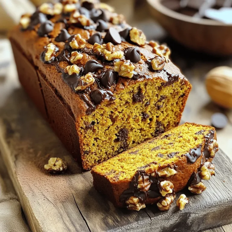 - 1 cup canned pumpkin puree - 1/2 cup vegetable oil - 2 large eggs - 1 cup brown sugar, packed - 1/2 cup granulated sugar - 1 teaspoon vanilla extract - 2 cups all-purpose flour - 1 teaspoon baking soda - 1 teaspoon baking powder - 1 teaspoon ground cinnamon - 1/2 teaspoon ground nutmeg - 1/4 teaspoon ground ginger - 1/2 teaspoon salt - 1 cup semi-sweet chocolate chips - 1/2 cup chopped walnuts Gather these ingredients to make your Chocolate Chip Pumpkin Bread. The pumpkin puree gives the bread a nice moist texture. The blend of sugars adds sweetness and depth. Don't forget the spices; they bring warmth and flavor to each bite. Adding chocolate chips makes it even more special. You can also toss in walnuts for a nice crunch. If you want a nut-free option, just skip the walnuts. This recipe is flexible and easy to adapt to your taste! For the full recipe, check out the instructions to create this delicious treat. Enjoy your baking! - Preheat the oven to 350°F (175°C). - Grease a 9x5 inch loaf pan to prevent sticking. - In a large bowl, mix the pumpkin puree, vegetable oil, eggs, brown sugar, granulated sugar, and vanilla extract until smooth. This step adds moisture and flavor. - In another bowl, whisk together the flour, baking soda, baking powder, cinnamon, nutmeg, ginger, and salt. This mix gives the bread its rise and warmth. - Gradually add the dry mix to the wet mix, stirring gently. Be careful not to overmix. - Fold in the chocolate chips and walnuts until they are evenly spread through the batter. - Pour the batter into the prepared loaf pan and smooth the top with a spatula. - Bake for 60-70 minutes. Check doneness with a toothpick; it should come out clean when done. - Let the bread cool in the pan for 10 minutes. This helps it set. - After that, transfer it to a wire rack to cool completely. For the full recipe, refer to the recipe section above. To get the best texture for your chocolate chip pumpkin bread, avoid overmixing the batter. When you mix too much, your bread can turn out tough. Just mix until the dry and wet ingredients are together. Also, use room temperature ingredients. This helps the batter mix well, leading to a soft and moist loaf. To boost the flavor, consider adding spices like allspice or cloves. You can also try a splash of almond or maple extract for a fun twist. Another great idea is to drizzle melted chocolate on top. It adds a rich finish that makes the bread even more delightful. Serve the bread warm for the best taste. Cream cheese or butter spreads nicely on each slice. You can enjoy this bread as a dessert or for breakfast. It’s perfect for any time of day! For a pretty presentation, slice it and serve on a rustic wooden board. A sprinkle of cinnamon on top makes it look special, too. {{image_2}} You can switch out the flour to suit your taste. If you want a heartier loaf, try whole wheat flour. It adds a nice nutty flavor and extra fiber. Some people even mix in oat flour for a unique twist. When it comes to sweeteners, coconut sugar is a great choice. It has a caramel-like taste that pairs well with pumpkin. Maple syrup is another option. It adds a lovely richness. Use it in place of granulated sugar for a deeper flavor. To make this bread a bit healthier, try cutting down on sugar or oil. You can reduce the brown sugar to 3/4 cup and still have great taste. Replace half the oil with applesauce for a moist loaf with less fat. Adding flaxseed or chia seeds boosts the nutrition. Both options add fiber and omega-3s. Just stir in a couple of tablespoons to the batter, and you won't even notice! You can take your bread to the next level with fun flavors. Toss in some cranberries or raisins for a sweet, chewy texture. They complement the chocolate chips perfectly. If you want to experiment, try adding peanut butter or almond butter. Swirl a few tablespoons into the batter before baking. This creates a rich, nutty flavor that everyone will love. For all these variations, you can follow the Full Recipe for guidance. You can store Chocolate Chip Pumpkin Bread at room temperature or in the fridge. If you keep it at room temperature, wrap it in plastic wrap. It will stay fresh for about three days. If you want it to last longer, put it in the fridge. The cold will keep it good for up to a week. Just remember, the bread will be a bit moist if you store it in the fridge. To freeze your bread, let it cool completely first. Then, wrap it tightly in plastic wrap. After that, put it in a freezer bag. Be sure to label the bag with the date. This way, you can enjoy it later. The bread will stay good for about three months in the freezer. When you are ready to eat it, just take it out and let it thaw at room temperature. To reheat slices, preheat your oven to 350°F (175°C). Place the slices on a baking sheet, and warm them for about 10 minutes. This method keeps the bread soft and tasty. You can also use a microwave. Heat each slice for 15-20 seconds. Just be careful not to make it too hot. Enjoy your tasty bread warm! For the full recipe, check out the recipe section above. Yes, you can use fresh pumpkin. Start by picking a small sugar pumpkin. Cut it in half and remove the seeds. Roast the halves cut-side down at 350°F (175°C) for about 45 minutes, or until soft. Let it cool, then scoop out the flesh. Puree it in a blender or food processor until smooth. Use this puree just like you would use canned pumpkin in the recipe. You can check if the bread is done by using a toothpick. Insert it into the center of the loaf. If it comes out clean or with just a few crumbs, the bread is ready. If it has wet batter on it, bake for a few more minutes. The top should also look golden brown. Absolutely! You can swap regular flour for gluten-free flour. Look for a gluten-free all-purpose flour blend that has xantham gum in it. This will help give your bread the right texture. Just use the same amount as you would for regular flour. If you want to make this bread vegan, you can replace eggs with applesauce. Use 1/4 cup of applesauce for each egg. You can also try flax eggs. Mix one tablespoon of ground flaxseed with three tablespoons of water. Let it sit for a few minutes until it thickens. This will help bind the batter. When stored properly, this bread can last for about four to five days at room temperature. Keep it in an airtight container or wrap it tightly in plastic wrap. To keep it longer, you can freeze slices. Just make sure to wrap them well to avoid freezer burn. You now have a simple recipe to make delicious chocolate chip pumpkin bread. We covered the main ingredients, step-by-step instructions, storage tips, and variations. I hope you feel ready to try baking it yourself. This bread is easy to customize and share. It’s perfect for breakfast or dessert. Enjoy the warm, cozy flavors and share it with friends! Happy baking!