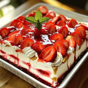 - 2 cups fresh strawberries, hulled and sliced - 1 cup heavy whipping cream - 8 oz cream cheese, softened - 1 cup powdered sugar - 1 teaspoon vanilla extract - 8 oz graham crackers - 1 cup strawberry preserves - Fresh mint leaves for garnish (optional) You can use coconut cream instead of heavy whipping cream. This option is great for a lighter taste. If you need a vegan choice for cream cheese, look for brands made with nuts or tofu. They offer a creamy texture and taste. To measure strawberries, use a dry measuring cup. Fill it with sliced berries, but don’t pack them down. Accurate measurements are key. They help keep your cake balanced and tasty. Too much or too little can change the flavor. Always level off dry ingredients to avoid surprises in your dessert. Start by whipping the cream. Pour the heavy whipping cream into a bowl. Use a mixer on high speed until you see stiff peaks. This step is crucial for a fluffy texture. Set the whipped cream aside. Next, take another bowl and add the softened cream cheese. Beat it until it's smooth. Slowly mix in the powdered sugar and vanilla extract. Blend well until everything is creamy and combined. Now, gently fold in the whipped cream. This step makes your mixture light and airy. Now it’s time to assemble your cake! Take a 9x13 inch baking dish. Spread a layer of cream cheese mixture at the bottom. Place a layer of graham crackers over this. If some crackers are too big, break them into smaller pieces to fit. Then, spread a layer of strawberry preserves on top of the graham crackers. Follow this with a layer of fresh strawberries. Repeat this process: cream cheese mixture, graham crackers, strawberry preserves, and strawberries. Finish with a layer of the cream cheese mixture on top. After you layer everything, cover the dish with plastic wrap. Refrigerate the cake for at least 4 hours. For best results, chill it overnight. This time allows the flavors to mix and the cake to set perfectly. Refrigeration is key for flavor. It helps the ingredients blend well and makes each bite delicious. Enjoy this delightful treat! For the complete guide, check out the Full Recipe. To get the best texture for your Strawberry Cheesecake Icebox Cake, you need to fold the whipped cream properly. Start by gently adding the whipped cream to the cream cheese mixture. Use a spatula to scoop from the bottom and fold over the top. Repeat this until mixed, but don’t stir too hard. This keeps the air in and makes the cake light. Also, make sure your cream cheese is at room temperature. Cold cream cheese can clump up. Leave it out for about 30 minutes before you start. This step helps create a smooth, lump-free filling that blends well with the whipped cream. Garnishing your cake can take it from simple to stunning. Use fresh mint leaves for a pop of color. Place a mint leaf on top of each slice. You can also add an extra strawberry on each piece. This makes the dish look fresh and inviting. For plating, use a clean white plate to showcase the colors of the cake. You could drizzle extra strawberry preserves around the cake slice. This adds color and a hint of sweetness. One common mistake is over-whipping the cream. If you whip it too much, it can turn into butter. Stop when you see stiff peaks. This gives the cake its airy texture. Another mistake is skipping the chilling step. Chilling helps the flavors mix and the cake set. Be patient and let it chill for at least four hours, or better yet, overnight. This step is key for a creamy, delicious dessert. For the full recipe, check out the complete guide on making your Strawberry Cheesecake Icebox Cake. {{image_2}} You can change up the flavor of your strawberry cheesecake icebox cake. Try using chocolate or lemon. For a chocolate twist, mix cocoa powder into your cream cheese blend. You can also use chocolate graham crackers for added flavor. If you prefer lemon, add fresh lemon juice and zest to the cream cheese. It gives a bright, zesty taste. You can swap out strawberries for other berries too. Blueberries, raspberries, or blackberries work well. Each berry adds its unique flavor. Mix and match to find your favorite combo! If you need a gluten-free option, look for gluten-free graham crackers. They are widely available in stores. This keeps your cake safe for those with gluten issues. For a dairy-free version, use coconut cream instead of heavy cream. You can also find dairy-free cream cheese at many grocery stores. This way, everyone can enjoy this dessert! Pair your cake with other desserts for a fun dessert spread. It goes well with lighter treats like sorbet or fruit salad. You can also serve it alongside chocolate mousse for a rich contrast. When it comes to drinks, fresh lemonade or iced tea is perfect. Their acidity balances the creamy sweetness of the cake. You can also serve it with coffee for a cozy touch. Each sip enhances the cake's flavor! Store your leftover strawberry cheesecake icebox cake in an airtight container. This keeps it fresh. You can also cover the dish with plastic wrap. The cake stays good for up to five days in the fridge. Just make sure to check it before serving. Yes, you can freeze this cake! To freeze, wrap individual slices in plastic wrap. Place them in a freezer-safe bag or container. This helps prevent freezer burn. The cake can last up to three months in the freezer. When you want to eat it, let it thaw in the fridge overnight. This keeps the texture nice. Look for a few signs to check if the cake has gone bad. If it has an off smell or shows mold, it’s time to toss it. Also, if the texture feels slimy, don’t eat it. Checking for freshness is key to enjoying this dessert safely. Yes, you can make this cake a day or two in advance. Just follow these tips: - Prepare the cake and layer it in your dish. - Cover it tightly with plastic wrap. - Refrigerate for at least four hours or overnight. This allows the flavors to mix well and makes slicing easier. It's best to keep the cake chilled. If left out, the cream cheese and whipped cream can spoil. - Serve the cake right from the fridge. - If it sits out for more than two hours, it’s safer to discard it. Always prioritize food safety to keep your guests happy and healthy. You can use other fruit spreads or make your own. Here are some ideas: - Raspberry or blueberry preserves work well. - For a homemade option, mash fresh berries with a bit of sugar. This gives you a fresh taste and keeps the cake delicious. You can find the full Strawberry Cheesecake Icebox Cake recipe [here](#). It has all the steps and tips you need to create this delightful dessert! This blog post covered all the key steps for making a Strawberry Cheesecake Icebox Cake. We discussed the ingredients, measuring tips, and substitutes, ensuring you have options to fit your needs. I shared detailed preparation and layering instructions, plus tricks for the best texture and presentation. You learned about variations and storage, making sure your cake stays fresh and delicious. This dessert is simple to make and perfect for any occasion. Enjoy making your cake, and let your creativity shine!