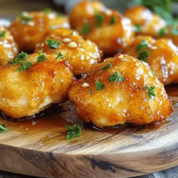 To make honey garlic chicken bites, you need these simple ingredients: - 1 lb (450g) chicken breast, cut into bite-sized pieces - 1/4 cup honey - 2 cloves garlic, minced - 2 tablespoons soy sauce - 1 tablespoon apple cider vinegar - 1 tablespoon cornstarch - 1 tablespoon water - 2 tablespoons olive oil - Salt and pepper, to taste - 1/4 teaspoon red pepper flakes (optional, for heat) - Fresh parsley, chopped (for garnish) These ingredients create a sweet and savory dish that is easy to prepare. Using fresh garlic and honey makes a big difference in flavor. The chicken breast is perfect for this recipe because it cooks quickly. Make sure you have everything ready before you start cooking. You can find the full recipe for honey garlic chicken bites, which includes step-by-step instructions. Start by mixing the marinade. In a large bowl, combine: - 1/4 cup honey - 2 cloves garlic, minced - 2 tablespoons soy sauce - 1 tablespoon apple cider vinegar - Salt and pepper, to taste - 1/4 teaspoon red pepper flakes (optional) Stir all the ingredients well. This mix adds sweet and savory flavors. Next, add the chicken. Toss the chicken pieces in the marinade until they coat well. Let it sit for at least 30 minutes. For more flavor, marinate up to 2 hours in the fridge. Heat 2 tablespoons of olive oil in a large skillet over medium-high heat. Once the oil is hot, add the marinated chicken pieces. Reserve the leftover marinade for later. Cook the chicken for 4-5 minutes on each side. Look for a golden brown color. Make sure the chicken is fully cooked. The internal temperature should reach 165°F (75°C). While the chicken cooks, mix 1 tablespoon of cornstarch with 1 tablespoon of water to create a slurry. After cooking the chicken, pour the reserved marinade into the skillet. Stir it continuously for about 2 minutes. Add the cornstarch slurry next. This will thicken the glaze. Stir until the glaze becomes sticky and coats the chicken well. For the full recipe, check the detailed steps above. When ready, remove the skillet from heat. Garnish with fresh chopped parsley. Enjoy your tasty honey garlic chicken bites! To get the best flavor, marinate your chicken bites. Use a large bowl for mixing. Combine honey, garlic, soy sauce, apple cider vinegar, salt, and pepper. Mix well to blend the flavors. Add the chicken pieces and ensure they are fully coated. Cover the bowl and refrigerate. Let them sit for at least 30 minutes. For even more flavor, try marinating for up to 2 hours. The longer they marinate, the tastier they become. Cook your chicken bites in a hot pan. Start with medium-high heat and add olive oil. Once the oil shimmers, add the marinated chicken. Sear each side for about 4-5 minutes. Check the internal temperature; it should hit 165°F (75°C). This ensures the chicken is cooked and juicy. If you overcook them, they can dry out. So, watch the time closely. Serve your honey garlic chicken bites on a large platter. Garnish with fresh chopped parsley for a pop of color. Drizzle a little honey on top for a glossy finish. This adds an appealing touch. To make serving easier, add toothpicks. This way, guests can grab a bite without fuss. It’s perfect for parties or family dinners. {{image_2}} If you want a kick, try the sweet and spicy version. Add more red pepper flakes or use sriracha. You can mix honey with a bit of chili sauce too. This combo gives a bold flavor. It balances heat with sweetness. Baking the chicken bites is a great choice. Preheat your oven to 400°F (200°C). Spread the marinated chicken on a baking sheet. Bake for 20-25 minutes, flipping halfway. This method keeps the bites juicy and cuts back on oil. Sometimes, you might need swaps for the ingredients. If you run out of honey, use maple syrup or agave nectar. For soy sauce, try tamari or coconut aminos. These options provide similar flavors. They also work well for different dietary needs. You can check the Full Recipe for more ideas! After you make honey garlic chicken bites, let them cool down. Place the bites in an airtight container. You can keep them in the fridge for up to three days. If you want to keep them fresh longer, make sure to store them right away. Cover the container tightly to keep out air and moisture. If you want to freeze honey garlic chicken bites, first let them cool completely. Place them in a freezer-safe bag or container. Remove as much air as you can to prevent freezer burn. You can freeze these bites for up to three months. Label the bag with the date, so you know when to use them. To reheat, take the bites out of the fridge or freezer. If frozen, let them thaw in the fridge overnight. For best results, heat them in a skillet over medium heat. Add a splash of water or broth, and cover the skillet. This helps keep the chicken moist. Stir occasionally until they are heated through. You can also use the microwave, but they might not stay as juicy. Enjoy your tasty bites again! Yes, you can use chicken thighs. Thighs have more fat, making them juicier. They also add great flavor. Just cut them into bite-sized pieces like the breasts. Cook them the same way for tasty results. These chicken bites pair well with many sides. You can serve them with: - Steamed rice - Fried rice - Noodles - A fresh salad - Roasted vegetables Each option adds a nice contrast to the sweet and savory chicken. You can marinate the chicken for at least 30 minutes. For best flavor, try marinating for up to 2 hours. This allows the chicken to soak up all the tasty goodness from the marinade. Yes, you can prepare the honey garlic chicken bites ahead of time. Marinate the chicken and store it in the fridge. You can also cook the chicken and keep it warm until serving. Just reheat gently to avoid drying it out. Honey garlic chicken bites are easy and fun to make. We covered all the key steps. You learned about marinating, cooking, and serving tips. Also, you discovered ways to store and reheat them. Variations like sweet and spicy add more flavor. Remember, the right ingredients and methods make a big difference. With these easy tips, your chicken bites will impress everyone. Enjoy trying different options to make this dish your own!