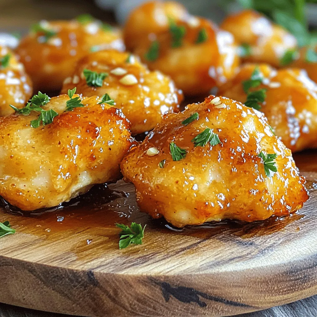 To make honey garlic chicken bites, you need these simple ingredients: - 1 lb (450g) chicken breast, cut into bite-sized pieces - 1/4 cup honey - 2 cloves garlic, minced - 2 tablespoons soy sauce - 1 tablespoon apple cider vinegar - 1 tablespoon cornstarch - 1 tablespoon water - 2 tablespoons olive oil - Salt and pepper, to taste - 1/4 teaspoon red pepper flakes (optional, for heat) - Fresh parsley, chopped (for garnish) These ingredients create a sweet and savory dish that is easy to prepare. Using fresh garlic and honey makes a big difference in flavor. The chicken breast is perfect for this recipe because it cooks quickly. Make sure you have everything ready before you start cooking. You can find the full recipe for honey garlic chicken bites, which includes step-by-step instructions. Start by mixing the marinade. In a large bowl, combine: - 1/4 cup honey - 2 cloves garlic, minced - 2 tablespoons soy sauce - 1 tablespoon apple cider vinegar - Salt and pepper, to taste - 1/4 teaspoon red pepper flakes (optional) Stir all the ingredients well. This mix adds sweet and savory flavors. Next, add the chicken. Toss the chicken pieces in the marinade until they coat well. Let it sit for at least 30 minutes. For more flavor, marinate up to 2 hours in the fridge. Heat 2 tablespoons of olive oil in a large skillet over medium-high heat. Once the oil is hot, add the marinated chicken pieces. Reserve the leftover marinade for later. Cook the chicken for 4-5 minutes on each side. Look for a golden brown color. Make sure the chicken is fully cooked. The internal temperature should reach 165°F (75°C). While the chicken cooks, mix 1 tablespoon of cornstarch with 1 tablespoon of water to create a slurry. After cooking the chicken, pour the reserved marinade into the skillet. Stir it continuously for about 2 minutes. Add the cornstarch slurry next. This will thicken the glaze. Stir until the glaze becomes sticky and coats the chicken well. For the full recipe, check the detailed steps above. When ready, remove the skillet from heat. Garnish with fresh chopped parsley. Enjoy your tasty honey garlic chicken bites! To get the best flavor, marinate your chicken bites. Use a large bowl for mixing. Combine honey, garlic, soy sauce, apple cider vinegar, salt, and pepper. Mix well to blend the flavors. Add the chicken pieces and ensure they are fully coated. Cover the bowl and refrigerate. Let them sit for at least 30 minutes. For even more flavor, try marinating for up to 2 hours. The longer they marinate, the tastier they become. Cook your chicken bites in a hot pan. Start with medium-high heat and add olive oil. Once the oil shimmers, add the marinated chicken. Sear each side for about 4-5 minutes. Check the internal temperature; it should hit 165°F (75°C). This ensures the chicken is cooked and juicy. If you overcook them, they can dry out. So, watch the time closely. Serve your honey garlic chicken bites on a large platter. Garnish with fresh chopped parsley for a pop of color. Drizzle a little honey on top for a glossy finish. This adds an appealing touch. To make serving easier, add toothpicks. This way, guests can grab a bite without fuss. It’s perfect for parties or family dinners. {{image_2}} If you want a kick, try the sweet and spicy version. Add more red pepper flakes or use sriracha. You can mix honey with a bit of chili sauce too. This combo gives a bold flavor. It balances heat with sweetness. Baking the chicken bites is a great choice. Preheat your oven to 400°F (200°C). Spread the marinated chicken on a baking sheet. Bake for 20-25 minutes, flipping halfway. This method keeps the bites juicy and cuts back on oil. Sometimes, you might need swaps for the ingredients. If you run out of honey, use maple syrup or agave nectar. For soy sauce, try tamari or coconut aminos. These options provide similar flavors. They also work well for different dietary needs. You can check the Full Recipe for more ideas! After you make honey garlic chicken bites, let them cool down. Place the bites in an airtight container. You can keep them in the fridge for up to three days. If you want to keep them fresh longer, make sure to store them right away. Cover the container tightly to keep out air and moisture. If you want to freeze honey garlic chicken bites, first let them cool completely. Place them in a freezer-safe bag or container. Remove as much air as you can to prevent freezer burn. You can freeze these bites for up to three months. Label the bag with the date, so you know when to use them. To reheat, take the bites out of the fridge or freezer. If frozen, let them thaw in the fridge overnight. For best results, heat them in a skillet over medium heat. Add a splash of water or broth, and cover the skillet. This helps keep the chicken moist. Stir occasionally until they are heated through. You can also use the microwave, but they might not stay as juicy. Enjoy your tasty bites again! Yes, you can use chicken thighs. Thighs have more fat, making them juicier. They also add great flavor. Just cut them into bite-sized pieces like the breasts. Cook them the same way for tasty results. These chicken bites pair well with many sides. You can serve them with: - Steamed rice - Fried rice - Noodles - A fresh salad - Roasted vegetables Each option adds a nice contrast to the sweet and savory chicken. You can marinate the chicken for at least 30 minutes. For best flavor, try marinating for up to 2 hours. This allows the chicken to soak up all the tasty goodness from the marinade. Yes, you can prepare the honey garlic chicken bites ahead of time. Marinate the chicken and store it in the fridge. You can also cook the chicken and keep it warm until serving. Just reheat gently to avoid drying it out. Honey garlic chicken bites are easy and fun to make. We covered all the key steps. You learned about marinating, cooking, and serving tips. Also, you discovered ways to store and reheat them. Variations like sweet and spicy add more flavor. Remember, the right ingredients and methods make a big difference. With these easy tips, your chicken bites will impress everyone. Enjoy trying different options to make this dish your own!