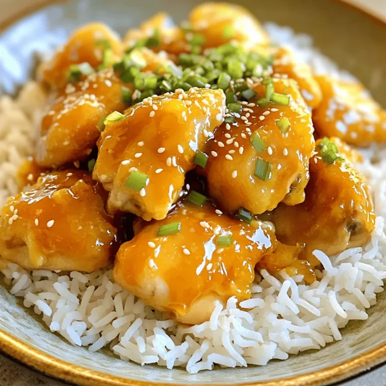- 1.5 lbs chicken thighs, boneless and skinless, cut into bite-sized pieces - 1 cup fresh orange juice - Zest of 1 orange - 1/4 cup low-sodium soy sauce - 1/4 cup honey - 2 tablespoons grated fresh ginger - 2 cloves garlic, minced The main ingredients in this recipe pack a punch of flavor. First, I choose chicken thighs for their tenderness. They cook well and stay juicy. I always use fresh orange juice. It gives the dish a bright taste. Orange zest adds even more citrus flavor. Soy sauce brings in a salty note that balances the sweetness. Honey sweetens the dish and adds a nice glaze. Fresh ginger and garlic give a warm, aromatic kick. These ingredients come together to create that famous orange chicken taste. - 2 green onions, chopped (for garnish) - Sesame seeds (for garnish) - Additional toppings Garnishes make the dish pop! I like to add chopped green onions for a fresh crunch. Sesame seeds sprinkle nicely on top for a lovely look. You can also get creative with extra toppings. Try adding sliced bell peppers or cashews for a different texture. These optional garnishes enhance the look and taste, making your meal even more delightful. Check out the Full Recipe to see how to bring this flavor-packed delight to your table! To make the orange sauce, start by gathering your ingredients. You need fresh orange juice, orange zest, soy sauce, honey, ginger, and garlic. Combine these in a bowl. Stir the mixture well until it looks smooth. One tip to help the honey dissolve is to warm the orange juice slightly. This makes it easier for the honey to mix in. Next, it’s time to cook the chicken. Turn the Instant Pot to 'Sauté' mode and add a splash of oil. Once the pot is hot, add the chicken pieces. Sauté the chicken for about 4-5 minutes. This step is very important. Browning the chicken adds flavor and color to your dish. You want it to get a nice, golden look. Now, let’s pressure cook the chicken. After sautéing, pour that delicious orange sauce over the chicken. Secure the lid on the Instant Pot. Set it to 'Manual' or 'Pressure Cook' on high pressure for 8 minutes. Make sure to position the vent to sealing. After cooking, allow the pressure to release naturally for about 5 minutes. This helps keep the chicken tender and juicy. For the complete recipe, refer to the [Full Recipe]. To make your orange chicken shine, always use fresh orange juice. Fresh juice brings bright, zesty notes that bottled juice can’t match. When you squeeze the oranges yourself, you capture their full flavor. If you must use bottled juice, choose one with no added sugars. The taste may not be the same, but it can still work in a pinch. Next, adjust the sweetness to fit your taste. If you want a sweeter dish, add more honey. For a tangier flavor, reduce the honey a little. Taste your sauce before cooking. This way, you can find the perfect balance of sweet and sour. To thicken the sauce, avoid common mistakes. One mistake is adding too much cornstarch at once. Always mix cornstarch with water first to create a slurry. This helps it blend smoothly into the sauce. If the sauce gets too thick, add a splash of water to loosen it. If you don’t have cornstarch, try using arrowroot or tapioca starch instead. Both work well and give a nice glossy finish to your sauce. Pair your orange chicken with jasmine rice for a tasty meal. The rice soaks up the sauce and makes every bite delicious. You can also serve it with steamed broccoli or snap peas for added color and crunch. When storing leftovers, keep them in an airtight container in the fridge. They will last for up to three days. Reheat the chicken in the microwave or on the stove. Make sure to add a splash of water to keep it moist. For best results, use the Full Recipe for perfect results every time. {{image_2}} You can switch the chicken for other proteins. Tofu works well for a vegetarian option. Shrimp is another great choice if you want seafood. Try using different citrus fruits too. Lemons or limes can add a nice twist. They bring a bright flavor that pairs well with the dish. Want to kick up the flavor? Add some chili flakes for heat. Bell peppers give a nice crunch and sweetness too. You can toss in broccoli, snap peas, or carrots for more color and nutrients. These veggies soak up the orange sauce, making every bite tasty. If you need gluten-free options, choose tamari instead of soy sauce. This swap keeps the flavor while being safe for gluten-free diets. For low-sugar alternatives, use a sugar substitute like stevia or monk fruit. This change keeps your dish delicious without the extra sugar. For the full recipe, check out the Citrus Dream Instant Pot Orange Chicken. To store your orange chicken, place it in an airtight container. Let it cool first. Refrigerate it within two hours of cooking. This keeps it fresh and safe to eat. Your orange chicken will last for about 3 to 4 days in the fridge. Always check for any off smells or changes in color before eating. You can freeze cooked orange chicken if you want to save some for later. Use a freezer-safe container or a heavy-duty freezer bag. Be sure to remove as much air as possible. It can last for up to 3 months in the freezer. When you're ready to eat it, thaw it in the fridge overnight. To reheat, you can use the microwave or heat it on the stove. If using the microwave, warm it in short intervals. Stir often to heat it evenly. On the stove, add a splash of water to keep it moist. This way, your orange chicken stays juicy! Preparing orange chicken in advance can save you time on busy nights. You can cook a big batch and store it for quick meals. Serve it over rice or toss it into salads. You can also use leftovers in wraps or stir-fries. The flavors blend well with many dishes. Keep your meal prep fun and easy! For the full recipe, check out the Citrus Dream Instant Pot Orange Chicken. You can serve Instant Pot Orange Chicken with many tasty sides. Here are some popular choices: - Jasmine rice: This is the best option. The soft rice soaks up the sauce well. - Steamed broccoli: It adds a nice crunch and color. - Fried rice: This is quick and packed with flavor. - Egg rolls: They pair well for a fun twist. If you want quick ideas, consider these: - Frozen vegetables: Just steam them while the chicken cooks. - Simple salad: Toss some greens with a light dressing. - Noodles: Cook some egg noodles for a hearty meal. To add heat, you can try a few simple tips. Here are some ideas: - Chili flakes: Add a teaspoon to the sauce for a kick. - Sriracha sauce: Mix in a tablespoon for a tangy heat. - Fresh peppers: Chop up jalapeños or serranos and sauté them with the chicken. Recommended spice blends include: - Cayenne pepper: A little goes a long way. - Hot sauce: Choose your favorite for a flavor boost. Yes, you can use frozen chicken. Just keep these guidelines in mind: - Cooking time: Increase the pressure cooking time to about 10-12 minutes. - Browning: You may not be able to brown frozen chicken. That's okay; it will still taste great. Best practices for frozen ingredients: - Do not thaw: Cook it straight from the freezer for best results. - Check doneness: Make sure the chicken reaches 165°F before serving. For the full recipe, check the details provided earlier. Enjoy your cooking! In this blog post, we covered how to make tasty Instant Pot Orange Chicken. You learned about key ingredients, like chicken thighs and fresh orange juice, and how to prepare the sauce. We discussed cooking techniques, tips for flavor, and creative variations. Remember, using fresh juice makes a big difference in taste. Whether you swap chicken for tofu or adjust the sweetness, the goal is fun, quick meals. Enjoy your cooking adventures and don’t hesitate to experiment with your favorites!