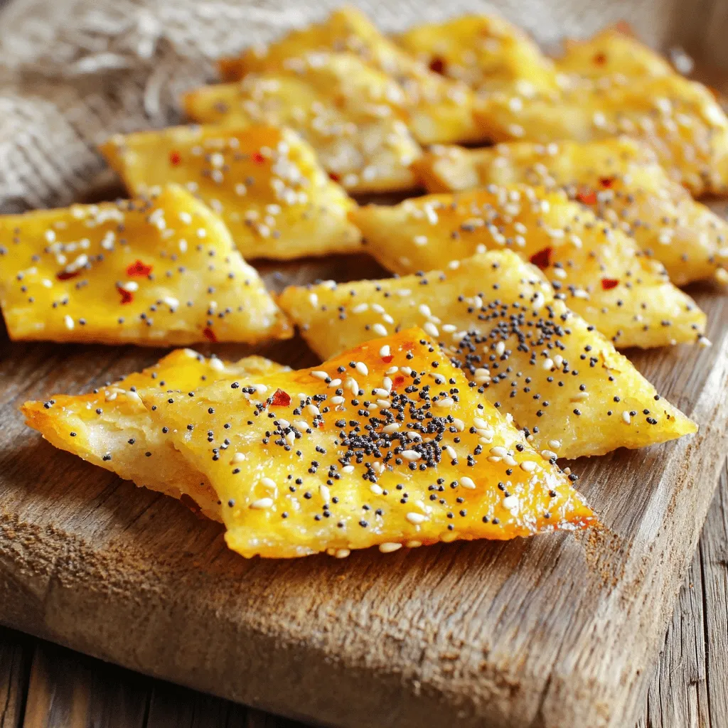 To create your baked everything bagel chips, you'll need a few simple items. This recipe is easy to follow, and the results are delicious. Here’s what you need: - Everything bagels - Olive oil and seasonings - Optional toppings and spices The star of this recipe is, of course, the everything bagels. They bring a unique flavor that makes these chips special. The olive oil helps the spices stick and adds a nice richness. You can customize the seasonings based on your taste. Garlic powder and onion powder give great flavor, while sea salt and black pepper add depth. For an extra kick, consider adding crushed red pepper flakes. This spice is optional, but it gives the chips a nice heat. Feel free to mix in your favorite herbs or spices to make these chips uniquely yours. Enjoy the process and get excited about the crunchy snack you will create! For the full recipe, don't forget to check the details above. 1. Preheating the oven Start by preheating your oven to 350°F (175°C). This step helps the chips cook evenly and become nice and crispy. 2. Slicing the bagels thinly Take your everything bagels and slice them into thin rounds, about ¼ inch thick. Thin slices ensure they bake up crispier. 3. Mixing the seasoning blend In a large bowl, mix together 2 tablespoons of olive oil, 1 teaspoon of garlic powder, 1 teaspoon of onion powder, ½ teaspoon of sea salt, ½ teaspoon of black pepper, 1 teaspoon of sesame seeds, and 1 teaspoon of poppy seeds. If you like a little heat, add ¼ teaspoon of crushed red pepper flakes. Stir it well until combined. 1. Coating the bagel slices Add the bagel slices to your bowl of seasoning. Gently toss them until they are fully coated with the flavorful mix. This step makes every bite taste amazing. 2. Arranging on the baking sheet Line a baking sheet with parchment paper. Lay the seasoned bagel slices in a single layer. Make sure they don't overlap to ensure even baking. 3. Baking time and checking for doneness Place the baking sheet in the oven and bake for 10-15 minutes. Watch them closely. When the chips turn golden brown and crispy, they are ready. Turn them halfway through to cook evenly and avoid burning. 1. Cooling methods Once baked, take the chips out of the oven and let them cool on the baking sheet for a few minutes. They will crisp up even more as they cool. 2. Serving suggestions with dips Serve your baked everything bagel chips as a fun snack. They pair well with dips like hummus, guacamole, or your favorite cream cheese. Enjoy the crunch and flavors! For the full recipe, check out Baked Everything Bagel Chips. To make your bagel chips nice and crispy, slice the bagels thin. Aim for about ¼ inch thick. Thinner slices bake faster and become crunchier. If your slices are too thick, they may turn out chewy instead of crispy. Next, watch the baking time closely. Bake your chips for 10 to 15 minutes. Turn them halfway through to ensure even cooking. Keep an eye on them, as they can burn quickly. Remove them when they look golden brown for the best taste. You can make your bagel chips even better by changing the seasoning blend. Try adding different spices, like smoked paprika or dried herbs. You can also mix in some grated cheese for a cheesy twist. For a spicy kick, add crushed red pepper flakes, as I mentioned in the recipe. If you want to try alternative cooking methods, consider using an air fryer. Set it to about 350°F (175°C) and cook the chips for 5 to 8 minutes. This method can give you an extra crispy texture without much oil. Feel free to experiment and find your perfect flavor! For the full recipe, check out the earlier section. {{image_2}} You can use many bagel flavors for your chips. Try garlic or onion bagels for a fun twist. You can even mix bagel types! One bagel can be everything, while the other can be plain. This way, you get a mix of tastes and textures. The key is to slice them thinly to ensure they bake evenly and crisp up nicely. Don’t shy away from getting creative with your spice blends. Try adding smoked paprika or dried herbs like dill for a unique flavor. For a sweet twist, sprinkle some cinnamon and sugar on top. You can even add chocolate or caramel for dessert chips. These variations will make your baked everything bagel chips stand out. For the full recipe, check out the original instructions and tips that will help you nail these delicious snacks! To keep your baked everything bagel chips fresh, use an airtight container. A glass jar or a plastic container works well. Make sure the lid seals tight. This keeps air out and prevents them from getting soft. Store the chips in a cool, dry place. They will stay fresh for up to a week. If you live in a humid area, consider storing them in the fridge. If your chips lose their crunch, don’t worry! You can easily make them crispy again. Preheat your oven to 350°F (175°C). Spread the chips on a baking sheet. Bake them for about 5 to 7 minutes. Keep an eye on them to avoid burning. This technique works well, even if the chips were stored in a bag or a container. Just remember, storing in a cool, dry place helps keep them crunchy longer. Making baked everything bagel chips is easy and fun! 1. Preheat your oven to 350°F (175°C). 2. Slice the bagels into thin rounds, about ¼ inch thick. 3. Mix olive oil, garlic powder, onion powder, sea salt, black pepper, sesame, and poppy seeds in a bowl. 4. Coat the bagel slices in this mixture. 5. Arrange them on a baking sheet lined with parchment paper. 6. Bake for 10-15 minutes, turning halfway to ensure they cook evenly. 7. Let them cool before serving. They will be crispier as they cool. Tips for beginners: - Use a serrated knife for smooth slicing. - Keep an eye on the oven; they can burn easily! - Try to use fresh bagels for the best taste. Yes, you can find pre-made everything bagel chips at many grocery stores. Some brands I recommend are St. Joe's and Trader Joe's. You can often find them in the snack aisle or online. Comparison with homemade: - Homemade chips let you control the flavors and seasoning. - They taste fresher and crispier than most store-bought options. - Making them is fun and a great way to use leftover bagels. Baked chips are generally healthier than fried chips. - Baked chips have less fat because they use no oil in cooking. - They also have fewer calories, making them a better snack choice. Advantages of the baking method: - Baking keeps the flavor without adding unhealthy fats. - You can easily customize your spices to fit your taste. - They provide a satisfying crunch without the guilt! For a complete guide, check out the Full Recipe for baked everything bagel chips. Baking your own everything bagel chips is simple and fun. We covered the key steps, from preparing the bagels to baking and serving. With tips on achieving perfect crispiness and flavor customizations, you can make this snack your own. Remember to store them properly for freshness. Enjoy experimenting with different bagel types and seasonings. Whether for a party or a quiet night in, these chips are a hit! Grab your ingredients and start baking your tasty bagel chips today!