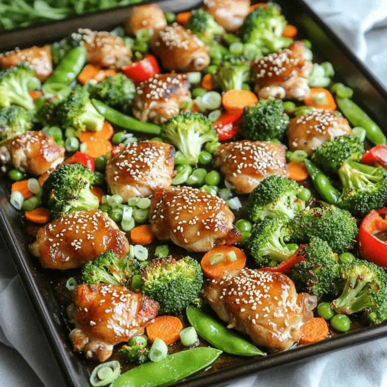 - 1 lb boneless, skinless chicken thighs - Assorted vegetables: broccoli, red bell pepper, carrot, snap peas - Soy sauce (or tamari) - Honey or maple syrup - Sesame oil, garlic, ginger - Cornstarch for thickening - Garnishes: sesame seeds, green onions When I create Sheet-Pan Teriyaki Chicken and Vegetables, I love using fresh ingredients. The chicken thighs offer great flavor and tenderness. Assorted vegetables add color and nutrition to the dish. Broccoli, red bell peppers, carrots, and snap peas work well together. For the teriyaki sauce, I choose soy sauce or tamari based on my needs. Honey or maple syrup gives the sauce sweetness. Sesame oil adds a nutty flavor, while garlic and ginger bring depth. If I want a thicker sauce, I add a bit of cornstarch. To finish, I sprinkle sesame seeds and sliced green onions for extra flair. This recipe is simple and perfect for a busy night. You can find the Full Recipe above for step-by-step guidance. 1. Preheat your oven to 400°F (200°C). This helps the chicken cook evenly. 2. Line a large baking sheet with parchment paper. This makes cleanup easy. 3. In a mixing bowl, whisk together the teriyaki sauce ingredients. This includes soy sauce, honey, sesame oil, minced garlic, and grated ginger. Mix until everything is smooth. 4. If you want a thicker sauce, mix cornstarch with a little water. Add this to the sauce and stir well. 1. Take the chicken pieces and add them to the bowl with the teriyaki sauce. Toss them until they are fully coated. This ensures every bite gets flavor. 2. On the prepared baking sheet, arrange the chicken pieces evenly. Spread them out to allow space for the veggies. 3. Surround the chicken with broccoli florets, sliced red bell pepper, thin carrot slices, and snap peas. This mix of colors looks great and tastes fresh. 4. Drizzle any remaining sauce over the vegetables. This adds more flavor to each bite. 1. Bake in your preheated oven for 20 to 25 minutes. Check for doneness. The chicken should be cooked through, and the veggies should be tender but crisp. 2. Stir the pan halfway through cooking. This helps everything roast evenly. 3. Once done, remove the pan from the oven. Let it rest for a few minutes before serving. 4. For garnishing, sprinkle sesame seeds and sliced green onions on top. This adds flavor and makes the dish look nice. For detailed guidance, check the Full Recipe. To ensure even cooking for chicken and veggies, cut all pieces to a similar size. This helps everything cook at the same rate. Spread the chicken and vegetables out on the pan. Avoid crowding them. This allows hot air to flow freely, giving you a nice roast. Using a meat thermometer is key for perfect chicken. Insert it into the thickest part of the chicken. When it reads 165°F (75°C), your chicken is done. This simple step prevents undercooking or overcooking. Want to spice things up? Add garlic powder, red pepper flakes, or black pepper. These will enhance the teriyaki flavor without overpowering it. Fresh herbs like cilantro or basil can add a bright finish. Mixing sauces can create unique flavor profiles. Try adding hoisin sauce or chili sauce for extra depth. You can adjust the sweetness by adding more honey or maple syrup. Just remember to taste as you go! Pair your dish with rice or noodles for a complete meal. Jasmine or brown rice works well. Noodles like soba or udon will add a nice twist. For creative presentation, serve directly from the baking sheet. This gives a casual vibe. You can also plate individual servings. Drizzle extra teriyaki sauce on top and sprinkle sesame seeds for a lovely touch. For more ideas, check the Full Recipe. {{image_2}} You can easily switch out the chicken thighs. Try chicken breast for a leaner option. Just cut it into bite-sized pieces. If you prefer a plant-based choice, tofu is great too. Press and cube it before marinating. Beef or shrimp can also work well here. Thinly slice beef for quick cooking. For shrimp, use peeled and deveined ones. Add them to the pan in the last few minutes of cooking to avoid overcooking. Seasonal veggies can bring new flavors to your dish. In spring, use asparagus or snap peas. In autumn, try butternut squash or Brussels sprouts. Each season offers fresh options for your sheet pan. Both frozen and fresh vegetables make great choices. Frozen veggies are convenient and often pre-cut. Fresh veggies offer better texture. If using frozen, adjust cooking time to ensure they heat through. To make this dish gluten-free, swap soy sauce for tamari. This simple change keeps the flavor while meeting dietary needs. For a vegan version, use tofu or chickpeas instead of chicken. Check the label on sauces to ensure they are vegan-friendly. Maple syrup is a great substitute for honey. It adds the same sweetness without animal products. For the full recipe, check out the Sheet-Pan Teriyaki Chicken and Vegetables. After enjoying your meal, let the leftovers cool down. This step helps keep the chicken and vegetables fresh. Place them in an airtight container. Glass or plastic containers both work well. Store them in the fridge, where they can last for about three to four days. To bring your dish back to life, you can use the oven or microwave. If you choose the oven, preheat it to 350°F (175°C). Place the leftovers in an oven-safe dish, cover it with foil, and heat for about 15-20 minutes. If you prefer the microwave, put your food in a microwave-safe bowl and cover it loosely. Heat for one to two minutes, stirring halfway. Always check that the food is hot throughout to follow safety guidelines. Freezing leftovers is a great option for longer storage. Make sure your dish is cool before freezing. Use freezer-safe containers or heavy-duty freezer bags. Remove as much air as possible to prevent freezer burn. The teriyaki chicken can stay good in the freezer for up to three months. When you’re ready to eat, thaw it in the fridge overnight. Reheat using the instructions above for the best taste. For the full recipe, please check the earlier section. How long to cook sheet pan teriyaki chicken? You should cook sheet-pan teriyaki chicken for about 20 to 25 minutes. This allows the chicken to cook through and the veggies to stay crisp. Always check the chicken with a meat thermometer. It should reach 165°F (75°C) to be safe. Can I make the teriyaki sauce ahead of time? Yes, you can make the teriyaki sauce ahead of time! Store it in the fridge for up to a week. Just whisk it again before using. This saves time on busy days. What can I use instead of soy sauce? If you're looking for a soy sauce substitute, try tamari. It is gluten-free and has a similar taste. Coconut aminos also work well, offering a milder flavor. Alternatives for honey or maple syrup? You can use agave nectar or brown sugar as alternatives. Both add sweetness and work well in the teriyaki sauce. Adjust to your taste for the right balance. What to do if the chicken is undercooked? If the chicken is undercooked, return it to the oven. Cook for an additional 5 to 10 minutes. Check the internal temperature again for safety. Tips for avoiding soggy vegetables on the sheet pan. To avoid soggy vegetables, make sure they are not overcrowded on the pan. Give them space to roast. Preheat the oven properly, and use fresh veggies for the best texture. This blog post covered how to make a tasty sheet pan teriyaki chicken. We looked at the key ingredients, including chicken, vegetables, and sauce components. You learned step-by-step instructions and tips for perfecting your dish. Variations gave you ideas for using different proteins and veggies. Finally, we discussed storage and reheating methods. Enjoy your cooking, and remember, creativity makes every meal special!