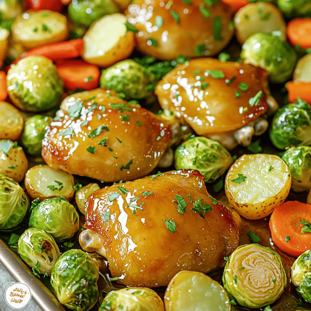 To make this delicious Sheet Pan Honey Garlic Chicken, you need some key ingredients. Here’s what you’ll need: - Chicken - 4 boneless, skinless chicken thighs - Vegetables - 1 cup brussels sprouts, halved - 1 cup carrots, sliced - 1 red bell pepper, chopped - 1 cup baby potatoes, halved - Marinade Components - 1/4 cup honey - 1/4 cup soy sauce (or tamari for gluten-free) - 3 cloves garlic, minced - 1 tablespoon fresh ginger, grated - 2 tablespoons olive oil - Salt and pepper to taste - Fresh parsley, chopped (for garnish) These ingredients work together to make a sweet and savory dish. The honey adds a nice touch of sweetness, while the garlic and ginger give the chicken a rich flavor. The veggies bring color and crunch, making this meal both tasty and healthy. You can find the full recipe [here](Full Recipe) to guide you through the cooking process! - Preheat the Oven: Set your oven to 400°F (200°C). This will help cook everything evenly. - Prepare Chicken Marinade: In a bowl, mix together honey, soy sauce, minced garlic, grated ginger, olive oil, salt, and pepper. Save some marinade for later. - Marinate the Chicken: Put chicken thighs in a ziplock bag or bowl. Pour half the marinade over the chicken. Make sure it’s well coated. Let it marinate for at least 15 minutes. For more flavor, you can marinate for up to 2 hours in the fridge. - Prepare Vegetables: On a large sheet pan, add brussels sprouts, carrots, red bell pepper, and baby potatoes. Drizzle with olive oil. Season with salt and pepper. Toss to coat the veggies well. - Arrange on Sheet Pan: After marinating, put the chicken thighs in the center of the sheet pan. Surround them with the veggies. - Bake and Glaze: Drizzle the reserved marinade over both the chicken and vegetables. Bake in the oven for 30-35 minutes. Make sure the chicken reaches an internal temp of 165°F (75°C) and the veggies are tender. If you want a crispy glaze, switch to broil for the last 2-3 minutes. Watch closely to prevent burning. Marinade Tips To make the chicken shine, use a good marinade. You want to let the chicken soak in those tasty flavors. I suggest marinating it for at least 15 minutes. For a richer taste, try marinating it for up to 2 hours in the fridge. This gives the honey, garlic, and ginger time to work their magic. Always save some marinade to glaze the chicken and veggies before baking. Seasoning Suggestions Don’t hold back on the salt and pepper. These basic seasonings help bring out the flavors in your dish. You can also add herbs like thyme or rosemary for a fresh twist. If you enjoy a bit of heat, sprinkle in some red pepper flakes. This little kick makes a big difference in flavor. Best Oven Settings For this dish, preheat your oven to 400°F (200°C). This temperature helps cook the chicken evenly while roasting the veggies. If you want a crispy finish, switch the oven to broil for the last few minutes. Just keep an eye on it to avoid burning. Achieving Perfect Texture To get juicy chicken, make sure it reaches an internal temperature of 165°F (75°C). The veggies should be tender but not mushy. Using a sheet pan allows everything to cook together, giving a nice caramelization. If you want more browning, give the veggies a little extra space on the pan. This helps them roast better and adds more flavor. Use these tips to elevate your Sheet Pan Honey Garlic Chicken and Veggies. For more details, check out the Full Recipe. {{image_2}} Alternatives for Chicken If you want to switch the chicken, you can use turkey or tofu. Both work well with honey garlic sauce. Turkey gives a lean option, while tofu adds a plant-based twist. Other Vegetables to Use You can mix in other veggies too. Try broccoli, zucchini, or sweet potatoes. They all roast nicely and soak up the sauce. Use what you have on hand or what is in season. Add Spices To spice things up, add red pepper flakes or paprika. These add a kick without overwhelming the dish. You can also try garlic powder or onion powder for depth of flavor. Incorporate Different Sauces Feel free to switch up the sauce. You can use teriyaki sauce or even BBQ sauce for a different taste. Each choice gives a new twist to the honey garlic base. Explore all these options to create your perfect sheet pan meal! For the full recipe, check out the provided link. Refrigerating Leftovers After you enjoy your meal, let the leftovers cool. Place them in an airtight container. This keeps the chicken and veggies fresh. You can store them in the fridge for up to four days. Make sure to label the container with the date. This helps you track how long they’ve been stored. Freezing Instructions If you want to keep leftovers longer, freezing is a great option. Use freezer-safe bags or containers. Remove as much air as you can to prevent freezer burn. Your leftover sheet pan honey garlic chicken can last for up to three months in the freezer. When you're ready to eat, thaw it in the fridge overnight. Best Methods to Reheat For the best taste, reheat in the oven. Preheat your oven to 350°F (175°C). Place the chicken and veggies on a baking sheet. Cover them with foil to keep moisture in. Heat for about 15-20 minutes. This will help keep the chicken juicy and the veggies tender. You can also use a microwave for quick reheating. Just be careful not to overcook the chicken. Ensuring Quality After Reheating To keep the quality, add a splash of water or broth when reheating. This helps retain moisture. If you prefer a crispy texture, finish in a hot skillet for a few minutes. This way, you get that nice glaze again. Enjoy your delicious meal, just like the first time! How long can leftovers be stored? You can store leftovers in the fridge for up to four days. Make sure to keep them in an airtight container. This will help keep the chicken juicy and the veggies fresh. If you want to keep them longer, consider freezing. Frozen leftovers are best used within three months for great taste. Can I use frozen chicken for this recipe? Yes, you can use frozen chicken, but it will change the cooking time. It’s best to thaw the chicken before marinating. If you cook chicken from frozen, increase the bake time to 40-45 minutes. Always check that the internal temperature reaches 165°F (75°C) to keep it safe. What can I serve with this dish? This dish pairs well with many sides. You can serve it with rice or quinoa for a complete meal. A simple green salad adds freshness. For a heartier option, try garlic bread or mashed potatoes. The sweet and savory flavors of the chicken go well with many choices! For the full recipe, refer to the previous section. This guide covered making Sheet Pan Honey Garlic Chicken step by step. You learned what ingredients to use and how to prepare and cook this dish. I shared tips for flavor and texture, as well as storage and reheating methods. Remember, experimenting with variations can make your meals more fun. Keep these tips in mind, and enjoy your cooking! Simple steps can lead to delicious meals.
