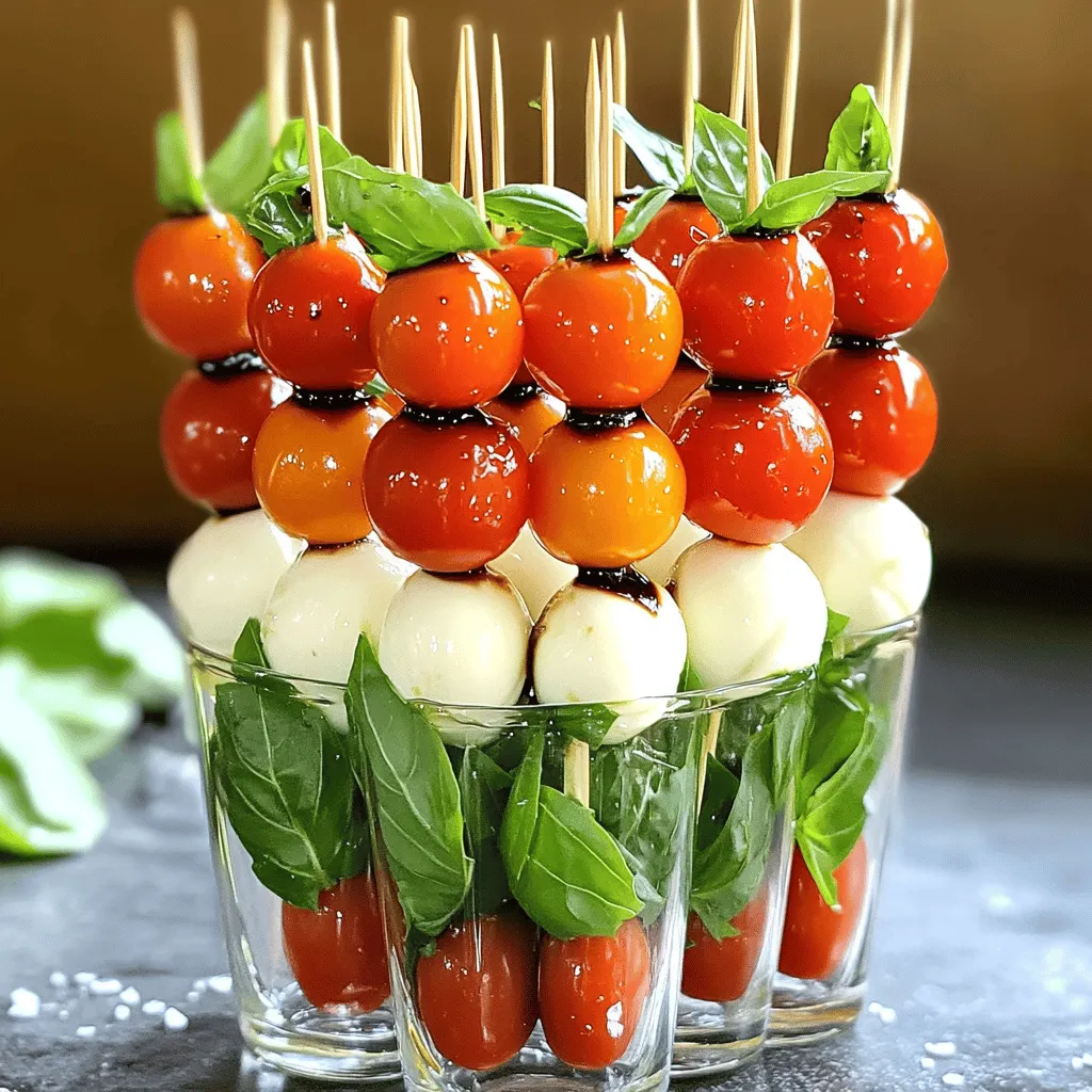 To create your Easy Caprese Skewers, you'll need a few simple, fresh ingredients. Here’s what to gather: - 1 pint cherry tomatoes - 8 oz fresh mozzarella balls (bocconcini) - Fresh basil leaves - 2 tablespoons balsamic glaze - 1 tablespoon extra virgin olive oil - Salt and pepper to taste - Skewers (4 to 6 inches in length) Each ingredient plays a key role in this dish. The cherry tomatoes bring a sweet burst of flavor, while the mozzarella adds creaminess. Fresh basil gives a bright, aromatic note. Balsamic glaze adds a tangy finish, and the olive oil enriches the overall taste. Salt and pepper enhance the flavors, making them pop. Using fresh ingredients is vital for the best taste. I always choose ripe tomatoes and high-quality mozzarella. This ensures your skewers are not just easy to make but also delicious. You can find all these items at your local market or grocery store. For the complete preparation, check out the Full Recipe. Enjoy making these delightful skewers! 1. Washing and drying the ingredients: Start with fresh cherry tomatoes and basil. Rinse them under cold water to remove any dirt. Use a paper towel to pat them dry. This step is key for taste and texture. 2. Assembling the skewers: order of ingredients: Grab your skewers. Thread one cherry tomato on the skewer first. Next, add a basil leaf. Follow that with a mozzarella ball. Repeat this pattern until the skewer is full. Leave some space at each end for easy handling. Aim for two to three sets per skewer for balance. 3. Drizzling with olive oil and balsamic glaze: Once your skewers are ready, place them on a nice serving platter. Drizzle with extra virgin olive oil. Add balsamic glaze for a sweet touch. This adds flavor and makes them look beautiful. Sprinkle salt and pepper to enhance the taste. - Plating techniques for presentation: To impress your guests, stand the skewers in a tall glass or a small jar filled with fresh basil. This creates a stunning display. You can also drizzle more balsamic glaze on the plate for extra flair. - Ideal serving temperature: Serve your skewers right away for the best taste. They can sit in the fridge for an hour if needed. The flavors will blend nicely, but they taste best fresh! Enjoy these Easy Caprese Skewers as a quick and tasty appetizer that everyone will love. For the complete recipe, check out the Full Recipe. - Choosing the right mozzarella and tomatoes: Use fresh, high-quality mozzarella balls, like bocconcini. Select ripe cherry tomatoes for the best flavor. Look for tomatoes that are firm but slightly soft to touch. - Optimal seasoning suggestions: A drizzle of extra virgin olive oil adds richness. Use balsamic glaze for sweetness and acidity. Don’t forget a pinch of salt and pepper to enhance the flavors. - How to avoid common assembly mistakes: Make sure to thread the ingredients tightly but leave space at each end. This helps when serving. Don’t overcrowd the skewer; aim for 2-3 sets of each item. - Creative serving ideas: Place skewers in a tall glass or jar filled with fresh basil. This not only looks nice but also keeps them upright. You can also lay them across a platter for a casual setting. - Garnishing for a polished look: Drizzle extra balsamic glaze on the plate to create a beautiful design. You can add a few fresh basil leaves around the skewers for a pop of color. Enjoy these tips as you prepare your Easy Caprese Skewers! For a detailed guide, check out the Full Recipe. {{image_2}} You can play with the Easy Caprese Skewers by using different cheeses. Instead of mozzarella balls, try feta or goat cheese. These cheeses add a unique flavor that pairs well with tomatoes and basil. You can also add seasonal vegetables to the skewers. Cherry peppers, zucchini, or even grilled eggplant work great. These veggies add color and taste. They make the skewers more filling and fun. If you need vegetarian options, rest easy. The basic recipe is already vegetarian. Just skip the cheese if you're dairy-free. For gluten-free eaters, these skewers are perfect! They have no bread or grains. If you're avoiding dairy, choose vegan cheese or skip it entirely. Feel free to explore and make these skewers your own! For the full recipe, check out the Easy Caprese Skewers section. To keep your Easy Caprese Skewers fresh, store them in the fridge. Place them in a sealed container to avoid moisture loss. You can also cover them with plastic wrap. This keeps the flavors intact and the ingredients fresh. I don’t recommend freezing these skewers. The moisture in the tomatoes and cheese can change their texture. Freezing might make them mushy when thawed. It’s best to enjoy them fresh! In the fridge, these skewers last about 2 days. After that, the ingredients lose their crispness and flavor. Watch for signs of spoilage. If the tomatoes look wrinkled or the cheese feels slimy, it’s time to toss them. Fresh basil will also turn brown and wilt. Always trust your senses when checking food! How long do Easy Caprese Skewers take to make? Easy Caprese skewers take just 10 minutes to make. You can wash, assemble, and serve them in no time. This quick prep makes them perfect for busy days or last-minute guests. Can I make them ahead of time? Yes, you can make these skewers ahead of time. Assemble them an hour before your event. Just keep them in the fridge. This gives the flavors a chance to mix nicely. What can I pair with Caprese skewers for a party? Caprese skewers pair well with a variety of foods. Try serving them with crusty bread or charcuterie. You can also add dips like pesto or hummus for more flavor. Fresh fruit, like melon or berries, makes a nice contrast too. Check out the Full Recipe for more ideas! Easy Caprese Skewers are simple to make and tasty to enjoy. You start with fresh ingredients like cherry tomatoes and mozzarella, then follow easy steps to put them together. Remember to choose the best produce and add your favorite seasonings. These skewers are versatile. You can customize them for different diets and store any leftovers properly. Enjoy making them for any occasion. With these tips and ideas, your Caprese skewers will impress everyone!