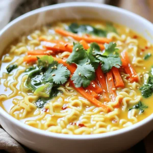 - 200g ramen noodles - 1 can (400ml) coconut milk - 1 tablespoon red curry paste - 1 medium onion, sliced - 3 cloves garlic, minced - 1 tablespoon ginger, grated - 1 medium carrot, julienned - 1 red bell pepper, sliced - 1 cup baby spinach - Fresh cilantro - Sliced chili - Sesame seeds - Lime wedges Coconut curry ramen uses simple yet bold ingredients. You start with ramen noodles. They create a hearty base. Coconut milk adds creaminess and a tropical twist. Red curry paste brings heat and flavor. Next, you have the veggies. Onion, garlic, and ginger form a fragrant trio. They wake up your senses. Carrots and red bell peppers add color and crunch. Baby spinach offers a fresh touch and bright green hue. For optional toppings, fresh cilantro adds a burst of flavor. Sliced chili gives extra heat. Sesame seeds bring a nice crunch. Lime wedges finish the dish with a zing. This recipe blends flavors for a warm and tasty meal. You can find the full recipe at the beginning. Enjoy crafting your coconut curry ramen! To start, bring a pot of water to a boil. Add the ramen noodles and cook them for about 3 to 4 minutes. Make sure to check the package for exact times. Once cooked, drain the noodles and set them aside. This helps keep them firm and ready for your coconut curry. In a large pan, heat 1 tablespoon of olive oil over medium heat. Add 1 sliced onion and sauté until it turns translucent, which takes about 5 minutes. Next, stir in 3 minced garlic cloves and 1 tablespoon of grated ginger. Cook them for 1 to 2 minutes until they become fragrant. After that, mix in 1 tablespoon of red curry paste. Stir well for another minute. This step is crucial to developing rich flavors. Now, slowly pour in 1 can of coconut milk and 2 cups of vegetable broth. Stir until everything blends nicely. Toss in 1 cup of julienned carrots and 1 sliced red bell pepper. Bring the mix to a gentle simmer and cook for about 5 to 7 minutes. You want the veggies to be tender but still crisp. After that, add 1 cup of baby spinach, 1 teaspoon of soy sauce, and 1 tablespoon of lime juice. Cook for another minute until the spinach wilts. Finally, gently fold in the cooked ramen noodles. Make sure they are well coated in the delicious coconut curry broth. You can find the full recipe in the earlier section. To make your coconut curry ramen shine, you can adjust the spice levels. Start with one tablespoon of red curry paste. Taste it, then add more if you like it spicier. You can also add a pinch of chili flakes for extra heat. Adding acidity brightens the dish. Lime juice is perfect for this. A tablespoon adds a zesty kick. If you want more, squeeze in extra lime juice. This balances the creaminess of the coconut milk. The broth should be rich and smooth. If it feels too thin, you can thicken it. A cornstarch slurry works well for this. Mix one tablespoon of cornstarch with two tablespoons of water. Stir it into the broth and simmer until it thickens. You might need to adjust the broth with extra liquid. If it gets too thick, add more vegetable broth or water. This keeps the ramen from being dry. Garnishing makes your dish look inviting. Fresh cilantro adds color and flavor. Scatter it on top just before serving. Consider serving the ramen in deep bowls. This helps hold the broth and toppings. You can also add optional toppings. Sliced chili gives heat, while sesame seeds add crunch. Lime wedges on the side make it easy to add more zing. For the full recipe, check out the [Full Recipe]. {{image_2}} You can add protein to your Coconut Curry Ramen to make it heartier. Adding chicken is a great choice. Simply cook diced chicken in the pan before adding the curry paste. This will help infuse the chicken with flavor. If you prefer plant-based options, tofu works well too. Just cube the tofu and sauté it until golden. Shrimp or fish can also elevate your dish. For shrimp, add them after the vegetables. They cook quickly and add a nice touch. If you want to use fish, choose a firm type like salmon. Cook it gently to keep it flaky and tender. Coconut Curry Ramen can easily fit into vegan and gluten-free diets. To make it vegan, simply skip any animal proteins. Use tofu or just focus on the vibrant veggies. You can also swap out the soy sauce for a gluten-free alternative. Tamari is a good choice here. When it comes to noodles, traditional ramen includes wheat. You can use rice noodles instead. They work well with the coconut curry and keep the dish gluten-free. Always check the labels to ensure your noodles meet your dietary needs. Exploring different flavors is part of the fun with Coconut Curry Ramen. You can try various curry pastes to change the taste. Green curry paste offers a fresh and herbaceous note, while yellow curry paste is milder and sweeter. Switching up the vegetables adds new flavors too. Try adding bok choy, mushrooms, or even sweet potatoes. These vegetables not only provide great taste but also add color and nutrition. With these variations, you can make this dish your own. For the complete Coconut Curry Ramen experience, check out the Full Recipe. After you enjoy your Coconut Curry Ramen, store any leftovers in an airtight container. This keeps the dish fresh and prevents odors. It's best to eat the leftovers within three days. This way, you can enjoy the flavors without losing quality. When you want to warm up your ramen, use a pot on low heat. Stir gently to avoid breaking the noodles. You can also use the microwave, but cover the bowl to prevent splatters. Heat for a minute, then stir and check. Be careful not to overcook the noodles. Overcooked noodles turn mushy, and that ruins the dish. If you want to freeze your ramen, portion it into small containers. This makes it easy to thaw just what you need later. To thaw, place the container in the fridge overnight. When you're ready to enjoy it, reheat in a pot, adding a bit of broth if needed. This helps bring back the creamy texture of the sauce. Enjoy your meal again with that bold flavor! For the full recipe, check the recipe section. Coconut curry ramen is a warm, comforting bowl of noodles. It combines classic ramen with rich coconut milk and spicy red curry. The dish blends traditional Japanese ramen with Thai flavors. This fusion creates a unique taste that excites your palate. Making coconut curry ramen is quick and easy. The prep time is about 15 minutes. Cooking takes around 15 minutes, bringing the total to about 30 minutes. You can enjoy a delicious meal in no time. Yes, you can prepare coconut curry ramen ahead of time. Store the broth and noodles separately. This keeps the noodles from getting soggy. When you're ready to eat, just heat the broth and add the noodles. Enjoy the same great taste later! Coconut Curry Ramen is a simple yet flavorful dish. You learned about the main ingredients, steps to cook, and how to add your twist. Remember to experiment with proteins and spices to find your perfect flavor. Store leftovers well to enjoy this dish later. Making it ahead of time can save you effort on busy days. Now you have all the tools to create a delicious bowl. Enjoy your cooking adventure!