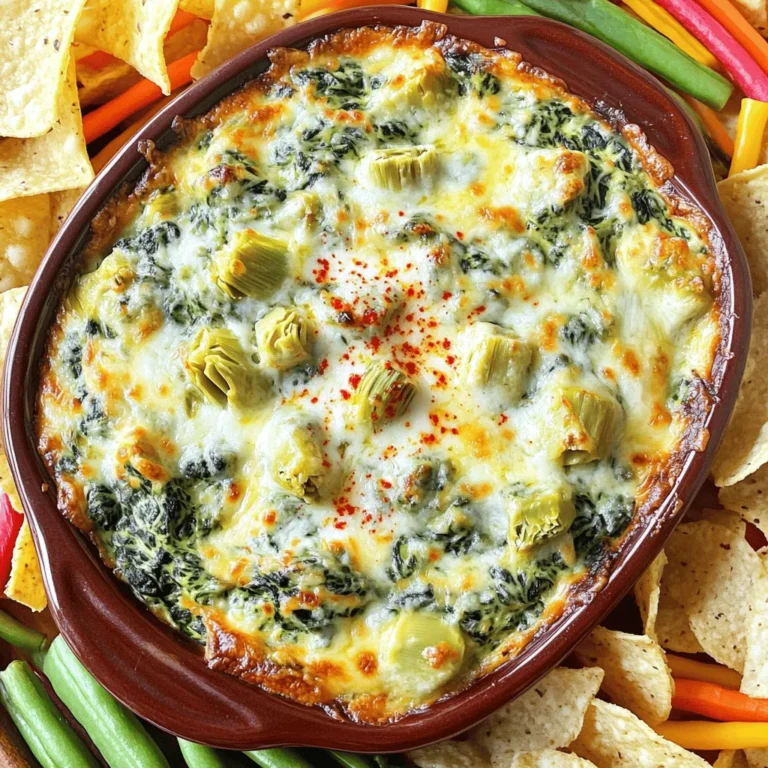 To make creamy spinach artichoke dip, gather these simple ingredients: - 1 cup frozen spinach, thawed and drained - 1 cup canned artichoke hearts, drained and chopped - 1 cup cream cheese, softened - 1/2 cup sour cream - 1/2 cup mayonnaise - 1 cup shredded mozzarella cheese - 1/2 cup grated Parmesan cheese - 2 cloves garlic, minced - 1 teaspoon onion powder - Salt and black pepper to taste - Optional: Red pepper flakes for heat If you can’t find frozen spinach, fresh spinach works well too. Just sauté it until wilted before using. For canned artichokes, you can use frozen ones if you prefer. If you want a lighter version, consider Greek yogurt instead of sour cream. To prepare this dip, you need: - A large mixing bowl - A spatula for mixing - A baking dish to cook the dip - An oven to bake it This dip is quick and easy to make with common kitchen tools. The creamy texture and rich flavors will impress your guests. For the full recipe, check out the complete guide. 1. First, preheat your oven to 350°F (175°C). This makes the dip bake evenly. 2. In a large bowl, mix the cream cheese, sour cream, and mayonnaise. Use a spatula to blend until smooth. 3. Next, add minced garlic, onion powder, salt, and black pepper. Stir well and taste. Adjust the seasoning if needed. 4. Now, fold in the thawed spinach and chopped artichoke hearts gently. Make sure they are evenly mixed. 5. Add the shredded mozzarella and grated Parmesan cheese to the bowl. Mix everything until combined. 6. Transfer the mixture to a baking dish. Spread it out evenly for even cooking. 7. If you like heat, sprinkle red pepper flakes on top. This is optional but tasty! - Baking: Place the dip in the preheated oven. Bake for 25-30 minutes. Look for it to be bubbly and lightly golden on top. - Stovetop: If you prefer, you can heat it on medium-low in a skillet. Stir often to prevent burning until it’s hot and creamy. While I can’t provide images here, imagine a smooth, creamy mixture after blending. Picture the vibrant green spinach and artichoke mixed in. When baking, you'll see it bubble and turn golden, creating a mouth-watering sight. For the Full Recipe, refer to the list above to gather all your ingredients and ensure a successful dip. To make creamy spinach artichoke dip, start with good ingredients. Use fresh spinach instead of frozen for a bright taste. Always drain the spinach well to avoid watery dip. Mix cream cheese, sour cream, and mayonnaise until smooth. This helps to create a rich base. Fold in garlic and onion powder for flavor. When adding artichokes, chop them small for even distribution. Don’t forget the cheese! Use both mozzarella and Parmesan for a nice blend. One big mistake is not draining the spinach or artichokes enough. This can make your dip runny. Another issue is overbaking it. Keep an eye on the dip in the oven. If it browns too much, it can become dry. Avoid using low-fat cream cheese; it won’t melt as well. Lastly, skipping the seasoning can lead to bland flavor. Always taste as you go. For the best flavor, use fresh garlic and a pinch of nutmeg. Nutmeg adds warmth without being too bold. You can also sprinkle red pepper flakes on top for some heat. For texture, mix gently but well to keep the dip creamy. Serve it hot with crunchy chips or veggies for contrast. If you want a twist, try adding bacon or herbs like thyme. This dip is so versatile; the possibilities are endless! If you're ready to whip up this delicious dip, check out the Full Recipe for all the details! {{image_2}} Want to add some heat? Try making a spicy version of this dip. You can mix in red pepper flakes or diced jalapeños. Both options give a nice kick. Adjust the amount based on your taste. If you love spicy food, go for it! This adds warmth and excitement to each bite. If you need a dairy-free or vegan dip, I have great news! You can swap dairy ingredients for plant-based ones. Use vegan cream cheese, coconut yogurt, and cashew cheese. These alternatives work well and keep the flavors intact. You won’t miss the dairy, and everyone can enjoy this tasty dip. For a twist, think about adding extra flavors. Crumbled bacon adds a savory touch that many people love. Fresh herbs like basil or parsley brighten up the dish. You could even add sun-dried tomatoes for a sweet and tangy burst. Each add-in brings a new layer of flavor, making your dip unique and special. Check out the Full Recipe to explore all the possibilities! To keep your creamy spinach artichoke dip fresh, place it in an airtight container. Make sure to let it cool to room temperature first. Then, seal the container tightly. Store it in the fridge for up to three days. This way, you can enjoy the dip later without losing its yummy flavor. When you're ready to eat the leftover dip, preheat your oven to 350°F (175°C). Transfer the dip to a baking dish if it’s not already in one. Cover it with foil to keep it moist. Bake for about 15-20 minutes until it is hot and bubbly. You can also microwave it in short bursts, stirring in between. Just be careful not to overheat it, or it may dry out. If you want to save the dip for longer, freezing is a great option. First, let it cool completely. Then, place the dip in a freezer-safe container. Leave some space at the top, as it may expand when frozen. You can freeze it for up to three months. To use, thaw it overnight in the fridge. Reheat as mentioned above, and enjoy your creamy dip again! For the complete recipe, check out the full recipe section. You can serve this dip with many tasty options. I love using tortilla chips. They add a nice crunch. Pita bread also works well; it’s soft and chewy. For a fresh touch, consider sliced veggies like carrots and cucumbers. They bring color and balance. You can even serve it with toasted baguette slices. Each option makes for a great snack or appetizer at your gatherings. Yes, you can! It makes life easier. Just mix all the ingredients as the recipe suggests. Then, cover the dish and place it in the fridge. You can do this a day in advance. When you’re ready to serve, bake it as directed. This way, you’ll have a warm dip ready to enjoy. Once made, spinach artichoke dip lasts about 3 to 5 days in the fridge. Make sure to store it in an airtight container. Before eating it again, check for any off smells. If it smells good, reheat it gently. You want it warm and cheesy again. This dip is best enjoyed fresh, but it still tastes great after a few days! For the full recipe, feel free to check the earlier section. You learned about making creamy spinach artichoke dip in this post. We covered the key ingredients, measurements, and tools you need. I shared step-by-step cooking methods, tips to avoid mistakes, and ways to enhance flavors. We explored fun variations and how to store leftovers properly. Now, you are ready to create a delicious dip. With these details, your dip will impress everyone. Enjoy cooking and sharing your tasty creation!