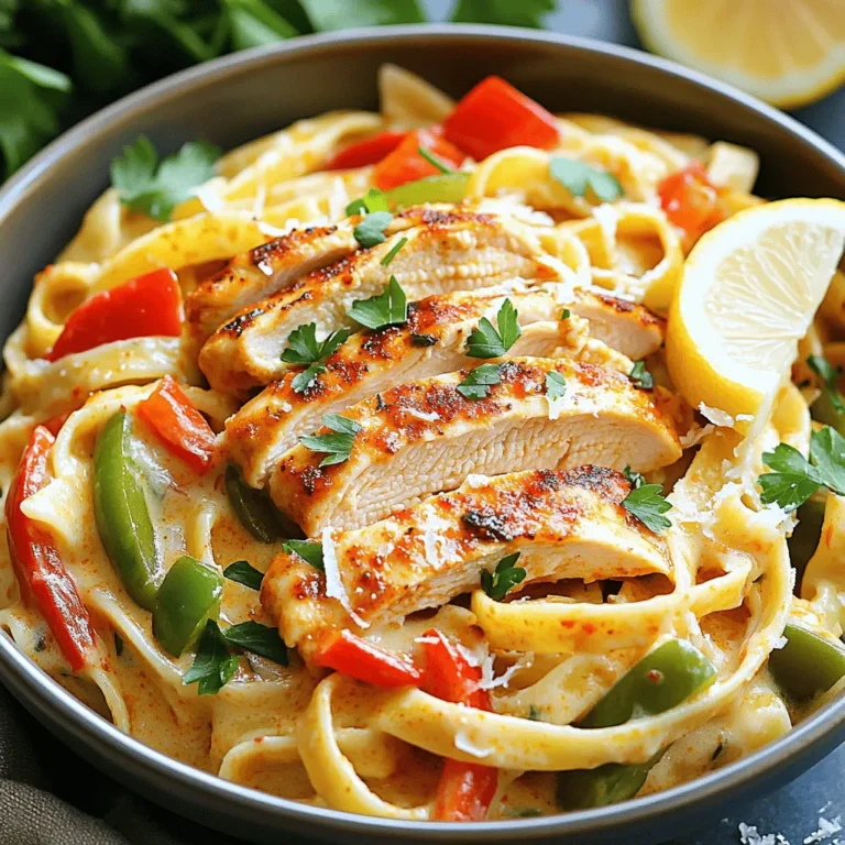 To make Spicy Cajun Chicken Pasta, gather these simple ingredients: - 2 boneless, skinless chicken breasts, sliced - 8 oz fettuccine pasta - 2 tablespoons Cajun seasoning - 1 tablespoon olive oil - 1 red bell pepper, sliced - 1 green bell pepper, sliced - 1 small onion, diced - 3 cloves garlic, minced - 1 cup heavy cream - 1 cup chicken broth - Salt and pepper to taste - Fresh parsley, chopped (for garnish) - Grated Parmesan cheese (for serving) These ingredients combine to create a dish full of flavor. The chicken gives protein, while the peppers add crunch. The heavy cream and chicken broth create a rich sauce. Cajun seasoning brings the spice and warmth that makes this dish stand out. When you cook this dish, use fresh ingredients for the best taste. The colors of the peppers make the pasta look great, too. You can find all these items at your local grocery store. For the full recipe, check out the details above! First, boil water in a large pot. Add a pinch of salt to the water. Once boiling, add 8 oz of fettuccine pasta. Cook it according to the package directions, usually around 8-10 minutes. Stir the pasta occasionally to prevent sticking. Check for doneness by tasting a piece. When it's al dente, drain the pasta in a colander and set it aside. While the pasta cooks, grab a large skillet. Heat 1 tablespoon of olive oil over medium heat. Add 2 sliced boneless, skinless chicken breasts to the skillet. Sprinkle 2 tablespoons of Cajun seasoning, salt, and pepper onto the chicken. Cook for about 6-7 minutes until the chicken is browned and cooked through. Make sure to stir occasionally. Once done, remove the chicken from the skillet and set it aside. In the same skillet, add 1 diced onion. Sauté it for 3 minutes until it turns translucent. Then, toss in 3 minced garlic cloves and cook for 1 minute until fragrant. Next, add 1 sliced red bell pepper and 1 sliced green bell pepper. Cook them for about 5 minutes until they soften. Pour in 1 cup of chicken broth, bringing it to a simmer for 3-4 minutes. This will reduce the broth slightly. Stir in 1 cup of heavy cream and let it simmer for 2-3 minutes, stirring often until it thickens a bit. Now, return the cooked chicken to the skillet. Mix everything well to heat through. Finally, add the drained fettuccine to the skillet. Toss all the ingredients together until the pasta is coated in the sauce. Adjust the taste with salt and pepper if needed. For a beautiful finish, serve the dish with freshly chopped parsley and a sprinkle of grated Parmesan cheese. For extra zest, add a slice of lemon on the side. Enjoy this delightful Spicy Cajun Chicken Pasta! For the complete recipe, check the Full Recipe section above. To get the best Cajun flavor, use quality Cajun seasoning. You can make your own by mixing paprika, cayenne, garlic powder, and oregano. Adjust the heat to fit your taste. Remember to season the chicken well. It should be coated evenly. When you sauté the veggies, let them get a bit charred. This adds depth to the flavor. Spicy Cajun chicken pasta is great on its own, but you can change it up. Serve it with garlic bread for a comforting meal. A simple side salad can brighten up the dish. You can even use it as a filling for tacos. Just skip the pasta, and add the mix to warm tortillas. Having the right tools makes cooking easier. Use a large skillet that heats evenly. A good knife helps slice the chicken and veggies. A pot for boiling pasta is a must. Don't forget a wooden spoon for stirring. A strainer helps drain the pasta quickly. These tools make the cooking process smooth and fun. For the full recipe, refer back to the beginning of this article. {{image_2}} To make a vegetarian version of Spicy Cajun Chicken Pasta, swap the chicken for veggies. You can use mushrooms, zucchini, or eggplant. These ingredients add texture and flavor. Keep the Cajun seasoning for that spicy kick. Use vegetable broth instead of chicken broth. This keeps the dish rich and tasty without meat. If you love heat, add more spice! Try using extra Cajun seasoning. You can also add red pepper flakes or diced jalapeños. These will give your dish a fiery kick. For a smoky flavor, add smoked paprika. Adjust the spice to your taste, but be careful not to overpower the other flavors. You can substitute chicken with shrimp or sausage. Shrimp cooks quickly and adds a nice touch. Sausage gives a hearty flavor. If you use sausage, slice it and cook it before the vegetables. This helps release its fat and flavor into the dish. You can even mix different proteins for a fun twist! After enjoying your spicy Cajun chicken pasta, let the leftovers cool down. Use an airtight container to keep them fresh. Store the pasta in the fridge for up to three days. Make sure to cover it well to avoid drying out. To reheat, you can use a microwave or a skillet. If using a microwave, place the pasta in a bowl and cover it with a damp paper towel. Heat it for 1-2 minutes, stirring halfway. In a skillet, add a little olive oil over medium heat. Toss the pasta in the skillet for about 5 minutes. This method brings back the creamy sauce and keeps the flavors alive. If you want to save some for later, freezing is a great option. Place the cooled pasta in a freezer-safe container. You can also use freezer bags for easy storage. Make sure to remove as much air as possible. The pasta can stay in the freezer for up to three months. To thaw, move it to the fridge overnight before reheating. For the complete recipe, check out the Full Recipe section. Cajun seasoning is a mix of spices. It usually has paprika, cayenne, garlic powder, and onion powder. This blend gives dishes a warm, spicy flavor. You can buy it or make your own. Making your own lets you adjust the heat. Use the spices you love for a personal touch. Yes, you can use any pasta you like. Fettuccine works well, but penne or rigatoni are great too. Just remember to cook it according to the package instructions. Your pasta choice can change the dish's texture. Try whole wheat or gluten-free pasta for a healthier option. To make Spicy Cajun Chicken Pasta gluten-free, swap regular pasta for gluten-free pasta. Many brands offer gluten-free options, like rice or quinoa pasta. Double-check the Cajun seasoning too. Some blends may contain gluten. Look for a certified gluten-free label to be safe. Enjoy this dish without worry! In this post, I shared how to make a tasty Cajun chicken fettuccine. We covered the needed ingredients, steps for cooking, and tips for perfect flavor. I also suggested variations to suit different diets and showed you how to store leftovers. Cajun chicken fettuccine is simple yet satisfying. This dish brings bold flavors to any meal. Enjoy making it your own!