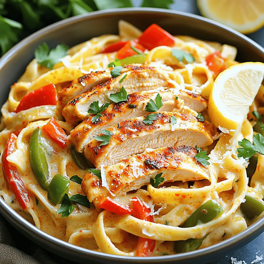 To make Spicy Cajun Chicken Pasta, gather these simple ingredients: - 2 boneless, skinless chicken breasts, sliced - 8 oz fettuccine pasta - 2 tablespoons Cajun seasoning - 1 tablespoon olive oil - 1 red bell pepper, sliced - 1 green bell pepper, sliced - 1 small onion, diced - 3 cloves garlic, minced - 1 cup heavy cream - 1 cup chicken broth - Salt and pepper to taste - Fresh parsley, chopped (for garnish) - Grated Parmesan cheese (for serving) These ingredients combine to create a dish full of flavor. The chicken gives protein, while the peppers add crunch. The heavy cream and chicken broth create a rich sauce. Cajun seasoning brings the spice and warmth that makes this dish stand out. When you cook this dish, use fresh ingredients for the best taste. The colors of the peppers make the pasta look great, too. You can find all these items at your local grocery store. For the full recipe, check out the details above! First, boil water in a large pot. Add a pinch of salt to the water. Once boiling, add 8 oz of fettuccine pasta. Cook it according to the package directions, usually around 8-10 minutes. Stir the pasta occasionally to prevent sticking. Check for doneness by tasting a piece. When it's al dente, drain the pasta in a colander and set it aside. While the pasta cooks, grab a large skillet. Heat 1 tablespoon of olive oil over medium heat. Add 2 sliced boneless, skinless chicken breasts to the skillet. Sprinkle 2 tablespoons of Cajun seasoning, salt, and pepper onto the chicken. Cook for about 6-7 minutes until the chicken is browned and cooked through. Make sure to stir occasionally. Once done, remove the chicken from the skillet and set it aside. In the same skillet, add 1 diced onion. Sauté it for 3 minutes until it turns translucent. Then, toss in 3 minced garlic cloves and cook for 1 minute until fragrant. Next, add 1 sliced red bell pepper and 1 sliced green bell pepper. Cook them for about 5 minutes until they soften. Pour in 1 cup of chicken broth, bringing it to a simmer for 3-4 minutes. This will reduce the broth slightly. Stir in 1 cup of heavy cream and let it simmer for 2-3 minutes, stirring often until it thickens a bit. Now, return the cooked chicken to the skillet. Mix everything well to heat through. Finally, add the drained fettuccine to the skillet. Toss all the ingredients together until the pasta is coated in the sauce. Adjust the taste with salt and pepper if needed. For a beautiful finish, serve the dish with freshly chopped parsley and a sprinkle of grated Parmesan cheese. For extra zest, add a slice of lemon on the side. Enjoy this delightful Spicy Cajun Chicken Pasta! For the complete recipe, check the Full Recipe section above. To get the best Cajun flavor, use quality Cajun seasoning. You can make your own by mixing paprika, cayenne, garlic powder, and oregano. Adjust the heat to fit your taste. Remember to season the chicken well. It should be coated evenly. When you sauté the veggies, let them get a bit charred. This adds depth to the flavor. Spicy Cajun chicken pasta is great on its own, but you can change it up. Serve it with garlic bread for a comforting meal. A simple side salad can brighten up the dish. You can even use it as a filling for tacos. Just skip the pasta, and add the mix to warm tortillas. Having the right tools makes cooking easier. Use a large skillet that heats evenly. A good knife helps slice the chicken and veggies. A pot for boiling pasta is a must. Don't forget a wooden spoon for stirring. A strainer helps drain the pasta quickly. These tools make the cooking process smooth and fun. For the full recipe, refer back to the beginning of this article. {{image_2}} To make a vegetarian version of Spicy Cajun Chicken Pasta, swap the chicken for veggies. You can use mushrooms, zucchini, or eggplant. These ingredients add texture and flavor. Keep the Cajun seasoning for that spicy kick. Use vegetable broth instead of chicken broth. This keeps the dish rich and tasty without meat. If you love heat, add more spice! Try using extra Cajun seasoning. You can also add red pepper flakes or diced jalapeños. These will give your dish a fiery kick. For a smoky flavor, add smoked paprika. Adjust the spice to your taste, but be careful not to overpower the other flavors. You can substitute chicken with shrimp or sausage. Shrimp cooks quickly and adds a nice touch. Sausage gives a hearty flavor. If you use sausage, slice it and cook it before the vegetables. This helps release its fat and flavor into the dish. You can even mix different proteins for a fun twist! After enjoying your spicy Cajun chicken pasta, let the leftovers cool down. Use an airtight container to keep them fresh. Store the pasta in the fridge for up to three days. Make sure to cover it well to avoid drying out. To reheat, you can use a microwave or a skillet. If using a microwave, place the pasta in a bowl and cover it with a damp paper towel. Heat it for 1-2 minutes, stirring halfway. In a skillet, add a little olive oil over medium heat. Toss the pasta in the skillet for about 5 minutes. This method brings back the creamy sauce and keeps the flavors alive. If you want to save some for later, freezing is a great option. Place the cooled pasta in a freezer-safe container. You can also use freezer bags for easy storage. Make sure to remove as much air as possible. The pasta can stay in the freezer for up to three months. To thaw, move it to the fridge overnight before reheating. For the complete recipe, check out the Full Recipe section. Cajun seasoning is a mix of spices. It usually has paprika, cayenne, garlic powder, and onion powder. This blend gives dishes a warm, spicy flavor. You can buy it or make your own. Making your own lets you adjust the heat. Use the spices you love for a personal touch. Yes, you can use any pasta you like. Fettuccine works well, but penne or rigatoni are great too. Just remember to cook it according to the package instructions. Your pasta choice can change the dish's texture. Try whole wheat or gluten-free pasta for a healthier option. To make Spicy Cajun Chicken Pasta gluten-free, swap regular pasta for gluten-free pasta. Many brands offer gluten-free options, like rice or quinoa pasta. Double-check the Cajun seasoning too. Some blends may contain gluten. Look for a certified gluten-free label to be safe. Enjoy this dish without worry! In this post, I shared how to make a tasty Cajun chicken fettuccine. We covered the needed ingredients, steps for cooking, and tips for perfect flavor. I also suggested variations to suit different diets and showed you how to store leftovers. Cajun chicken fettuccine is simple yet satisfying. This dish brings bold flavors to any meal. Enjoy making it your own!