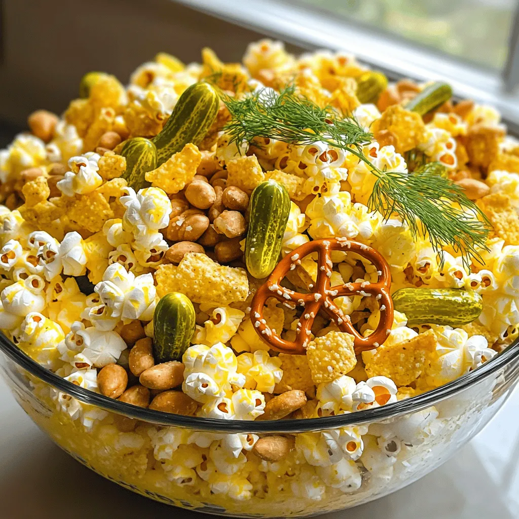 - 4 cups popped popcorn (about 1/2 cup kernels) - 1 cup dill pickle chips, chopped - 1 cup mini pretzels - 1/2 cup roasted salted peanuts These ingredients give your snack mix the right crunch. The popped popcorn is light and fluffy. Dill pickle chips add tangy flavor. Mini pretzels bring a salty crunch. Roasted salted peanuts add a nutty touch. - 1/4 cup ranch seasoning mix - 1 tablespoon pickle juice - 2 tablespoons olive oil - 1 teaspoon garlic powder - Salt to taste This dressing makes the mix burst with flavor. Ranch seasoning adds creaminess and herbs. Pickle juice gives a zesty kick. Olive oil helps all the flavors stick. Garlic powder adds depth, and salt enhances everything. - Fresh dill fronds - Additional toppings or variations Garnishes can make your mix look great. Fresh dill fronds add color and a fresh taste. You can also try other toppings, like cheese or spices, for fun twists. For the full recipe, check out the complete list of ingredients and steps! To pop the popcorn, you can use a large pot or a popcorn maker. If using a pot, heat it over medium heat. Add your popcorn kernels, covering with a lid. Shake the pot gently to keep the kernels moving. This helps avoid burning. In about 3-5 minutes, the popcorn will start popping. Once it stops popping, remove it from heat. Transfer the popcorn to a large bowl. Check for unpopped kernels and remove them. This will keep your mix crunchy and enjoyable. Next, we make the dressing. In a small bowl, combine olive oil, pickle juice, garlic powder, and ranch seasoning. Use a whisk to mix everything well. The olive oil gives a nice base, while pickle juice adds that tangy flavor. Garlic powder brings depth, and ranch seasoning ties it all together. Make sure to mix until you see no lumps. This will coat the popcorn nicely. Now comes the fun part—mixing it all! Start by adding the popped popcorn to a large bowl. Then, toss in the chopped dill pickle chips, mini pretzels, and roasted peanuts. Each ingredient adds its own crunch and flavor. Drizzle the dressing over the mix. Use a large spatula or clean hands to gently toss everything together. Ensure every piece is coated well. You can taste the mix and add salt if you want more flavor. Allow it to sit for 15-20 minutes. This lets the flavors blend. For a tasty touch, garnish with fresh dill fronds before serving. You can find the Full Recipe for more details on ingredients and steps. To boost your pickle popcorn snack mix, you can add more salt or spices. Try different seasonings like paprika or cayenne for a kick. If you love garlic, add more garlic powder. Tasting as you mix helps you find the right balance. Remember, each ingredient adds its own flavor. For a fun presentation, use clear glass bowls. This shows off the mix's colors and textures. You can also place small scoops for easy serving. If you want to impress guests, garnish with fresh dill fronds. They add a touch of green and enhance the pickle flavor. Serve it at parties, game nights, or movie marathons. To keep your snack mix fresh, store it in an airtight container. This helps prevent the popcorn from getting stale. If you have extra, try to consume it within a week for the best taste. If it loses its crunch, you can briefly bake it on a tray at a low temperature. This brings back its crispness. Enjoy your pickle popcorn snack mix anytime! For the full recipe, check out the Pickle Popcorn Snack Mix section above. {{image_2}} You can change up the popcorn flavor for fun. Try white cheddar or caramel popcorn. Each kind brings a new taste. If you like crunch, use different nuts or seeds. Almonds or sunflower seeds can add great texture. You can mix and match to find your favorite blend. If you need gluten-free options, look for gluten-free pretzels. Many brands make them that taste just as good. For a vegan twist, use a plant-based ranch seasoning. There are many options on the market that work well. Adding dried fruits can bring sweetness to your mix. Raisins or cranberries work nicely. You can also add some crunchy veggies. Think about tossing in small pieces of bell pepper or carrot. They will add color and extra flavor to your snack mix. Try these ideas to make your pickle popcorn snack mix your own. Check out the Full Recipe for all the tasty details! To keep your pickle popcorn snack mix fresh, choose the right container. I recommend using an airtight container. Glass jars or plastic bins work well. Make sure the container seals tightly to keep out air. Store your mix in a cool, dry place. Avoid direct sunlight and heat. This helps maintain its crunch and flavor. Homemade pickle popcorn snack mix can last up to two weeks. After that, the texture may change. It’s best to eat it fresh for the best flavor. If your snack mix loses its crunch, don’t worry! You can easily refresh it. Preheat your oven to 300°F (150°C). Spread the mix on a baking sheet. Bake for 5-10 minutes. This will help bring back the crispiness. Enjoy your perfect crunch again! Yes, you can use different types of pickles. Sweet pickles add a nice contrast to the salty snacks. They bring a fun twist to the mix. Sour pickles can also work well, enhancing the tangy flavor. You can try bread and butter pickles too. Each type of pickle changes the taste. So, feel free to experiment and find your favorite. This snack mix is kid-friendly, but it depends on taste. Some kids love pickles; others may not. The mix has crunchy pretzels and popcorn, which most kids enjoy. To make it more appealing, focus on the fun textures. You can also adjust the flavor by using less ranch seasoning for a milder taste. Let the kids help mix it for added fun! You can find pre-made pickle popcorn snack mix at local stores. Brands like Popcornopolis and others often have unique flavors. You might also check online for specialty snacks. Many websites sell gourmet snacks, including pickle popcorn. If you want to try before you make it, look for these brands in stores or online. In this article, we explored how to create a tasty pickle popcorn snack mix. You learned about key ingredients like popcorn, dill pickles, and roasted peanuts. I shared simple steps to prepare the mix and tips to enhance its flavor. Customizing the recipe makes it fun for everyone, even kids! Remember, fresh storage keeps your mix crunchy. This snack is easy to make and enjoyable for any gathering. Dive in and try your own versions!