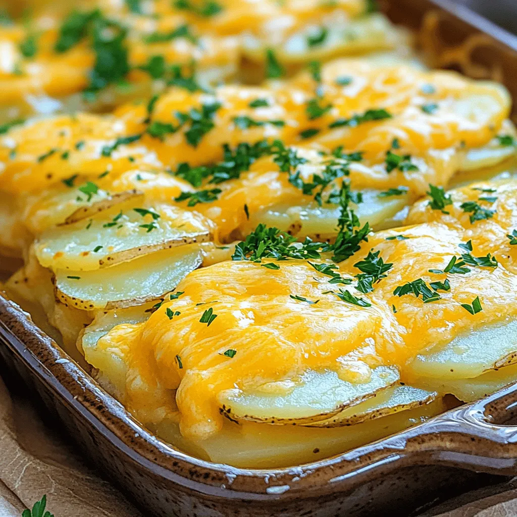 - 4 large russet potatoes, peeled and thinly sliced - 2 cups shredded sharp cheddar cheese - 1 cup heavy cream - 1 cup milk - 4 tablespoons unsalted butter - 3 tablespoons all-purpose flour - 1 teaspoon garlic powder - 1 teaspoon onion powder - Salt and pepper to taste - 1/2 teaspoon paprika (optional) - Fresh parsley, chopped for garnish Let’s talk about these ingredients. You start with russet potatoes because they are starchy. This makes them soft and creamy when cooked. Sharp cheddar cheese gives a strong flavor that works well with the cream. Heavy cream and milk create a rich, smooth sauce. Butter adds a lovely taste and helps brown the top. Flour thickens the sauce, giving it a nice texture. Garlic and onion powders add flavor without overpowering the dish. Salt and pepper balance the taste, while paprika can give a bit of color and warmth. If you don’t have cheddar cheese, try Gruyere or Monterey Jack. They melt well and taste nice too. For milk, almond milk or oat milk can work as non-dairy options. If you want a lighter dish, you can use half-and-half instead of heavy cream. Each serving of Cheesy Scalloped Potatoes has about 350 calories. It also has good fats and carbs from the potatoes. This dish is vegetarian but not gluten-free due to the flour. Keep this in mind if you have dietary needs. For the full recipe, check out the details above. First, preheat your oven to 375°F (190°C). This step is key for even cooking. While the oven heats, grease a 9x13-inch baking dish. I like to use butter for a rich flavor. Next, let’s make the roux. In a medium saucepan, melt 4 tablespoons of unsalted butter over medium heat. Once melted, add 3 tablespoons of all-purpose flour. Whisk continuously for about 1-2 minutes until it forms a smooth paste. This is your roux. Now, slowly pour in 1 cup of heavy cream and 1 cup of milk while whisking. This helps to avoid lumps. Keep whisking until the mixture thickens, about 4-5 minutes. Once thick, stir in 1 teaspoon each of garlic powder and onion powder, plus salt and pepper to taste. If you want, add 1/2 teaspoon of paprika for a hint of spice. Remove the saucepan from heat. Now, let’s layer the potatoes. Start by placing half of the sliced potatoes at the bottom of the greased baking dish. Next, sprinkle half of the 2 cups of shredded sharp cheddar cheese over the potatoes. Pour half of your cream mixture over the potatoes and cheese. This layering is important. It helps the flavors to mix well as they cook. Repeat this step with the remaining potatoes, cheese, and cream mixture. Be sure to spread the ingredients evenly. This ensures every bite is cheesy and creamy. Cover your baking dish with aluminum foil. This keeps the moisture in and helps the potatoes cook through. Bake in the preheated oven for 45 minutes. After 45 minutes, remove the foil. Bake for another 15-20 minutes. You’ll know it’s ready when the top is golden brown. Check if the potatoes are tender by piercing them with a fork. If it slides in easily, you are good to go! Let the dish cool for about 10 minutes before serving. This cooling time helps the layers set. You can garnish with fresh chopped parsley for a nice touch. For the full recipe, check out the link provided. Enjoy your cheesy scalloped potatoes! To make Cheesy Scalloped Potatoes perfectly, follow these tips. First, cut the potatoes evenly. This helps them cook well. Thinner slices cook faster and absorb more flavor. Next, avoid skipping the roux. This step gives your dish a creamy texture. If you don’t whisk enough, you may end up with lumps. Finally, let the dish rest after baking. This helps it set and makes serving easier. To enhance the flavor of your Cheesy Scalloped Potatoes, try adding herbs or spices. Fresh thyme or rosemary can add a nice touch. If you like a kick, sprinkle in some red pepper flakes. Layering is also key for texture. Alternate between cheese and potatoes, and try different cheeses. Gruyere or mozzarella can add depth. You could even mix in some sautéed onions or mushrooms for added flavor. Pair your Cheesy Scalloped Potatoes with simple sides. Roasted vegetables or a fresh salad work well. You can also serve them alongside grilled chicken or steak for a hearty meal. For presentation, use individual ramekins or a large serving dish. Drizzle a little extra cream over the top just before serving. Sprinkle with fresh parsley for a pop of color. This makes the dish look as good as it tastes! For the full recipe, check out the details above. {{image_2}} You can add meats to your cheesy scalloped potatoes. Ham or crispy bacon gives a nice flavor. Just chop the meat and layer it with the potatoes. The saltiness of the meat complements the creamy sauce well. Using different cheeses can also change the taste. Try gouda or fontina for a new twist. Mixing cheeses can create a deeper flavor profile. You can even use a spicy cheese for extra kick! If you want a vegan option, use plant-based milk and cheese. Coconut milk works great for creaminess. You can also try cashew cream for a rich texture. For those watching carbs, swap potatoes for cauliflower. Cauliflower gives the same comfort but with fewer carbs. Layer it just like you would with potatoes. Incorporating seasonal vegetables can add a fun twist. Use spinach, kale, or roasted squash for added flavor. These veggies not only taste good but also boost nutrition. Consider pairing flavors with the season. In fall, add nutmeg or sage for warmth. In spring, fresh herbs like chives can brighten the dish. This keeps your cheesy scalloped potatoes fresh and exciting. For the full recipe, check out the details above. To store Cheesy Scalloped Potatoes, let the dish cool first. Place them in an airtight container. Glass or plastic containers work well. Make sure to seal them tightly. This helps keep the flavors fresh and prevents drying out. When reheating, you want to keep that creamy texture. The best way is to use an oven. Preheat it to 350°F (175°C). Place the potatoes in a baking dish, cover with foil, and heat for about 20 minutes. You can also use a microwave, but it may not keep the texture as good. If you want to freeze them, use a freezer-safe container. Just be sure to leave some space for expansion. They can last up to three months in the freezer. In the fridge, Cheesy Scalloped Potatoes last for about three to five days. Always check for signs of spoilage. If you see mold or an off smell, it's time to toss them. Keeping the potatoes stored correctly helps you enjoy them longer. What's the difference between gratin and scalloped potatoes? Gratin and scalloped potatoes are close cousins. Gratin often has cheese on top, while scalloped potatoes do not. Both use cream and layers of potatoes. Can Cheesy Scalloped Potatoes be made ahead of time? Yes, you can prepare Cheesy Scalloped Potatoes in advance. Just assemble the dish and cover it. Store it in the fridge for one day. Bake it when you are ready to serve. How do you prevent the potatoes from browning before cooking? To keep potatoes from browning, you can soak them in cold water. This stops oxidation. You can also sprinkle lemon juice on the sliced potatoes for extra protection. Why are my scalloped potatoes watery? If your scalloped potatoes are watery, it may be from too much liquid. Ensure you measure cream and milk correctly. Also, try using drier potatoes or less liquid next time. What to do if the top isn't browning? If the top of your dish isn’t browning, increase the oven temperature to 400°F (200°C). You can also broil it for a few minutes. Keep an eye on it to avoid burning. Can I use frozen potatoes? You can use frozen potatoes, but they may not cook as evenly. Thaw them first and pat dry. This helps with texture and prevents excess moisture. What's the best type of cheese to use for flavor? Sharp cheddar cheese is the best choice for flavor. It melts well and adds a rich taste. You can mix in other cheeses like Gruyère for added depth. For more details, check the Full Recipe. In this post, we explored how to make delicious cheesy scalloped potatoes. You learned about key ingredients, substitutions, and the nutritional aspects of this dish. We also covered step-by-step instructions to ensure perfect layers and baking times. Tips for success and variations add creative flair to your dish. These potatoes can be a hearty side or a main meal. With proper storage and reheating tips, leftovers can remain tasty. Enjoy crafting your own version of this classic recipe, and impress your family and friends!