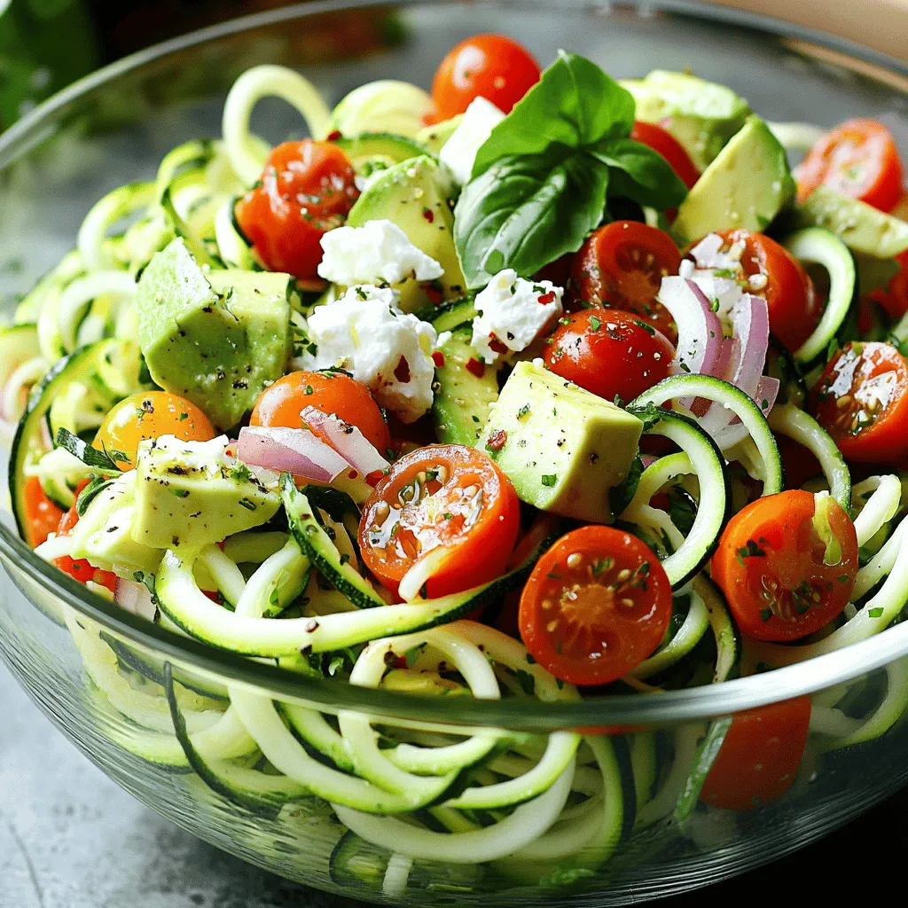 - 3 medium zucchinis - 1 cup cherry tomatoes - 1/2 red bell pepper - 1/4 cup red onion - 1 avocado - 1/4 cup feta cheese - 1/4 cup fresh basil leaves - 2 tablespoons olive oil - 1 tablespoon lemon juice - 1 teaspoon garlic powder - Salt and pepper to taste - Optional: Red pepper flakes for added spice For this salad, I focus on fresh, vibrant ingredients. Zucchini noodles are the star. They offer a light, crunchy base. I use medium zucchinis, as they are tender and easy to spiralize. Cherry tomatoes add sweetness. Halving them brightens the dish. I love the crunch of red bell pepper. It gives color and texture. The red onion adds a sharp bite. Avocado brings creaminess, making each bite satisfying. Feta cheese adds a salty kick. I crumble it over the top for a nice finish. Fresh basil leaves give a fragrant touch. They enhance the flavor and appearance. For the dressing, I keep it simple yet zesty. Olive oil and lemon juice create a bright flavor. Garlic powder gives depth. Salt and pepper balance everything. If you like spice, add red pepper flakes. This combination of ingredients makes a fresh and flavorful Zucchini Noodle Salad. You can find the Full Recipe above to guide you through the whole process. To make zucchini noodles, you need a spiralizer. Here are my tips: - Choose firm zucchinis: Look for ones that feel heavy and have smooth skin. - Cut the ends: Trim off both ends of the zucchini for even spiralizing. - Use the right settings: Most spiralizers have different blade options. Choose one for thin noodles. You can also prepare other veggies. Slice bell peppers and halve cherry tomatoes. For a fresh crunch, chop some cucumbers. Now that you have your zucchini noodles, it’s time to add the other veggies. - Fill a large bowl: Place the spiralized zucchini in a big mixing bowl. - Add colorful veggies: Toss in the halved cherry tomatoes, diced red bell pepper, chopped red onion, and diced avocado. When mixing, use gentle motions. You want to keep the avocado chunks intact. For a tasty dressing, whisk the ingredients together. Here’s how: - Use a small bowl: Combine olive oil, lemon juice, garlic powder, salt, and pepper. - Whisk well: Use a fork or small whisk to combine until smooth. Taste the dressing. If you like heat, add red pepper flakes for a kick. Now it’s time to serve your beautiful salad. - Choose a clear bowl: This lets everyone see the bright colors of the veggies. - Garnish smartly: Sprinkle crumbled feta cheese and torn basil leaves on top. Drizzle a little olive oil for extra flair. Serve right away or chill for 10 to 15 minutes. This gives the flavors time to blend. For more details, check out the Full Recipe. When picking zucchinis, look for firm ones. They should feel heavy for their size. Check for smooth skin without blemishes. Smaller zucchinis are sweeter and more tender. Aim for zucchinis that are around six to eight inches long. Fresh zucchinis have a glossy finish and vibrant color. To boost flavor, try herbs like basil, parsley, or cilantro. For spices, consider garlic powder, black pepper, or red pepper flakes. Lemon zest can also add a nice zing. Mix and match these to find your favorite taste. A simple dressing of olive oil and lemon juice works wonders. To avoid soggy noodles, salt your zucchini before mixing. Let the salt sit for a few minutes, then drain excess moisture. Use a clean kitchen towel to pat them dry. For chilling, place the salad in the fridge for 10 to 15 minutes before serving. This helps the flavors blend without making the noodles mushy. By following these tips, you can make a zesty zucchini noodle salad that is fresh and full of flavor. For the complete recipe, check out the Full Recipe. {{image_2}} For a vegan twist, you can skip the feta cheese. Instead, try using crumbled tofu or cashew cheese. Both options add creaminess without dairy. You can also add nutritional yeast for a cheesy flavor. This keeps your salad fresh and plant-based. Want to make your salad more filling? Add grilled chicken or shrimp. Both bring great taste and protein to the dish. Simply grill your choice of protein and slice it into bite-sized pieces. Mix it into the salad before serving. This makes for a satisfying meal that will keep you full longer. The dressing can change the whole salad. You can use creamy, tangy, or spicy dressings. A creamy tahini dressing works well for a rich taste. For tangy, try a balsamic vinaigrette. If you love spice, add sriracha or chili oil to your dressing. Each choice will give the salad a new flavor, so don’t be afraid to experiment! For the full recipe, click here to bring this Zucchini Noodle Salad to life! To keep your zucchini noodle salad fresh, refrigerate it right away. Place it in a clean bowl. Cover it tightly with plastic wrap or a lid. This helps prevent air from getting in and keeps the salad crisp. If you add dressing, store it separately. This keeps the noodles from becoming soggy. Use airtight containers for the best storage. Glass containers work great because they are durable and do not stain. Plastic containers can also work well, just ensure they seal tightly. Avoid using metal containers, as they may react with the salad ingredients. When stored correctly, your zucchini noodle salad lasts about three days in the fridge. The salad is best enjoyed fresh, but it can still taste good after a day or two. If you stored the dressing separately, it can last up to a week. Just remember to check for freshness before eating. Yes, you can make Zucchini Noodle Salad ahead of time. It’s great for meal prep! I suggest prepping the veggies and dressing separately. Store the noodles in one container and the dressing in another. This keeps everything fresh. When you're ready to eat, just combine the two. This salad tastes even better after the flavors meld together! If you don’t have zucchinis, you can use other veggies. Try spiralized carrots, sweet potatoes, or cucumbers. These alternatives add different flavors and textures. Each option brings its own unique twist to the dish. You can even mix different veggie noodles for a colorful salad! To avoid soggy noodles, salt your zucchini first. Let them sit for about 10 minutes. This draws out excess moisture. After that, pat them dry with a paper towel. You can also use a spiralizer that creates thicker noodles. Thicker noodles hold up better. Remember to keep the salad cold until serving! Zucchini noodle salad is fresh, easy to make, and full of flavor. We covered the key ingredients, from zucchini to feta, and shared simple steps for preparation. We also explored tips for choosing the best veggies and reducing sogginess. Variations allow you to customize for your taste, while the storage section ensures your leftovers stay tasty. Enjoy experimenting with this salad, knowing it fits any diet and season!