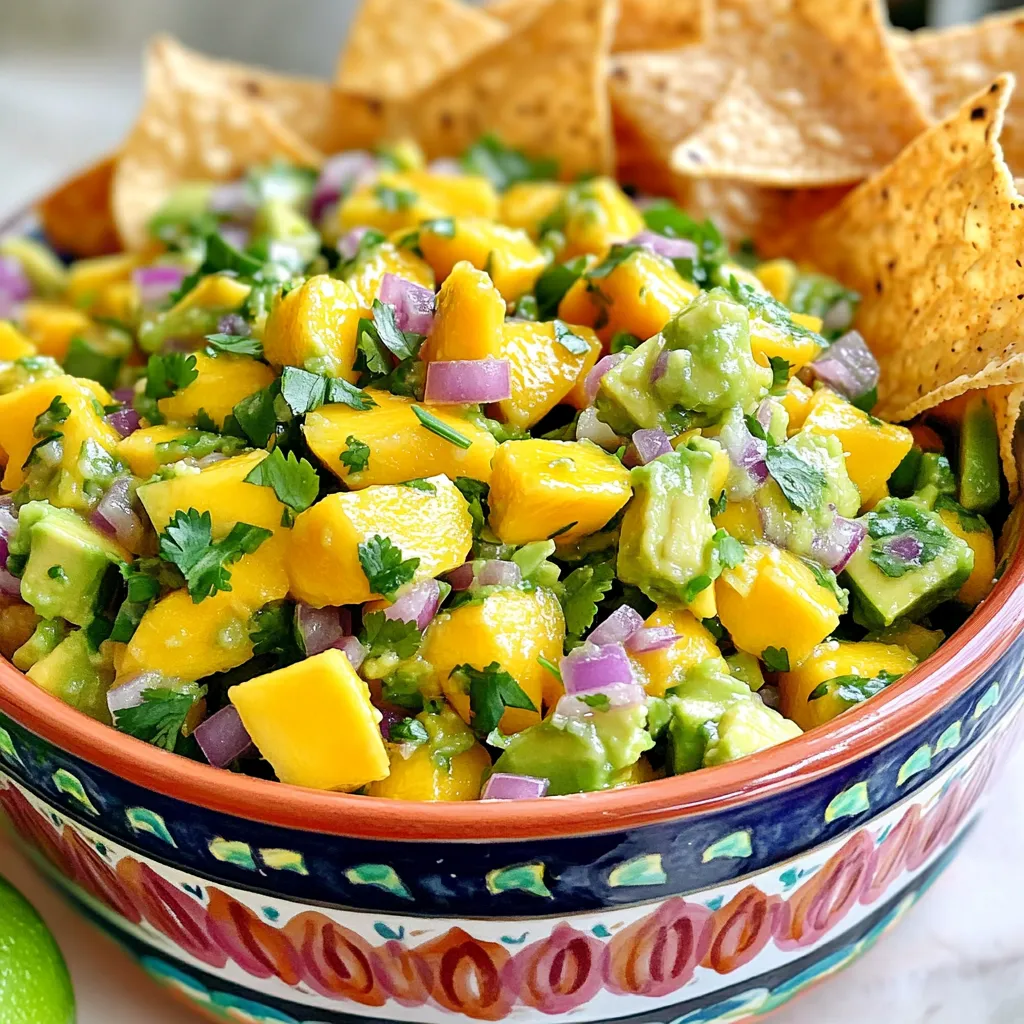 - Ripe mango - Ripe avocados - Small red onion - Jalapeño pepper - Fresh cilantro - Lime juice - Honey (optional) - Salt and pepper For four servings, use: - 1 ripe mango, diced - 2 ripe avocados, diced - 1 small red onion, finely chopped - 1 jalapeño, deseeded and minced - 1/4 cup fresh cilantro, chopped - Juice of 2 limes - 1 tablespoon honey (optional) - Salt and pepper to taste When you need to feed more or fewer people, adjust the amounts. For larger groups, double the recipe. If you want fewer servings, cut the amounts in half. This way, you can enjoy the fresh flavors without waste. Remember, it’s all about balance. Fresh ingredients boost the flavor and health of your dish. For the full recipe, check out the Tropical Mango Avocado Salsa section. First, we need to prep the fresh ingredients. Start by dicing the ripe mango into small cubes. Use a sharp knife for clean cuts. Then, do the same with the avocados. Make sure they are ripe but firm. This gives a nice texture. Next, finely chop the small red onion. The onion adds a sweet crunch. Then, take the jalapeño pepper. Remove the seeds if you want less heat. Mince it into tiny pieces. This step is key for flavor and spice. Now, grab a large mixing bowl. Combine the diced mango and avocado. Add the chopped red onion and minced jalapeño. Pour in the chopped cilantro for a fresh taste. When mixing, be gentle. I like to fold the ingredients rather than stir. This keeps the avocado pieces intact and gives a nice look. You want to see those colorful chunks! Next, squeeze the juice of two limes over the mixture. This adds brightness. If you like a bit of sweetness, now is the time to add honey. It balances the flavors well. Now, season the salsa with salt and pepper. Taste it and adjust as needed. Cover the bowl with plastic wrap. Let it rest for at least 15 minutes. This allows the flavors to blend beautifully. For the full recipe, check out the Tropical Mango Avocado Salsa. To make the best Mango Avocado Salsa, start with ripe mangoes. Look for ones that yield slightly to pressure. This softness shows they are sweet and juicy. For avocados, choose ones that are dark green and slightly soft. Press gently to check ripeness. Next, pick a small red onion. It should be firm and glossy. This onion adds a nice crunch and mild flavor. For the jalapeño, select one that is smooth and bright. If you want spice, choose a fresh one. You can always remove seeds for less heat. To boost the taste, consider adding spices or herbs. A pinch of cumin gives a warm depth. Chopped mint can add a fresh twist. You can also use garlic for a savory touch. Adjust sweetness and acidity to fit your taste. If the salsa is too tart, add a little honey. If it’s too sweet, squeeze more lime juice. Taste as you go to find the right balance. Mango Avocado Salsa is versatile. Serve it in a colorful bowl and garnish with cilantro. Use it as a dip with tortilla chips for a fun snack. You can also top grilled fish or chicken with it. This adds a fresh element to any main dish. For a unique twist, try it on tacos or as a side for rice dishes. The bright flavors will complement many meals. Enjoy making this fresh and flavorful delight from the [Full Recipe]. {{image_2}} You can make your mango avocado salsa even more fun. Try adding pineapple or kiwi for a sweet twist. Pineapple brings a juicy burst, while kiwi adds a tangy kick. Diced bell peppers also work well. They give a nice crunch and bright color. Mix and match these fruits to find your favorite flavor combo. If you love spice, adjust the heat in your salsa. Use different types of peppers to change the kick. For a mild salsa, try a sweet bell pepper. For more heat, jalapeños are great. You can also use serrano peppers for extra spice. Taste as you go to find the perfect balance between spicy and sweet. Making this salsa vegan or gluten-free is easy! All the main ingredients fit these diets. You can add more nutrients, too. Consider adding black beans or corn for extra fiber. These additions make the salsa heartier and add flavor. Enjoy this fresh dish while also keeping it healthy! For the full recipe, check out the Tropical Mango Avocado Salsa. To keep your Mango Avocado Salsa fresh, store leftovers in an airtight container. This method helps prevent air exposure, which causes browning. You should use a container that seals well. If you have extra lime juice, add a bit on top before sealing. This will slow down browning and keep flavors bright. Your salsa will last about 2 to 3 days in the fridge. After that, the avocados may turn brown, and the texture will change. Look for signs of spoilage, like a sour smell or mold. If you see any of these, it’s best to toss it out. Trust your senses; they will help you decide. Yes, you can freeze Mango Avocado Salsa, but the texture might change when thawed. If you want to freeze it, skip the avocado during prep. You can mix everything else, then add diced avocado after thawing. To thaw, place it in the fridge overnight. This will help preserve the salsa’s texture and flavor. Enjoy your fresh salsa! You can find the full recipe to try again later. To stop avocados from browning, use lime juice. The acid in lime slows down oxidation. Here are a few tips to keep your salsa fresh: - Use lime juice: Squeeze fresh lime juice over the diced avocados. - Cover tightly: Use plastic wrap to cover the salsa. Press it against the surface to remove air. - Store in the fridge: Keep it cool in an airtight container. Yes, you can make this salsa ahead! It tastes great when the flavors meld together. Here are best practices for prep and storage: - Prep the ingredients: Dice the mango and avocados just before serving. - Combine flavors: Mix everything except the avocado. Add the avocado right before serving. - Store properly: Keep it in an airtight container in the fridge for up to a day. Mango Avocado Salsa is healthy and tasty. It offers many nutritional perks: - Rich in vitamins: Mangoes are high in vitamin C. Avocados provide healthy fats. - Low in calories: This salsa is light and refreshing. - High in fiber: Both mangoes and avocados are great sources of fiber. Mango Avocado Salsa differs from traditional salsa in many ways: - Flavor: This salsa is sweet and creamy, unlike the spicy and tangy taste of classic salsas. - Ingredients: It uses mangoes and avocados, while traditional salsa often uses tomatoes. - Usages: You can pair this salsa with fish or chicken, while traditional salsa is great with chips. For the full recipe, check out the Tropical Mango Avocado Salsa section above! This blog post shared how to make Mango Avocado Salsa. We covered fresh ingredients like mangoes and avocados, along with tips for measuring and mixing. I also provided ways to enhance flavor and variations to try. Proper storage and FAQs helped round out your understanding. Enjoy making your salsa! Remember to get ripe produce for the best taste. With these tips, you can impress everyone at your next gathering. Whether you keep it simple or try new spins, delicious salsa awaits!